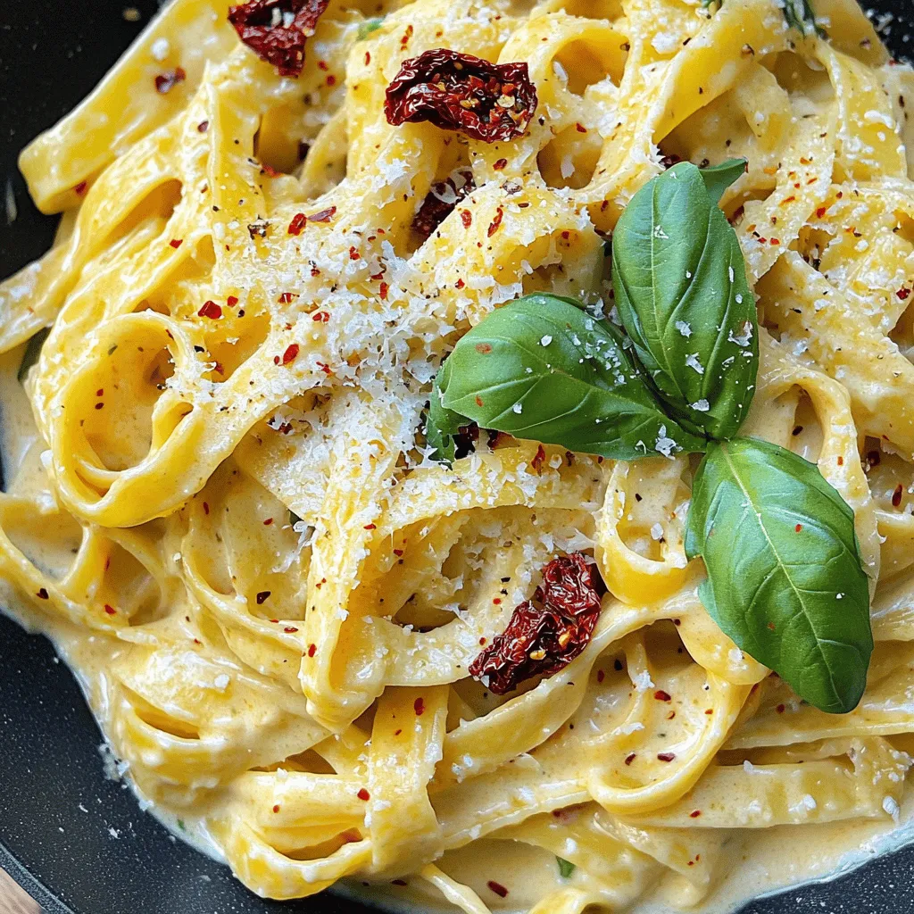- 8 oz pasta (fettuccine or penne) - 1 cup sun-dried tomatoes (packed in oil), chopped - 2 tablespoons olive oil (from sun-dried tomatoes jar) - 3 cloves garlic, minced - 1 cup heavy cream - 1 cup grated Parmesan cheese - 1 teaspoon dried basil - 1 teaspoon dried oregano - Salt and black pepper to taste - Fresh basil leaves for garnish - Optional: Chili flakes for a spicy kick I love using high-quality ingredients for this recipe. The pasta is the base, so I prefer fettuccine or penne. Both hold the sauce well. Sun-dried tomatoes add intense flavor, and I always use those packed in oil. The oil gives the dish an extra layer of taste. Garlic is a must. I use fresh cloves, minced finely to release their flavor. Heavy cream makes the sauce rich and creamy. Don’t forget the Parmesan cheese! It adds a salty, nutty taste. Dried herbs like basil and oregano bring warmth and depth. I season with salt and black pepper for balance. If you want some heat, chili flakes work great. Finally, fresh basil leaves on top make it look beautiful and fresh. These ingredients come together to create a delightful meal! Start by boiling a large pot of salted water. A good rule is to add about 1 tablespoon of salt for every 4 quarts of water. This enhances the pasta’s flavor. Once the water is boiling, add 8 ounces of your choice of pasta, like fettuccine or penne. Cook according to the package instructions until the pasta is al dente. This usually takes around 8 to 10 minutes. Al dente means the pasta should be firm but cooked through. Reserve about ½ cup of the pasta water before draining the pasta. Set it aside while you prepare the sauce. In the same pot or a large skillet, pour in 2 tablespoons of olive oil from the sun-dried tomato jar. Heat it over medium heat. Next, add 3 cloves of minced garlic. Sauté it for about 1 minute. Be careful not to let it burn, as burnt garlic can taste bitter. If it starts to brown too quickly, lower the heat. Add 1 cup of chopped sun-dried tomatoes to the skillet. Stir and cook for 2 to 3 minutes, allowing the flavors to meld. Lower the heat and pour in 1 cup of heavy cream. This will create a rich base for your sauce. Stir well and bring it to a gentle simmer. Then, mix in 1 cup of grated Parmesan cheese, 1 teaspoon of dried basil, and 1 teaspoon of dried oregano. Keep stirring until the cheese melts and the sauce thickens. If the sauce seems too thick, add some of the reserved pasta water until you reach the desired consistency. Now, add the drained pasta to the creamy sauce. Toss it gently to coat every piece of pasta evenly. Season with salt and black pepper to taste. If you enjoy a bit of heat, sprinkle in some chili flakes for an extra kick. To serve, divide the pasta into bowls. Garnish with fresh basil leaves for a pop of color and added flavor. You can also sprinkle more Parmesan on top if you like. For an exciting twist, consider adding extra flavors like olives or capers, or even a squeeze of lemon for brightness. To kick up the taste of your creamy sun-dried tomato pasta, consider these spices: - Garlic powder for extra garlic flavor - Fresh herbs like parsley or thyme for brightness - A squeeze of lemon juice for acidity You can pair this dish with grilled chicken or shrimp for added protein. A side salad with a light vinaigrette balances the richness well. Some common pitfalls include: - Overheating the cream, which can lead to curdling - Not stirring enough, which can lead to uneven sauce If you use whole wheat pasta or gluten-free options, adjust the cooking time. Whole wheat may take a bit longer, while gluten-free pasta often cooks faster. For a visually appealing dish, try these plating tips: - Twirl the pasta into nests for height - Sprinkle extra Parmesan and fresh basil on top - Add a drizzle of olive oil for shine Good side dishes include garlic bread or roasted vegetables. They complement the pasta's creamy texture nicely. {{image_2}} You can make this dish even better by adding protein. Chicken is a great choice. Simply cook diced chicken in the same pan before adding garlic. Shrimp also works well. Just sauté them until they're pink and tender. If you prefer a vegetarian option, try tofu or chickpeas. For tofu, cut it into cubes and pan-fry until golden. For chickpeas, canned ones work perfectly. Just rinse and toss them in with the sun-dried tomatoes. Both options will add texture and nutrients. Fettuccine and penne are perfect for this creamy sauce. They hold the sauce well. But don’t be afraid to experiment with other shapes like rigatoni or bowties! If you need a gluten-free option, look for gluten-free pasta made from rice or quinoa. These will give you a similar taste and texture. Make sure to check the cooking time, as it may vary. You can change this dish with the seasons. In spring, add peas or asparagus for a fresh twist. Summer is great for zucchini or bell peppers. Fall calls for roasted butternut squash. Winter is perfect for kale or spinach. Fresh herbs can really brighten up the dish. Basil is classic, but you can also use parsley or thyme. Just chop them and sprinkle over the pasta before serving. It adds color and a burst of flavor! To keep your creamy sun-dried tomato pasta fresh, refrigerate it. Place it in an airtight container. This helps prevent it from drying out. It stays good for about three days in the fridge. If you want to store it longer, freezing is a great option. First, let the pasta cool completely. Then, transfer it to a freezer-safe container. You can also use freezer bags. Remove as much air as you can. This way, it can last for up to three months in the freezer. When it's time to enjoy your pasta again, reheating is key. The best method is to use a skillet. Add a splash of water or cream to help keep it moist. Heat it over low to medium heat. Stir it often to warm it evenly. This helps maintain the creamy texture you love. If you're short on time, the microwave works, too! Just cover it with a damp paper towel. This helps steam it and keeps it from drying out. Make sure to stir it halfway through for even heat. To make Creamy Sun-Dried Tomato Pasta lighter, consider these swaps: - Use whole wheat or brown rice pasta for more fiber. - Replace heavy cream with half-and-half or unsweetened almond milk. - Cut back on Parmesan cheese or use a lower-fat version. - Add more vegetables like spinach or zucchini to bulk it up without extra calories. These changes will help reduce calories and fat while keeping the dish tasty. Yes, you can easily substitute ingredients in this recipe: - Use any pasta you enjoy, like spaghetti or gluten-free options. - Swap sun-dried tomatoes for roasted red peppers for a different flavor. - Replace heavy cream with coconut cream for a dairy-free option. - Use nutritional yeast instead of Parmesan for a cheesy flavor without dairy. These substitutions keep the dish flexible and fun. To make Creamy Sun-Dried Tomato Pasta vegan: - Use plant-based cream, like cashew cream or coconut cream. - Replace Parmesan cheese with nutritional yeast or vegan cheese. - Ensure that your pasta is egg-free, using semolina or whole grain options. - You can also add vegan protein, like chickpeas or tofu, for extra texture. These swaps make the dish vegan-friendly and still delicious. For a complete meal, consider these side dishes: - A fresh green salad with a light vinaigrette. - Garlic bread or crusty bread to soak up the sauce. - Roasted vegetables, like asparagus or bell peppers, for added nutrients. - A light soup, such as minestrone, to start the meal. These options complement the pasta and round out your meal nicely. This blog post covered all you need to make creamy sun-dried tomato pasta. We explored essential ingredients, step-by-step cooking instructions, and clever tips. You learned about variations and storage methods to keep leftovers fresh. Remember, you can customize this dish to suit your tastes. Enjoy creating your version with different proteins or spices. Don't hesitate to experiment and have fun in the kitchen! Your next delicious meal is just a recipe away.