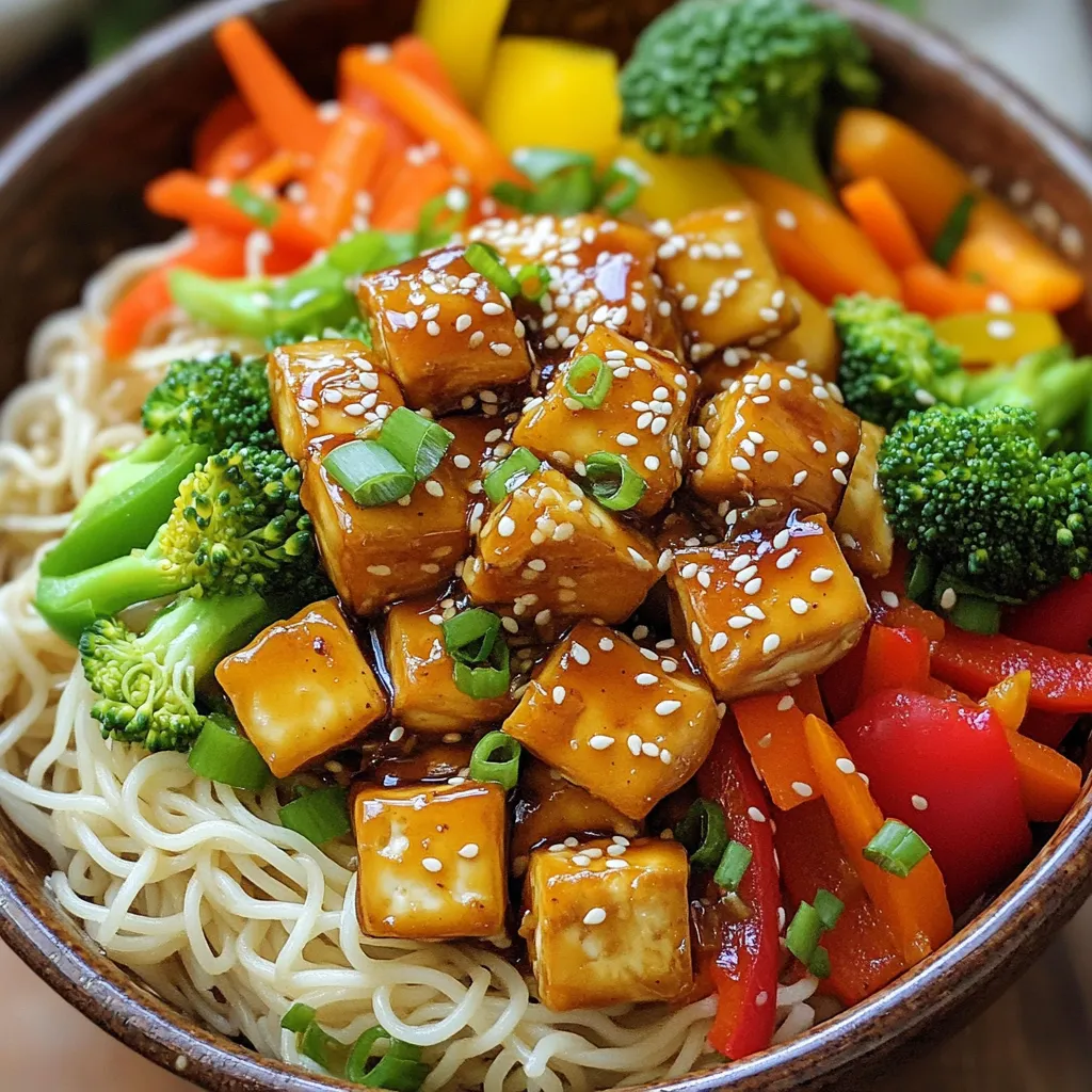 - 1 block (14 oz) firm tofu, pressed and cubed - 3 tablespoons honey - 3 tablespoons soy sauce (or tamari for gluten-free) - 2 garlic cloves, minced - 1 cup bell peppers (sliced, mixed colors) - 1 cup broccoli florets - 1 carrot, julienned - 2 green onions, chopped - 1 tablespoon sesame oil - 1 tablespoon cornstarch - 8 oz rice noodles - Sesame seeds for garnish - Salt and pepper to taste Honey Garlic Tofu Noodle Bowls are a delight! I love the mix of flavors. You start with firm tofu. It gives the dish a nice base. Firm tofu holds its shape well. You can cube it easily, which is great for cooking. Next, honey adds sweetness. It balances the salt from soy sauce. You can use tamari if you want a gluten-free meal. Minced garlic brings a bold flavor. It pairs perfectly with the honey and soy sauce. Now let's talk veggies. I love colorful bell peppers. They add crunch and taste. Broccoli is also a must. It adds fiber and nutrients. The julienned carrot adds a bit of sweetness and color. Lastly, green onions give a fresh finish. Don't forget the extra ingredients! Sesame oil adds richness. Cornstarch gives the tofu a crispy texture. Rice noodles are great as they soak up the sauce. For garnish, sprinkle sesame seeds on top. You can also season with salt and pepper to taste. All these ingredients come together to make a tasty meal. You will find this dish both fun and easy to make! To begin, we need to press the tofu. This step helps remove extra moisture. Place the tofu block on a plate and cover it with another plate. Add some weight on top, like a can. Let it press for at least 15 minutes. After pressing, cut the tofu into 1-inch cubes. This size allows for easy cooking and great flavor absorption. Next, we make the marinade. In a bowl, mix together 3 tablespoons of honey, 3 tablespoons of soy sauce, 2 minced garlic cloves, and 1 tablespoon of sesame oil. Once mixed, add the cubed tofu to the bowl. Toss it gently to coat all pieces. Let the tofu marinate for at least 20 minutes. This step adds rich flavor to the tofu. While the tofu marinates, cook the rice noodles. Follow the package instructions. Typically, this takes about 5-7 minutes. When they are tender, drain the noodles in a colander. Rinse them with cold water to stop the cooking. Set the noodles aside until you are ready to combine everything. Now, it’s time to cook the tofu. Heat a non-stick skillet over medium heat. Add the marinated tofu to the skillet, saving the marinade for later. Sprinkle 1 tablespoon of cornstarch over the top. Cook the tofu for about 8-10 minutes. Turn the pieces occasionally until they are golden brown and slightly crispy. Once the tofu is cooked, we add the veggies. Toss in 1 cup of sliced bell peppers, 1 cup of broccoli florets, and 1 julienned carrot. Stir-fry these for 5-7 minutes. You want the vegetables to be tender but still crisp. This keeps the dish vibrant and fresh. Lastly, we combine everything. Pour the reserved marinade over the tofu and vegetables. Cook for another 2-3 minutes. This allows the sauce to thicken and coat everything well. Season the mix with salt and pepper to taste. In a large bowl, combine the cooked rice noodles with the tofu and vegetable mix. Toss gently to ensure everything is well combined. Tofu comes in different types, but firm or extra-firm works best for this dish. Firm tofu holds its shape better, while extra-firm is denser. I prefer firm tofu for a nice balance. To prepare it, press the tofu for at least 15 minutes. This step removes excess moisture. You can use a tofu press or wrap it in a clean towel. Put something heavy on top to help squeeze out the water. You can boost the taste with herbs and spices. I suggest trying ginger, chili flakes, or even scallions. These add great depth to the dish. If you want it sweeter, add more honey. For saltiness, adjust the soy sauce. Taste as you go, so you get the balance just right. Using the right tools makes cooking easier. I recommend a non-stick skillet. It helps prevent sticking and makes cleanup simple. A good spatula is also key for flipping the tofu gently. If you have a large pot for the noodles, that works well too. The right equipment makes this meal fun to prepare! {{image_2}} If you want a gluten-free dish, switch soy sauce for tamari. Tamari has a similar taste but is made without wheat. This makes it safe for those with gluten allergies. You still keep the sweet and savory flavor in this meal. Feel free to mix in other veggies too. Zucchini, snap peas, or mushrooms work well. You can also use seasonal vegetables for fresh flavor. Think about adding asparagus in spring or squash in fall. These swaps keep your meal exciting and colorful. Not a fan of tofu? You can try chicken, shrimp, or tempeh instead. Just adjust your cooking time. For chicken, cut it into small pieces. Cook until it’s no longer pink. If you choose shrimp, they only need a few minutes to cook. They turn pink when done. This way, you still enjoy a tasty meal! To keep your Honey Garlic Tofu Noodle Bowls fresh, store them in the fridge. Use airtight containers for this. This helps keep the flavors intact. Make sure to let the dish cool first. I recommend using glass containers. They do not retain odors and are safe for heating. When reheating, the goal is to keep the texture nice. The stove is best for this. Heat a non-stick pan over medium heat. Add a splash of water or oil to keep it moist. Stir the mix gently until heated through. You can also use the microwave. Just cover the bowl to keep moisture in. Heat in short bursts, stirring in between. To freeze, pack the noodles and tofu in freezer-safe bags. Make sure to remove as much air as you can. This helps avoid freezer burn. When ready to eat, thaw the bowl in the fridge overnight. Reheat on the stove for best results. This method keeps the flavor and texture close to fresh. Yes, you can easily make this dish vegan. Instead of honey, use maple syrup or agave nectar. Both options work well and keep the sweet flavor. This swap does not change the taste much. Just make sure to check the labels for any hidden animal products. This recipe takes about 45 minutes in total. You spend around 20 minutes prepping the ingredients. The cooking part takes about 25 minutes. This makes it a quick and tasty meal option. Absolutely! You can swap rice noodles for other types. Try using soba noodles or udon noodles for a fun twist. You can even use zucchini noodles for a low-carb option. Just cook them according to package instructions. Serve Honey Garlic Tofu Noodle Bowls with a side salad or steamed veggies. A light cucumber salad pairs well, too. You can also add a sprinkle of crushed peanuts for extra crunch. This meal goes great with flavors like lime or chili for a kick. You now have a tasty recipe for Honey Garlic Tofu Noodle Bowls. We explored the key ingredients, cooking steps, and helpful tips to elevate your dish. You learned how to choose the right tofu, enhance flavors, and customize with different veggies. This dish is easy to store and reheat, making it perfect for meal prep. Experiment with variations and enjoy flavorful meals any day. Keep these techniques handy, and you will impress everyone with your cooking skills!