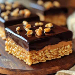 To make these No Bake Chocolate Peanut Butter Krispie Bars, you need: - 2 cups crispy rice cereal - 1 cup creamy peanut butter - 1 cup honey or maple syrup - 1 cup dark chocolate chips - 1 teaspoon vanilla extract - A pinch of salt These ingredients work together to create a tasty treat that is easy and quick to make. If you want to switch things up, consider these substitutes: - Instead of honey, use maple syrup for a vegan option. - Swap creamy peanut butter for crunchy peanut butter for extra texture. - Use milk chocolate chips if you prefer a sweeter taste. These swaps can help you customize the bars to your liking. Feel free to enhance your bars with these add-ins: - Add chopped nuts for crunch. - Mix in mini marshmallows for sweetness. - Sprinkle sea salt on top for a salty kick. These options allow you to make your bars unique and exciting! First, gather your ingredients. You will need creamy peanut butter and honey or maple syrup. Measure one cup of each. Next, take a medium saucepan and place it on low heat. Add the peanut butter and honey to the pan. Stir with a spoon as they heat up. Keep stirring until the mix melts and blends well. This step is key! Once it is smooth, take it off the heat. Now, stir in one teaspoon of vanilla extract and a pinch of salt. This gives the mixture a nice flavor boost. Now, grab a large mixing bowl. Measure two cups of crispy rice cereal and pour it into the bowl. Take your warm peanut butter mixture and pour it over the cereal. Use a spatula to gently fold the cereal into the mix. Make sure all the cereal gets coated. This part is fun! You will see the mixture start to come together. Once it looks even, you’re ready for the next step. For the next step, you’ll need dark chocolate chips. Measure one cup and place them in a microwave-safe bowl. Put the bowl in the microwave and heat it in 30-second bursts. Stir in between each burst until the chocolate is fully melted. It should be smooth and shiny. Carefully pour the melted chocolate over the cereal mixture in the pan. Use your spatula to spread it evenly. This creates a nice top layer. After this, put the pan in the fridge for at least one hour. This helps the bars set. After an hour, you can lift them out and cut them into squares! Enjoy your tasty treat! To get the best texture for your bars, pay close attention to the peanut butter and honey mixture. Heat it slowly on low. This helps it melt well. Stir it until smooth. Avoid high heat; it can change the taste and texture. When mixing in the crispy rice cereal, fold gently. This keeps the cereal crunchy. Press the mixture firmly into the pan. A flat layer helps the bars hold together. One big mistake is not measuring the ingredients correctly. Too much cereal can make the bars dry. Too little can make them too sticky. Another mistake is rushing the cooling time. If you cut the bars too soon, they may fall apart. Always let them chill in the fridge for at least one hour. Also, don’t skip the salt. It helps balance the sweetness of the chocolate and peanut butter. Serve your bars on a fun plate. You can drizzle extra melted chocolate on top for flair. Crushed peanuts also add a nice crunch. For a treat, pair them with a glass of milk or a scoop of ice cream. These bars are great for parties or snack time. They also make a nice gift. Just wrap them in pretty paper for a sweet surprise! {{image_2}} You can switch up the chocolate in this recipe. Dark chocolate gives a rich taste. Milk chocolate adds sweetness and creaminess. For a fun twist, try white chocolate. It pairs nicely with the peanut butter. Each chocolate adds its own flavor. Mixing chocolates can also create a unique taste. If you want to change the nut butter, use almond or cashew butter. These options have great flavors and textures. Sunflower seed butter is a good choice for nut-free diets. Each nut butter will give a different taste. Experiment with your favorite to find the best fit for you. You can add more fun to these bars. Try adding mini marshmallows for a chewy texture. Raisins give a sweet touch and a bit of chewiness. You can even mix in coconut flakes for a tropical vibe. Chia seeds or flaxseeds boost nutrition and add crunch. Let your creativity shine with these tasty options! To keep your No Bake Chocolate Peanut Butter Krispie Bars fresh, store them in an airtight container. I recommend placing a piece of parchment paper between layers if you stack the bars. This method helps prevent them from sticking together. Keep the container in a cool, dry place, away from heat or sunlight. This will help maintain their texture and flavor. Your delicious bars can last up to one week at room temperature. If you store them in the fridge, they can stay fresh for up to two weeks. Just make sure to check for any signs of spoilage before enjoying. If you notice any changes in texture or smell, it's best to toss them. If you want to keep your bars for longer, freezing is a great option. First, cut the bars into squares or rectangles. Wrap each piece tightly in plastic wrap. Then, place them in a freezer-safe bag or container. They can last up to three months in the freezer. When you're ready to enjoy them, just take them out and let them thaw in the fridge for a few hours. Enjoy your tasty treat! Yes, you can use agave syrup instead of honey. Both sweeteners work well in this recipe. Agave syrup has a mild taste, which matches the peanut butter. It makes the bars just as sweet and tasty. Absolutely! These bars are very kid-friendly. They have a rich chocolate and peanut butter flavor that kids love. Plus, they are easy to make. Kids can help mix and press the layers, making it a fun kitchen activity. To make these bars vegan, you need to swap a few ingredients. Use maple syrup instead of honey. Choose dark chocolate chips that are dairy-free. You can use any nut butter that fits your diet. Enjoy a delicious vegan treat! This article covers how to make tasty peanut butter bars. We explored required ingredients, substitutes, and optional add-ins for flexibility. I shared step-by-step instructions to guide you through preparation, mixing, and melting chocolate. You learned tips for the best texture and common mistakes to avoid. We also looked at variations, storage, and answered common questions. Now, it’s time to try this fun recipe. Enjoy making these bars your way!