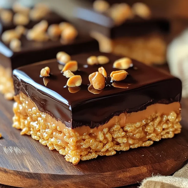 To make these No Bake Chocolate Peanut Butter Krispie Bars, you need: - 2 cups crispy rice cereal - 1 cup creamy peanut butter - 1 cup honey or maple syrup - 1 cup dark chocolate chips - 1 teaspoon vanilla extract - A pinch of salt These ingredients work together to create a tasty treat that is easy and quick to make. If you want to switch things up, consider these substitutes: - Instead of honey, use maple syrup for a vegan option. - Swap creamy peanut butter for crunchy peanut butter for extra texture. - Use milk chocolate chips if you prefer a sweeter taste. These swaps can help you customize the bars to your liking. Feel free to enhance your bars with these add-ins: - Add chopped nuts for crunch. - Mix in mini marshmallows for sweetness. - Sprinkle sea salt on top for a salty kick. These options allow you to make your bars unique and exciting! First, gather your ingredients. You will need creamy peanut butter and honey or maple syrup. Measure one cup of each. Next, take a medium saucepan and place it on low heat. Add the peanut butter and honey to the pan. Stir with a spoon as they heat up. Keep stirring until the mix melts and blends well. This step is key! Once it is smooth, take it off the heat. Now, stir in one teaspoon of vanilla extract and a pinch of salt. This gives the mixture a nice flavor boost. Now, grab a large mixing bowl. Measure two cups of crispy rice cereal and pour it into the bowl. Take your warm peanut butter mixture and pour it over the cereal. Use a spatula to gently fold the cereal into the mix. Make sure all the cereal gets coated. This part is fun! You will see the mixture start to come together. Once it looks even, you’re ready for the next step. For the next step, you’ll need dark chocolate chips. Measure one cup and place them in a microwave-safe bowl. Put the bowl in the microwave and heat it in 30-second bursts. Stir in between each burst until the chocolate is fully melted. It should be smooth and shiny. Carefully pour the melted chocolate over the cereal mixture in the pan. Use your spatula to spread it evenly. This creates a nice top layer. After this, put the pan in the fridge for at least one hour. This helps the bars set. After an hour, you can lift them out and cut them into squares! Enjoy your tasty treat! To get the best texture for your bars, pay close attention to the peanut butter and honey mixture. Heat it slowly on low. This helps it melt well. Stir it until smooth. Avoid high heat; it can change the taste and texture. When mixing in the crispy rice cereal, fold gently. This keeps the cereal crunchy. Press the mixture firmly into the pan. A flat layer helps the bars hold together. One big mistake is not measuring the ingredients correctly. Too much cereal can make the bars dry. Too little can make them too sticky. Another mistake is rushing the cooling time. If you cut the bars too soon, they may fall apart. Always let them chill in the fridge for at least one hour. Also, don’t skip the salt. It helps balance the sweetness of the chocolate and peanut butter. Serve your bars on a fun plate. You can drizzle extra melted chocolate on top for flair. Crushed peanuts also add a nice crunch. For a treat, pair them with a glass of milk or a scoop of ice cream. These bars are great for parties or snack time. They also make a nice gift. Just wrap them in pretty paper for a sweet surprise! {{image_2}} You can switch up the chocolate in this recipe. Dark chocolate gives a rich taste. Milk chocolate adds sweetness and creaminess. For a fun twist, try white chocolate. It pairs nicely with the peanut butter. Each chocolate adds its own flavor. Mixing chocolates can also create a unique taste. If you want to change the nut butter, use almond or cashew butter. These options have great flavors and textures. Sunflower seed butter is a good choice for nut-free diets. Each nut butter will give a different taste. Experiment with your favorite to find the best fit for you. You can add more fun to these bars. Try adding mini marshmallows for a chewy texture. Raisins give a sweet touch and a bit of chewiness. You can even mix in coconut flakes for a tropical vibe. Chia seeds or flaxseeds boost nutrition and add crunch. Let your creativity shine with these tasty options! To keep your No Bake Chocolate Peanut Butter Krispie Bars fresh, store them in an airtight container. I recommend placing a piece of parchment paper between layers if you stack the bars. This method helps prevent them from sticking together. Keep the container in a cool, dry place, away from heat or sunlight. This will help maintain their texture and flavor. Your delicious bars can last up to one week at room temperature. If you store them in the fridge, they can stay fresh for up to two weeks. Just make sure to check for any signs of spoilage before enjoying. If you notice any changes in texture or smell, it's best to toss them. If you want to keep your bars for longer, freezing is a great option. First, cut the bars into squares or rectangles. Wrap each piece tightly in plastic wrap. Then, place them in a freezer-safe bag or container. They can last up to three months in the freezer. When you're ready to enjoy them, just take them out and let them thaw in the fridge for a few hours. Enjoy your tasty treat! Yes, you can use agave syrup instead of honey. Both sweeteners work well in this recipe. Agave syrup has a mild taste, which matches the peanut butter. It makes the bars just as sweet and tasty. Absolutely! These bars are very kid-friendly. They have a rich chocolate and peanut butter flavor that kids love. Plus, they are easy to make. Kids can help mix and press the layers, making it a fun kitchen activity. To make these bars vegan, you need to swap a few ingredients. Use maple syrup instead of honey. Choose dark chocolate chips that are dairy-free. You can use any nut butter that fits your diet. Enjoy a delicious vegan treat! This article covers how to make tasty peanut butter bars. We explored required ingredients, substitutes, and optional add-ins for flexibility. I shared step-by-step instructions to guide you through preparation, mixing, and melting chocolate. You learned tips for the best texture and common mistakes to avoid. We also looked at variations, storage, and answered common questions. Now, it’s time to try this fun recipe. Enjoy making these bars your way!