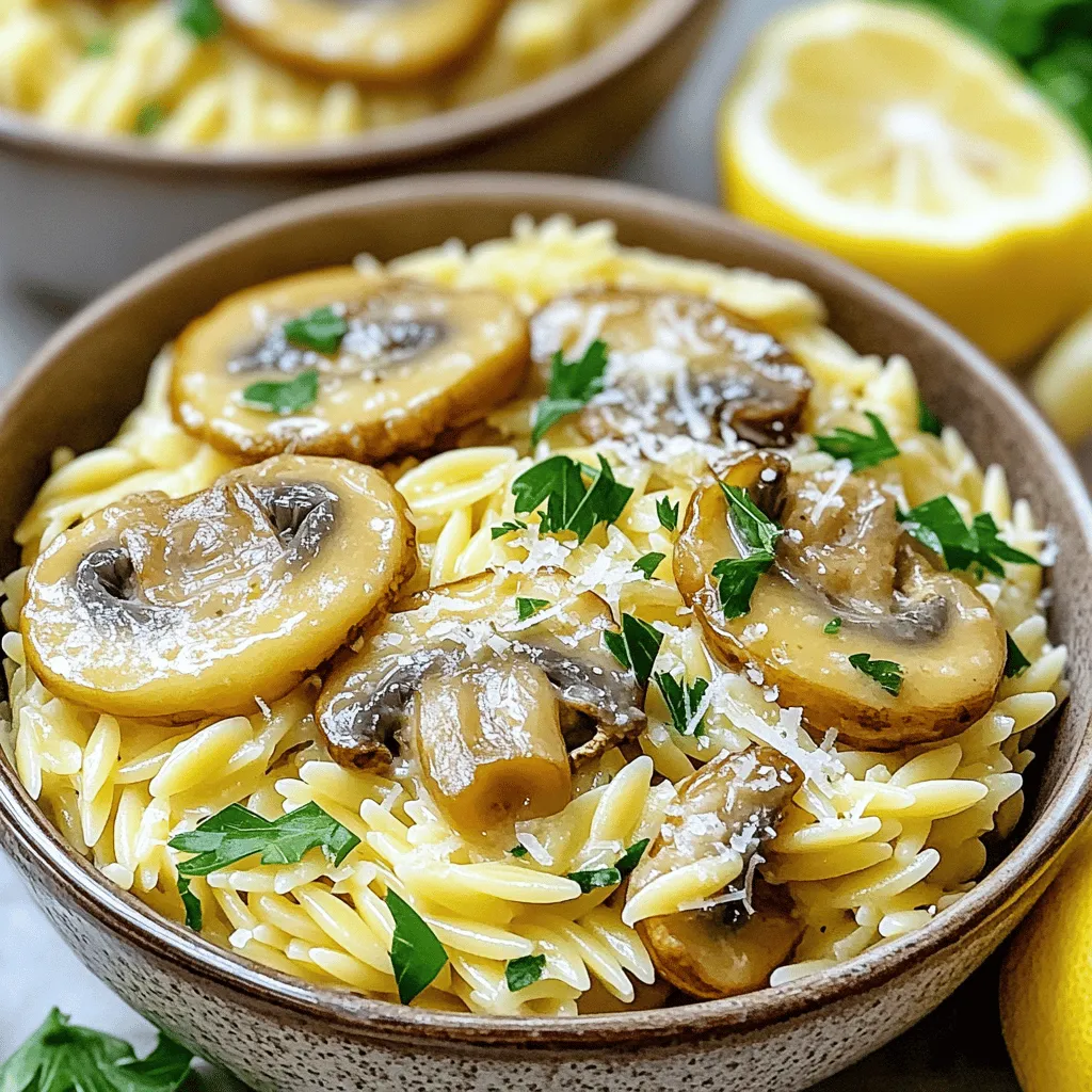 To make Garlic Butter Mushroom Orzo, gather these ingredients: - 1 cup orzo pasta - 2 tablespoons unsalted butter - 3 cloves garlic, minced - 8 oz mushrooms (cremini or button), sliced - 1 small onion, finely chopped - 2 cups vegetable broth - 1/2 cup heavy cream - 1/4 cup grated Parmesan cheese - Salt and pepper to taste - 2 tablespoons fresh parsley, chopped - 1 teaspoon dried thyme - Zest of 1 lemon You can swap some ingredients if needed. For orzo, try using rice or quinoa. Use olive oil instead of unsalted butter for a dairy-free option. If you don't have heavy cream, coconut cream works well. For cheese, nutritional yeast gives a great flavor without dairy. You can also use any mushrooms you have on hand, like shiitake or portobello. Fresh ingredients make a big difference in flavor. Fresh garlic and herbs bring bright tastes to the dish. Using fresh mushrooms adds a nice, earthy flavor that enhances the meal. Always choose high-quality vegetable broth for the best taste. Fresh lemon zest brightens the dish and adds a burst of freshness. When you use fresh ingredients, your Garlic Butter Mushroom Orzo will shine. Start by heating 2 cups of vegetable broth in a medium pot. Set the heat to medium. Bring the broth to a gentle simmer. This step helps add flavor to the orzo later. It’s key to use fresh broth for the best taste. If you can, make your own broth. In a large skillet, add 2 tablespoons of unsalted butter. Melt it over medium heat. Once melted, toss in 1 small finely chopped onion. Sauté for about 3-4 minutes until the onion turns soft and translucent. Then, add 3 cloves of minced garlic. Cook for another 1-2 minutes, stirring often. This helps avoid burning the garlic. You want a nice aroma to fill your kitchen. Now, add 8 oz of sliced mushrooms to the skillet. Stir and cook for about 5-7 minutes. Look for the mushrooms to turn a golden brown. Next, pour in 1 cup of orzo pasta. Mix it well with the mushrooms and onions. After that, add your simmering vegetable broth from the pot. Cover the skillet and let it cook for 10 minutes. Stir occasionally. The orzo will soak up most of the broth, becoming tender. Once the orzo is cooked, lower the heat. Stir in 1/2 cup of heavy cream and 1/4 cup of grated Parmesan cheese. Add 1 teaspoon of dried thyme, the zest of 1 lemon, and salt and pepper to taste. Mix everything well until it’s creamy and heated through. This should take about 2-3 minutes. If you want more flavor, feel free to adjust the seasoning. Finally, take it off the heat and fold in 2 tablespoons of chopped fresh parsley for freshness. When cooking orzo, always use plenty of water. This helps the pasta cook evenly. Make sure to stir it often to prevent sticking. Cooking it in vegetable broth adds flavor. Taste the broth and adjust the salt. A little salt can enhance the taste. Always check the orzo for doneness. You want it al dente, meaning firm but not hard. To make your orzo creamy, add heavy cream at the right time. Lower the heat before mixing in the cream and cheese. Stir gently to combine everything well. This keeps the sauce smooth and rich. If it seems too thick, add a splash of broth. This will help loosen it up. Don’t forget to taste and adjust the seasoning! Adding fresh herbs can elevate your dish. I love using parsley, but you can try others too. Fresh thyme or basil works great. For a kick, add a pinch of red pepper flakes. Consider adding lemon zest for brightness. It lifts the dish and brings out the mushroom flavor. Fresh herbs bring color and taste to your meal. {{image_2}} You can easily boost Garlic Butter Mushroom Orzo with protein. Adding chicken or shrimp makes the dish heartier. For chicken, use diced breast or thighs. Cook them in the skillet before adding onions. For shrimp, add them when you cook the mushrooms. They only need a few minutes to cook through. This adds flavor and makes the dish more filling. If you want a vegetarian option, just leave out the cheese and cream. Use a plant-based cream and nutritional yeast instead. It keeps the dish creamy and adds a cheesy flavor. For vegans, switch the butter for olive oil or coconut oil. This makes it plant-based without losing taste. You can also change the veggies based on the season. In spring, try adding asparagus or peas. In fall, roasted pumpkin or squash gives a sweet touch. Mix in spinach or kale for extra greens all year round. These options not only add color but also make it more nutritious. Store any leftover Garlic Butter Mushroom Orzo in an airtight container. Make sure it cools down first. You can keep it in the fridge for up to three days. If you want to keep it longer, freezing is a great option. To freeze, let the orzo cool completely. Portion it into freezer-safe containers. Leave some space at the top of each container for expansion. You can freeze it for up to three months. When ready to eat, thaw it in the fridge overnight before reheating. When you’re ready to enjoy your orzo again, reheat it on low heat. Add a splash of vegetable broth or cream to keep it creamy. Stir often to prevent sticking. It should take about 5-10 minutes on the stovetop to heat through. Enjoy your meal as if it were fresh! Yes, you can use other pasta shapes. Try penne, fusilli, or even spaghetti. Each shape brings a different texture. Just adjust the cooking time based on your pasta choice. For example, thicker pasta may need a longer cook time. To make Garlic Butter Mushroom Orzo gluten-free, substitute orzo with gluten-free pasta. Many brands offer rice-based or corn-based options that work well. Just check the cooking instructions on the package. The rest of the recipe stays the same. This dish pairs nicely with many sides. Serve it with a fresh salad or garlic bread. You can also add a squeeze of lemon for brightness. If you want extra protein, grilled chicken or shrimp make great additions. Garlic Butter Mushroom Orzo lasts about 3-4 days in the fridge. Store it in an airtight container to keep it fresh. Make sure to reheat it gently on the stove or in the microwave. Add a splash of broth or cream to restore creaminess. This blog post covers the key steps to make Garlic Butter Mushroom Orzo. We explored vital ingredients, cooking techniques, and helpful tips for a creamy texture. You can customize this dish with proteins or seasonal veggies. Proper storage ensures your leftovers stay fresh. Remember, great meals start with fresh ingredients and careful preparation. Enjoy your cooking journey and make it your own!