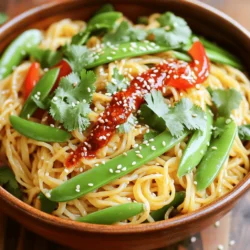 - 8 oz. rice noodles - 2 tablespoons vegetable oil - 3 cloves garlic, minced - 1 inch piece of ginger, grated To start, rice noodles make this dish light and chewy. I love using them because they soak up flavors well. Vegetable oil helps to stir-fry the garlic and ginger, giving a nice base. Minced garlic adds a strong aroma, while grated ginger gives a warm spice. - 1 tablespoon soy sauce - 2 tablespoons chili crisp (store-bought or homemade) - 1 tablespoon sesame oil Next, we add flavor enhancers. Soy sauce brings in a salty depth. Chili crisp adds heat and crunch, making the dish exciting. Sesame oil rounds it out with a nutty finish. - 1 cup snap peas, trimmed - 1 red bell pepper, thinly sliced - 2 green onions, chopped - Sesame seeds for garnish - Fresh cilantro, for garnish Fresh veggies add color and nutrition. Snap peas stay crisp, while red bell pepper adds sweetness. Green onions give a fresh bite. Finally, sesame seeds and cilantro make for a beautiful garnish. They also boost the flavor. This mix of ingredients creates a vibrant and tasty meal. Each part adds something special. Enjoy the process of gathering them! Start by boiling a large pot of water. Once it boils, add the 8 oz. of rice noodles. Cook them according to the package instructions until they are al dente. This usually takes about 4 to 6 minutes. When done, drain the noodles carefully and set them aside. Make sure to rinse them with cold water to stop the cooking process. In a large skillet or wok, heat 2 tablespoons of vegetable oil over medium heat. Add 3 cloves of minced garlic and 1 inch of grated ginger. Stir these for about 30 seconds until they smell great. Next, toss in 1 cup of snap peas and 1 thinly sliced red bell pepper. Stir-fry these veggies for about 3 to 4 minutes. You want them tender but still a little crisp. Now it’s time to mix everything. Add the drained rice noodles to the pan with the veggies. Toss them well to combine. Drizzle in 1 tablespoon of soy sauce, 2 tablespoons of chili crisp, and 1 tablespoon of sesame oil. Toss everything together until the noodles are well coated and heated through. Take it off the heat and add 2 chopped green onions. Give it one final toss. Plate the noodles in beautiful bowls. Finally, sprinkle with sesame seeds and fresh cilantro for a bright finish. Enjoy your spicy chili crisp noodles! To make Spicy Chili Crisp Noodles, rice noodles are your best choice. They come in different sizes, like thin vermicelli or thicker flat noodles. For this recipe, I recommend using 8 oz. of medium rice noodles. They cook quickly and soak up flavors well. When cooking rice noodles, bring a large pot of water to a boil. Add the noodles and cook them until they are al dente, which usually takes about 4-6 minutes. Be careful not to overcook them. Drain the noodles and set them aside for later. The spice level in your dish can be adjusted to fit your taste. If you want more heat, add extra chili crisp. If you prefer less spice, use a smaller amount. Remember, you can always add more later. You can use store-bought chili crisp for convenience. However, making your own can boost flavor. A homemade chili crisp can combine your favorite oils and spices. Experiment with garlic, onion, and pepper flakes for a personal touch. Spicy Chili Crisp Noodles pair well with a variety of sides. Try serving them with grilled chicken, shrimp, or tofu for added protein. You can also enjoy them with steamed vegetables or a fresh salad. For a beautiful presentation, plate the noodles in deep bowls. Garnish with chopped green onions, sesame seeds, and fresh cilantro. This not only adds color but also enhances the flavor. A good presentation makes your meal more inviting! {{image_2}} You can make these noodles even heartier by adding protein. Options include: - Chicken: Cook diced chicken until golden. Toss it in with the veggies. - Shrimp: Sauté shrimp until pink. They cook fast, so add them at the end. - Tofu: Use firm tofu. Cube it and sauté until crispy for a nice bite. Each option adds flavor and texture, making the dish more filling. This recipe can fit into different diets. Here’s how to adapt it: - Gluten-free: Use gluten-free soy sauce and rice noodles. They taste great and keep the dish safe for gluten-free eaters. - Vegan: Ensure your chili crisp and soy sauce are vegan. Using tofu as protein makes it a complete meal. These changes help you cater to various dietary needs without losing taste. You can personalize the flavor of these noodles. Here are some ideas: - Different sauces: Try hoisin or oyster sauce for a sweeter taste. - Extra spices: Add a pinch of cayenne or red pepper flakes for more heat. - Fresh herbs: Add basil or mint for a fresh twist. Experimenting with these options can make your dish unique every time you cook it. To keep your spicy chili crisp noodles fresh, store them in a sealed container. Make sure to let them cool down first. Place them in the fridge within two hours of cooking. This helps prevent bacteria growth. If you have extra chili crisp, store it separately. This keeps the noodles from getting soggy. They will taste better when you reheat them. When it's time to eat your leftovers, reheating is key to keeping them tasty. I suggest using a skillet over medium heat. Add a splash of water or broth to help steam the noodles. This keeps them from getting dry. Stir them often until they are hot. You can also microwave them. Place the noodles in a microwave-safe dish. Add a little water and cover it with a lid or a damp paper towel. Heat in short bursts, stirring in between, until warm. Your spicy chili crisp noodles can last in the fridge for about three to four days. After this, they may lose flavor and texture. Always check for any off smells or changes in color. If they seem off, it's best to throw them out. Chili crisp is a spicy oil-based condiment. It adds intense flavor and crunch to dishes. Common ingredients in chili crisp include: - Chili peppers - Garlic - Shallots - Oil - Peanuts or sesame seeds These ingredients create a rich, savory taste with heat. You can buy chili crisp or make your own at home. Yes, you can prepare this recipe in advance. Here are some tips: - Cook the noodles, but do not mix them with the sauce. - Store the veggies and sauce separately in airtight containers. - Keep everything in the fridge for up to two days. To reheat, warm the noodles and stir-fry the veggies. Then, mix in the sauce for a fresh meal. If you don’t have rice noodles, try these options: - Udon noodles - Soba noodles - Egg noodles Each type has a unique texture and flavor. Adjust cooking times based on the noodle you choose. Enjoy experimenting! Spicy Chili Crisp Noodles are a fun dish to make. We explored the key ingredients, from rice noodles to fresh vegetables. I shared step-by-step instructions to guide you through cooking. Tips on choosing the right noodles and adjusting flavors can help you perfect your dish. You can even make it your own with protein options and dietary changes. Remember, storing leftovers properly keeps them fresh. Enjoy your cooking adventure and create your own tasty variations!