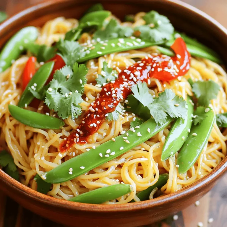 - 8 oz. rice noodles - 2 tablespoons vegetable oil - 3 cloves garlic, minced - 1 inch piece of ginger, grated To start, rice noodles make this dish light and chewy. I love using them because they soak up flavors well. Vegetable oil helps to stir-fry the garlic and ginger, giving a nice base. Minced garlic adds a strong aroma, while grated ginger gives a warm spice. - 1 tablespoon soy sauce - 2 tablespoons chili crisp (store-bought or homemade) - 1 tablespoon sesame oil Next, we add flavor enhancers. Soy sauce brings in a salty depth. Chili crisp adds heat and crunch, making the dish exciting. Sesame oil rounds it out with a nutty finish. - 1 cup snap peas, trimmed - 1 red bell pepper, thinly sliced - 2 green onions, chopped - Sesame seeds for garnish - Fresh cilantro, for garnish Fresh veggies add color and nutrition. Snap peas stay crisp, while red bell pepper adds sweetness. Green onions give a fresh bite. Finally, sesame seeds and cilantro make for a beautiful garnish. They also boost the flavor. This mix of ingredients creates a vibrant and tasty meal. Each part adds something special. Enjoy the process of gathering them! Start by boiling a large pot of water. Once it boils, add the 8 oz. of rice noodles. Cook them according to the package instructions until they are al dente. This usually takes about 4 to 6 minutes. When done, drain the noodles carefully and set them aside. Make sure to rinse them with cold water to stop the cooking process. In a large skillet or wok, heat 2 tablespoons of vegetable oil over medium heat. Add 3 cloves of minced garlic and 1 inch of grated ginger. Stir these for about 30 seconds until they smell great. Next, toss in 1 cup of snap peas and 1 thinly sliced red bell pepper. Stir-fry these veggies for about 3 to 4 minutes. You want them tender but still a little crisp. Now it’s time to mix everything. Add the drained rice noodles to the pan with the veggies. Toss them well to combine. Drizzle in 1 tablespoon of soy sauce, 2 tablespoons of chili crisp, and 1 tablespoon of sesame oil. Toss everything together until the noodles are well coated and heated through. Take it off the heat and add 2 chopped green onions. Give it one final toss. Plate the noodles in beautiful bowls. Finally, sprinkle with sesame seeds and fresh cilantro for a bright finish. Enjoy your spicy chili crisp noodles! To make Spicy Chili Crisp Noodles, rice noodles are your best choice. They come in different sizes, like thin vermicelli or thicker flat noodles. For this recipe, I recommend using 8 oz. of medium rice noodles. They cook quickly and soak up flavors well. When cooking rice noodles, bring a large pot of water to a boil. Add the noodles and cook them until they are al dente, which usually takes about 4-6 minutes. Be careful not to overcook them. Drain the noodles and set them aside for later. The spice level in your dish can be adjusted to fit your taste. If you want more heat, add extra chili crisp. If you prefer less spice, use a smaller amount. Remember, you can always add more later. You can use store-bought chili crisp for convenience. However, making your own can boost flavor. A homemade chili crisp can combine your favorite oils and spices. Experiment with garlic, onion, and pepper flakes for a personal touch. Spicy Chili Crisp Noodles pair well with a variety of sides. Try serving them with grilled chicken, shrimp, or tofu for added protein. You can also enjoy them with steamed vegetables or a fresh salad. For a beautiful presentation, plate the noodles in deep bowls. Garnish with chopped green onions, sesame seeds, and fresh cilantro. This not only adds color but also enhances the flavor. A good presentation makes your meal more inviting! {{image_2}} You can make these noodles even heartier by adding protein. Options include: - Chicken: Cook diced chicken until golden. Toss it in with the veggies. - Shrimp: Sauté shrimp until pink. They cook fast, so add them at the end. - Tofu: Use firm tofu. Cube it and sauté until crispy for a nice bite. Each option adds flavor and texture, making the dish more filling. This recipe can fit into different diets. Here’s how to adapt it: - Gluten-free: Use gluten-free soy sauce and rice noodles. They taste great and keep the dish safe for gluten-free eaters. - Vegan: Ensure your chili crisp and soy sauce are vegan. Using tofu as protein makes it a complete meal. These changes help you cater to various dietary needs without losing taste. You can personalize the flavor of these noodles. Here are some ideas: - Different sauces: Try hoisin or oyster sauce for a sweeter taste. - Extra spices: Add a pinch of cayenne or red pepper flakes for more heat. - Fresh herbs: Add basil or mint for a fresh twist. Experimenting with these options can make your dish unique every time you cook it. To keep your spicy chili crisp noodles fresh, store them in a sealed container. Make sure to let them cool down first. Place them in the fridge within two hours of cooking. This helps prevent bacteria growth. If you have extra chili crisp, store it separately. This keeps the noodles from getting soggy. They will taste better when you reheat them. When it's time to eat your leftovers, reheating is key to keeping them tasty. I suggest using a skillet over medium heat. Add a splash of water or broth to help steam the noodles. This keeps them from getting dry. Stir them often until they are hot. You can also microwave them. Place the noodles in a microwave-safe dish. Add a little water and cover it with a lid or a damp paper towel. Heat in short bursts, stirring in between, until warm. Your spicy chili crisp noodles can last in the fridge for about three to four days. After this, they may lose flavor and texture. Always check for any off smells or changes in color. If they seem off, it's best to throw them out. Chili crisp is a spicy oil-based condiment. It adds intense flavor and crunch to dishes. Common ingredients in chili crisp include: - Chili peppers - Garlic - Shallots - Oil - Peanuts or sesame seeds These ingredients create a rich, savory taste with heat. You can buy chili crisp or make your own at home. Yes, you can prepare this recipe in advance. Here are some tips: - Cook the noodles, but do not mix them with the sauce. - Store the veggies and sauce separately in airtight containers. - Keep everything in the fridge for up to two days. To reheat, warm the noodles and stir-fry the veggies. Then, mix in the sauce for a fresh meal. If you don’t have rice noodles, try these options: - Udon noodles - Soba noodles - Egg noodles Each type has a unique texture and flavor. Adjust cooking times based on the noodle you choose. Enjoy experimenting! Spicy Chili Crisp Noodles are a fun dish to make. We explored the key ingredients, from rice noodles to fresh vegetables. I shared step-by-step instructions to guide you through cooking. Tips on choosing the right noodles and adjusting flavors can help you perfect your dish. You can even make it your own with protein options and dietary changes. Remember, storing leftovers properly keeps them fresh. Enjoy your cooking adventure and create your own tasty variations!