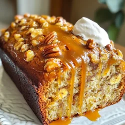 - 3 ripe bananas, mashed - 1/3 cup unsalted butter, melted - 1 teaspoon vanilla extract - 1 cup granulated sugar - 1 beaten egg - 1 teaspoon baking soda - Pinch of salt - 1 ½ cups all-purpose flour - 1/2 cup chopped pecans - 1/2 cup caramel sauce This banana bread uses ripe bananas for the best taste. The melted butter adds richness, while the vanilla extract gives a lovely scent. Granulated sugar sweetens the bread perfectly. The beaten egg helps bind everything together. Baking soda acts as a leavening agent, making the bread rise. A pinch of salt balances the sweetness. All-purpose flour forms the base, while chopped pecans add a nice crunch. Lastly, caramel sauce swirls throughout the bread, giving it a sweet and gooey flavor. - Extra caramel for drizzling - Whipped cream or vanilla ice cream - Crushed pecans for garnish You can take your banana bread to the next level with toppings. Drizzling extra caramel adds a sweet touch. A dollop of whipped cream or a scoop of vanilla ice cream makes it feel special. Crushed pecans on top give an extra crunch. These choices make the bread not just tasty but also fun to serve! - Preheat the oven to 350°F. - Grease a 9x5 inch loaf pan or line it with parchment paper. - Start by combining the mashed bananas and melted butter in a large bowl. - Stir in the beaten egg, vanilla extract, and granulated sugar until smooth. - Sprinkle the baking soda and salt over the mixture, then mix well. - Gradually add the all-purpose flour, stirring just until incorporated. Be careful not to overmix. - Fold in the chopped pecans and caramel sauce for even flavor throughout. - Pour the batter into the prepared loaf pan. - Bake in the preheated oven for 60-70 minutes. A toothpick should come out clean when done. - Allow the banana bread to cool in the pan for about 10-15 minutes. - Transfer it to a wire rack to cool completely. - Drizzle extra caramel sauce over the top after cooling for a sweet touch. - How ripe should the bananas be? Use three ripe bananas. They should be brown on the outside. This means they are sweet and soft. Overripe bananas give the best flavor. - Alternative methods for mashing You can mash bananas with a fork or use a potato masher. If you want, try a hand mixer for a smoother texture. Just don’t overdo it; you want some chunks! - Importance of not overmixing Overmixing can make your bread dense and tough. You want to keep the batter light and airy. Gentle mixing keeps the bread moist. - Signs of well-mixed batter The batter should look blended but have some lumps. No flour should be visible, but don’t mix until smooth. This leads to the best texture. - Suggestions for additional spices or flavors Add a pinch of cinnamon or nutmeg for warmth. You can also try a splash of almond extract for a twist. These small changes make a big difference. - Using different nuts or toppings If you don’t have pecans, use walnuts or even almonds. For toppings, sprinkle extra chopped nuts or chocolate chips on top. They add great texture and taste. {{image_2}} If you want to skip the pecans, you can use seeds like sunflower seeds or pumpkin seeds. They add some crunch and keep it nut-free. You can also use crispy rice cereal for a fun texture. This swap makes the bread safe for schools or nut-free diets. You can cut down on sugar by using applesauce or mashed dates. These options keep the bread moist and add natural sweetness. If you like dark chocolate, try adding some chips. The rich flavor pairs well with the bananas and caramel. For gluten-free banana bread, swap the all-purpose flour with gluten-free flour blends. Make sure to check the packaging for the right measurements. If you want a vegan version, replace the egg with a flaxseed meal mix or a banana. This way, everyone can enjoy this tasty treat! To keep your caramel pecan banana bread fresh, store it properly. If you plan to eat it within a few days, room temperature works well. Wrap the bread in plastic wrap or foil. This helps keep it moist. You can also place it in an airtight container. Avoid exposing it to air, as that can dry it out. If you want to keep it longer, refrigeration is an option. However, cold air can change the texture. It may make the bread a bit dense. For best results, use a sealed container to prevent it from absorbing other flavors. Freezing banana bread is easy and great for long-term storage. First, let the bread cool completely. Then, slice it into pieces for easy thawing. Wrap each slice tightly in plastic wrap. You can also use aluminum foil for extra protection. Place the wrapped slices in a freezer bag or container. This keeps them fresh for up to three months. When you want to enjoy a slice, simply take it out. Let it thaw in the fridge overnight. For a quicker method, you can use the microwave. Heat it for about 15 seconds. Remember, don’t overheat, or it will dry out. How long does the banana bread last? If stored at room temperature, it stays fresh for about 3 to 4 days. In the fridge, it can last a week. If you freeze it, you can keep it for up to three months. Watch for signs that the banana bread has gone bad. If you see mold or an off smell, it’s time to toss it. Also, if it feels dry or crumbly, it’s best not to eat it. To check if your banana bread is done, use the toothpick test. Insert a toothpick into the center of the bread. If it comes out clean or with a few crumbs, your bread is ready. You can also look for visual cues. The top should be golden brown, and the edges might pull away from the pan slightly. Yes, you can skip the caramel sauce. Instead, try adding honey or maple syrup for sweetness. You can also use a bit of brown sugar to keep the flavor rich. If you want a fun twist, try a swirl of peanut butter or chocolate hazelnut spread instead. To make this banana bread healthier, consider using whole wheat flour instead of all-purpose flour. You can also reduce the sugar by half and add applesauce for moisture. For a healthy fat option, swap unsalted butter with Greek yogurt. Finally, keep portions small. A slice with a side of fruit can balance the meal well. You now have a solid understanding of making delicious banana bread. From ripe bananas to optional toppings, each step builds flavor. Remember, avoid overmixing and consider adding spices or nuts for flair. Storage tips help keep your bread fresh longer. You can customize your recipe to fit your needs or dietary choices. Enjoy your baking journey, and may your banana bread bring joy to every bite!