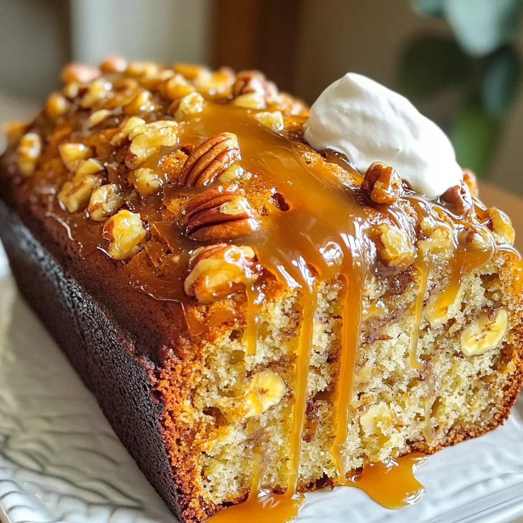- 3 ripe bananas, mashed - 1/3 cup unsalted butter, melted - 1 teaspoon vanilla extract - 1 cup granulated sugar - 1 beaten egg - 1 teaspoon baking soda - Pinch of salt - 1 ½ cups all-purpose flour - 1/2 cup chopped pecans - 1/2 cup caramel sauce This banana bread uses ripe bananas for the best taste. The melted butter adds richness, while the vanilla extract gives a lovely scent. Granulated sugar sweetens the bread perfectly. The beaten egg helps bind everything together. Baking soda acts as a leavening agent, making the bread rise. A pinch of salt balances the sweetness. All-purpose flour forms the base, while chopped pecans add a nice crunch. Lastly, caramel sauce swirls throughout the bread, giving it a sweet and gooey flavor. - Extra caramel for drizzling - Whipped cream or vanilla ice cream - Crushed pecans for garnish You can take your banana bread to the next level with toppings. Drizzling extra caramel adds a sweet touch. A dollop of whipped cream or a scoop of vanilla ice cream makes it feel special. Crushed pecans on top give an extra crunch. These choices make the bread not just tasty but also fun to serve! - Preheat the oven to 350°F. - Grease a 9x5 inch loaf pan or line it with parchment paper. - Start by combining the mashed bananas and melted butter in a large bowl. - Stir in the beaten egg, vanilla extract, and granulated sugar until smooth. - Sprinkle the baking soda and salt over the mixture, then mix well. - Gradually add the all-purpose flour, stirring just until incorporated. Be careful not to overmix. - Fold in the chopped pecans and caramel sauce for even flavor throughout. - Pour the batter into the prepared loaf pan. - Bake in the preheated oven for 60-70 minutes. A toothpick should come out clean when done. - Allow the banana bread to cool in the pan for about 10-15 minutes. - Transfer it to a wire rack to cool completely. - Drizzle extra caramel sauce over the top after cooling for a sweet touch. - How ripe should the bananas be? Use three ripe bananas. They should be brown on the outside. This means they are sweet and soft. Overripe bananas give the best flavor. - Alternative methods for mashing You can mash bananas with a fork or use a potato masher. If you want, try a hand mixer for a smoother texture. Just don’t overdo it; you want some chunks! - Importance of not overmixing Overmixing can make your bread dense and tough. You want to keep the batter light and airy. Gentle mixing keeps the bread moist. - Signs of well-mixed batter The batter should look blended but have some lumps. No flour should be visible, but don’t mix until smooth. This leads to the best texture. - Suggestions for additional spices or flavors Add a pinch of cinnamon or nutmeg for warmth. You can also try a splash of almond extract for a twist. These small changes make a big difference. - Using different nuts or toppings If you don’t have pecans, use walnuts or even almonds. For toppings, sprinkle extra chopped nuts or chocolate chips on top. They add great texture and taste. {{image_2}} If you want to skip the pecans, you can use seeds like sunflower seeds or pumpkin seeds. They add some crunch and keep it nut-free. You can also use crispy rice cereal for a fun texture. This swap makes the bread safe for schools or nut-free diets. You can cut down on sugar by using applesauce or mashed dates. These options keep the bread moist and add natural sweetness. If you like dark chocolate, try adding some chips. The rich flavor pairs well with the bananas and caramel. For gluten-free banana bread, swap the all-purpose flour with gluten-free flour blends. Make sure to check the packaging for the right measurements. If you want a vegan version, replace the egg with a flaxseed meal mix or a banana. This way, everyone can enjoy this tasty treat! To keep your caramel pecan banana bread fresh, store it properly. If you plan to eat it within a few days, room temperature works well. Wrap the bread in plastic wrap or foil. This helps keep it moist. You can also place it in an airtight container. Avoid exposing it to air, as that can dry it out. If you want to keep it longer, refrigeration is an option. However, cold air can change the texture. It may make the bread a bit dense. For best results, use a sealed container to prevent it from absorbing other flavors. Freezing banana bread is easy and great for long-term storage. First, let the bread cool completely. Then, slice it into pieces for easy thawing. Wrap each slice tightly in plastic wrap. You can also use aluminum foil for extra protection. Place the wrapped slices in a freezer bag or container. This keeps them fresh for up to three months. When you want to enjoy a slice, simply take it out. Let it thaw in the fridge overnight. For a quicker method, you can use the microwave. Heat it for about 15 seconds. Remember, don’t overheat, or it will dry out. How long does the banana bread last? If stored at room temperature, it stays fresh for about 3 to 4 days. In the fridge, it can last a week. If you freeze it, you can keep it for up to three months. Watch for signs that the banana bread has gone bad. If you see mold or an off smell, it’s time to toss it. Also, if it feels dry or crumbly, it’s best not to eat it. To check if your banana bread is done, use the toothpick test. Insert a toothpick into the center of the bread. If it comes out clean or with a few crumbs, your bread is ready. You can also look for visual cues. The top should be golden brown, and the edges might pull away from the pan slightly. Yes, you can skip the caramel sauce. Instead, try adding honey or maple syrup for sweetness. You can also use a bit of brown sugar to keep the flavor rich. If you want a fun twist, try a swirl of peanut butter or chocolate hazelnut spread instead. To make this banana bread healthier, consider using whole wheat flour instead of all-purpose flour. You can also reduce the sugar by half and add applesauce for moisture. For a healthy fat option, swap unsalted butter with Greek yogurt. Finally, keep portions small. A slice with a side of fruit can balance the meal well. You now have a solid understanding of making delicious banana bread. From ripe bananas to optional toppings, each step builds flavor. Remember, avoid overmixing and consider adding spices or nuts for flair. Storage tips help keep your bread fresh longer. You can customize your recipe to fit your needs or dietary choices. Enjoy your baking journey, and may your banana bread bring joy to every bite!