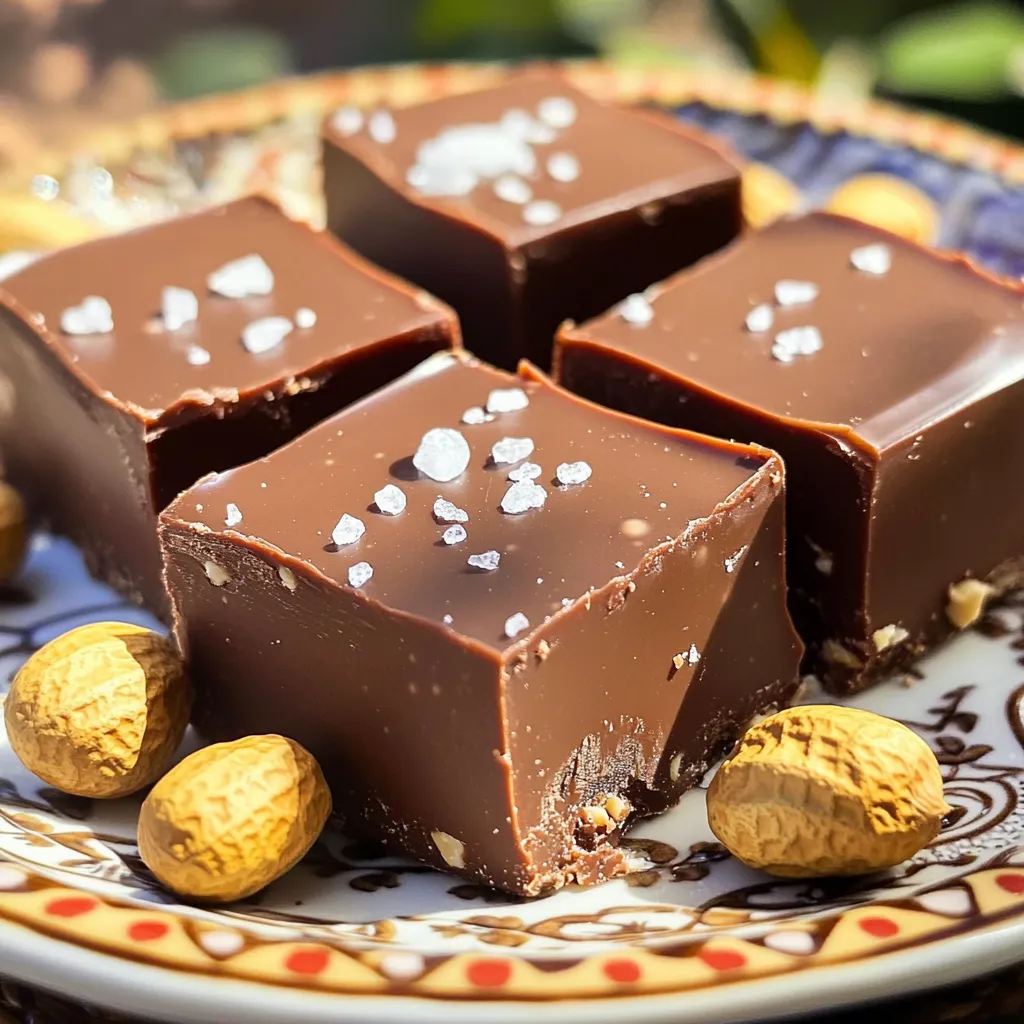 - 1 cup creamy peanut butter - 1/2 cup unsweetened cocoa powder - 1/4 cup maple syrup or honey - 1/4 cup coconut oil, melted - 1 teaspoon vanilla extract - 1/4 teaspoon salt - 1/2 cup mini chocolate chips (optional) The main ingredients are simple. Creamy peanut butter gives a rich taste. Cocoa powder adds a deep chocolate flavor. Maple syrup or honey sweetens it perfectly. Melted coconut oil helps bind everything together. A hint of vanilla extract enhances the flavors. The salt balances the sweetness. Mini chocolate chips can add some fun texture. You can switch out some ingredients if needed. For sweeteners, try agave or stevia. These are good if you want low sugar. If you don’t have peanut butter, almond or cashew butter works well. Both give a different taste but stay creamy. For dairy-free options, use coconut oil and ensure your chocolate chips are dairy-free. This way, everyone can enjoy the fudge! - In a medium bowl, mix the creamy peanut butter, cocoa powder, maple syrup, melted coconut oil, vanilla extract, and salt. - Whisk until the mixture is smooth. Make sure there are no lumps from the cocoa powder. - If you want extra texture, fold in the mini chocolate chips. Distribute them evenly. - Line an 8x8 inch baking dish with parchment paper. Leave some paper hanging over the sides. This makes it easy to lift the fudge out later. - Pour the fudge mixture into the lined baking dish. Use a spatula to spread it evenly. - Place the dish in the refrigerator. Chill it for at least 2 hours, or until firm to the touch. - Use a sharp knife to cut the fudge into squares or rectangles. - For a pretty presentation, serve the fudge on a decorative plate. Garnish with a sprinkle of sea salt or whole peanuts. - Overmixing the fudge: Mixing too much can make the fudge tough. Stir just until combined. - Not allowing enough chill time: The fudge needs time to set. Chill for at least two hours. - Ensuring proper measurement of ingredients: Use measuring cups for accuracy. This helps create the right texture. - Importance of using room temperature ingredients: Room temperature ingredients blend better. They help create a smooth mixture. - Adding a pinch of sea salt: A little salt makes the flavors pop. It balances the sweetness. - Using high-quality cocoa powder: Good cocoa powder brings rich flavor. Opt for unsweetened varieties for best results. {{image_2}} You can make this fudge even better with fun add-ins. Try adding nuts like walnuts for crunch. Seeds like chia can also be great. They add texture and a healthy boost. You can also play with flavor extracts. A touch of mint gives it a fresh taste. Almond extract adds a nice twist too. Just a little goes a long way! Looking for a healthier option? Use sugar-free chocolate chips instead of regular ones. This way, you cut down on sugar but keep the taste. You can also reduce the sweetener amount. This helps if you want a less sweet fudge. Just remember, it may change the texture slightly. Celebrate the seasons with special flavors! For fall, add pumpkin spice for a cozy vibe. In winter, try peppermint to make it festive. You can also dress up your fudge for special days. Use colorful toppings like sprinkles or nuts. These little extras make your fudge look as good as it tastes! To keep your fudge fresh, use an airtight container. Glass containers work well, but plastic ones are fine too. Make sure the lid seals tight to avoid air. Store your fudge in the fridge. This keeps it firm and tasty. If you want to save some for later, freezing is great. Cut the fudge into squares before freezing. Place pieces in a single layer on a baking sheet. Once frozen, transfer them to a freezer bag. Remove as much air as you can from the bag. For thawing, take out a square and leave it in the fridge overnight. This helps it keep its creamy texture. In the fridge, your fudge lasts about a week. After that, it may lose flavor and texture. Look for signs of spoilage: if it smells off or has a dry feel, it’s time to toss it. Keeping it stored well helps you enjoy it longer! Yes, you can make this fudge vegan! To do this, simply replace the honey with maple syrup. Maple syrup is a great plant-based sweetener. Use a vegan chocolate chip if you add those. This keeps the fudge tasty and friendly for plant-based diets. The fudge takes about 2 hours to set in the fridge. Factors like the thickness of your fudge and the fridge's temperature can change this time. If your fudge is thick, it might take longer. Check it after 2 hours. It should feel firm to the touch. You can use natural peanut butter, but it will change the fudge's texture. Natural peanut butter is thicker and can make the fudge grainy. Creamy peanut butter gives a smooth and rich taste. If you prefer natural, mix it well to ensure a good blend. This blog post covered all you need for making no-bake chocolate peanut butter fudge. We talked about main ingredients, simple steps for preparation and assembly, and helpful tips to avoid mistakes. Remember, you can mix in your favorite flavors and store the fudge safely. Experiment with variations and have fun! With this knowledge, you can create tasty treats for any occasion. Happy fudging!