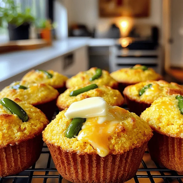 For Jalapeño Cheddar Cornbread Muffins, you need: - 1 cup cornmeal - 1 cup all-purpose flour - 1 tablespoon baking powder - 1/2 teaspoon salt - 1/4 teaspoon black pepper - 1 cup buttermilk - 2 large eggs - 1/4 cup honey - 1/4 cup melted butter - 1 cup shredded sharp cheddar cheese - 2 fresh jalapeños, finely chopped - 1/4 cup green onions, chopped (optional) This mix of ingredients gives the muffins a great flavor and texture. The cornmeal adds a nice crunch, while the cheddar cheese makes them rich and cheesy. The jalapeños bring a kick that balances well with the sweetness of honey. If you want, toss in green onions for a mild onion taste. Each ingredient plays its part in making these muffins a hit! - Set oven temperature to 400°F (200°C). - Prepare muffin tin with liners or non-stick spray. Start by preheating your oven. This step is key for muffins that rise well. While the oven heats, get your muffin tin ready. You can use paper liners or just spray it with non-stick spray. - Combine cornmeal, all-purpose flour, baking powder, salt, and black pepper. Next, grab a large mixing bowl. Add 1 cup of cornmeal, 1 cup of all-purpose flour, 1 tablespoon of baking powder, 1/2 teaspoon of salt, and 1/4 teaspoon of black pepper. Whisk these together until they are mixed well. This blend gives your muffins a nice texture. - Whisk together buttermilk, eggs, honey, and melted butter. In another bowl, whisk together 1 cup of buttermilk, 2 large eggs, 1/4 cup of honey, and 1/4 cup of melted butter. Make sure everything is well combined. This mixture adds moisture and sweetness to your muffins. - Mix dry and wet ingredients until just combined. - Fold in cheddar cheese, jalapeños, and green onions. Pour the wet mixture into the dry ingredients. Stir gently until just combined. Don’t over-mix; a few lumps are fine. Next, fold in 1 cup of shredded sharp cheddar cheese, 2 finely chopped jalapeños, and 1/4 cup of chopped green onions if you like. This adds flavor and texture to your muffins. - Spoon batter into muffin cups. - Fill each cup about 2/3 full. Now it’s time to fill your muffin tin. Use a spoon to scoop the batter into each cup. Fill each cup about 2/3 full. This allows space for the muffins to rise while baking. - Bake for 15-20 minutes. - Check for doneness with a toothpick. Place the tin in the oven and bake for 15 to 20 minutes. To check if they are done, insert a toothpick into the center. If it comes out clean, your muffins are ready. Let them cool for a few minutes in the pan before moving them to a wire rack. Enjoy your tasty jalapeño cheddar cornbread muffins! To get light and fluffy muffins, avoid over-mixing the batter. Mix until just combined. It’s okay to have a few lumps. Using room temperature ingredients helps the muffins rise better. You’ll see a big difference in the texture when you do this. These muffins taste best when served warm. A pat of butter on top makes them even better. They pair well with chili or soup for a complete meal. You can enjoy them as a side or a snack. Make your muffins look pretty by adding a sprinkle of herbs on top. This adds color and flavor. Using colorful muffin liners gives a festive touch. It makes your dish pop when served, perfect for any gathering. {{image_2}} You can change the type of cheese in these muffins. If you want a spicier kick, use pepper jack cheese. For a tangy flavor, try feta cheese. Both work well and add a unique twist to your muffins. Want to control the heat? Adjust the amount of jalapeños you add. For a milder taste, use fewer jalapeños or remove the seeds. If you like a bit of sweetness, add diced red bell pepper to the mix. It pairs well with the cheese and adds color. Get creative with seasonal ingredients! You can toss in corn kernels for extra texture and sweetness. If you crave something different, add sun-dried tomatoes. They bring a rich Italian flavor that complements the cheese and jalapeños nicely. To keep your Jalapeño Cheddar Cornbread Muffins fresh, store them in an airtight container at room temperature. This method helps maintain their soft texture and flavor. If you leave them out, they will stay good for about two days. If you want to save some for later, freeze the muffins. They can last up to three months in the freezer. To freeze, wrap each muffin tightly in plastic wrap. Place them in a freezer bag or container. When you're ready to eat, thaw them in the refrigerator or at room temperature before enjoying. For the best taste, reheat your muffins in the oven or microwave. If using the oven, preheat it to 350°F (175°C). Place the muffins on a baking sheet and heat for about 10 minutes. For a quick option, microwave a muffin for about 20-30 seconds. This will warm them up nicely and keep them soft. Yes, you can make these muffins a day in advance. Store them in an airtight container. They will stay fresh and tasty. Simply reheat them for a few moments before serving. To make these muffins gluten-free, swap out the all-purpose flour. Use a gluten-free flour blend instead. This simple change keeps the muffins fluffy and delicious. Yes, you can easily substitute buttermilk. Mix regular milk with one tablespoon of lemon juice or vinegar. Let it sit for about five minutes. This mixture works just like buttermilk. If your muffins did not rise, check a few things. Old baking powder may lose its power. Also, over-mixing the batter can make them dense. Mix just until combined for the best rise. You have the recipe to make delicious muffins. We discussed the ingredients, from cornmeal to cheddar cheese. I shared step-by-step instructions for mixing and baking. I also provided tips for perfect muffins and creative variations. You can store or freeze leftovers easily. Enjoy baking these muffins, and make them your own. With a few tweaks, you can create something unique. Happy baking!