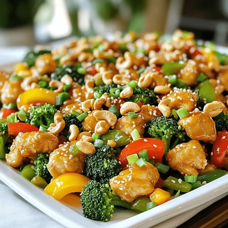 - 1 lb boneless, skinless chicken breasts, cut into bite-sized pieces - 1 cup unsalted cashews - 1 bell pepper (red, yellow, or green), sliced - 1 cup broccoli florets - 2 green onions, chopped - 3 cloves garlic, minced - 1 tablespoon ginger, minced - 3 tablespoons soy sauce (low sodium recommended) - 1 tablespoon hoisin sauce - 1 tablespoon cornstarch - 3 tablespoons vegetable oil - Salt and pepper to taste The main ingredients create a tasty and colorful dish. The chicken is juicy and tender. Cashews add crunch and flavor. Bell peppers give a sweet touch. Broccoli adds color and nutrition. Garlic and ginger bring warmth and depth. Soy and hoisin sauces add savory richness. Cornstarch makes the chicken crispy. - Sesame seeds for garnish (optional) - Extra chopped green onions Garnishes make the dish look beautiful. Sesame seeds add a nutty flavor. Green onions give a fresh touch. Use them for a pop of color. - Steamed jasmine rice - Quinoa Pair Cashew Chicken with rice or quinoa. They soak up the tasty sauce. Both are easy to make and fill you up. Enjoy this quick and flavorful meal with your favorite sides. Start by cutting your chicken breasts into bite-sized pieces. Use about 1 pound. Next, grab a small bowl. In this bowl, mix the chicken pieces with 1 tablespoon of cornstarch, salt, and pepper. This helps to make the chicken crispy when it cooks. Set it aside for a moment. Heat a large skillet or wok over medium-high heat. Add 1 tablespoon of vegetable oil. Once hot, add the chicken pieces. Cook them for about 5 to 7 minutes. Watch for the chicken to turn golden brown and be cooked all the way through. After that, carefully remove the chicken from the skillet and set it aside on a plate. In the same skillet, pour in another tablespoon of vegetable oil. Now, add the minced garlic and ginger. Stir these for about 30 seconds to get the flavors out. Next, toss in your sliced bell pepper. Cook for about 2 minutes until it starts to soften. Then, add 1 cup of broccoli florets. Stir-fry for another 3 to 4 minutes. The broccoli should turn bright green and be just tender. Return the cooked chicken to the skillet. Pour in 3 tablespoons of soy sauce and 1 tablespoon of hoisin sauce. Stir everything together well. Let it cook for an extra 2 minutes to heat through. Finally, add in the 1 cup of cashews and the chopped green onions. Mix well and cook for another minute to toast the cashews lightly. Now, your dish is ready to serve! To get crispy chicken, start with cornstarch. Mix it with salt and pepper. Coat each piece of chicken well. The cornstarch creates a nice crunch. Use high heat when cooking. This helps brown the chicken quickly. Avoid overcrowding the pan; cook in batches if needed. For more flavor, add ginger and garlic early. Sauté them until fragrant. You can also try adding a splash of rice vinegar. This adds a nice zing. If you like a bit of heat, add red pepper flakes. They bring warmth without overpowering the dish. Timing is key for great texture. Cook the chicken until golden brown, about 5-7 minutes. Stir-fry the veggies until they are bright and tender. This ensures they stay crisp. Add the sauces after the chicken and veggies are done cooking. This helps keep the dish vibrant and fresh. {{image_2}} You can easily make cashew chicken vegetarian or vegan. Replace the chicken with tofu. Firm tofu works best. Cut it into bite-sized cubes. Press the tofu to remove water for better texture. Use the same cornstarch mix for a crispy layer. Cook the tofu just like you would the chicken. Add all the other ingredients as usual. This keeps the great taste while making it plant-based. If you want to switch up your protein, try shrimp or tempeh. Shrimp cooks fast and adds a nice seafood flavor. Simply sauté it for a few minutes until pink. Tempeh is another great option. Slice it thin and pan-fry until golden. Both options still work well with the soy and hoisin sauces. You can mix and match your veggies for variety. Snow peas add a nice crunch. Carrots bring a sweet flavor. You can also use snap peas or bok choy. Don't be afraid to try different bell peppers too. Each will change the taste slightly, keeping the dish fresh and exciting. Always remember to stir-fry until veggies are bright and tender. This keeps them colorful and tasty. After you finish your meal, let the cashew chicken cool down. Place it in an airtight container. It will stay fresh in the fridge for up to three days. Make sure to eat it within this time for the best taste. You can freeze cashew chicken if you want it to last longer. Use a freezer-safe container or a heavy-duty freezer bag. It will keep well for up to three months. When freezing, leave some space in the container. This allows room for the food to expand. To reheat, take the chicken from the fridge or freezer. If frozen, let it thaw in the fridge overnight. For reheating, use a skillet over medium heat. Add a splash of water or soy sauce to keep it moist. Cook until it is heated through, about 5-7 minutes. You can also use a microwave. Heat in short bursts, stirring often, until hot. Enjoy your tasty dish again! You can serve Cashew Chicken with steamed jasmine rice or quinoa. Both are great options. You may also try a fresh side salad or stir-fried veggies. These will balance the flavors and add color to your meal. To spice up your Cashew Chicken, add red pepper flakes. Start with a small amount. You can also use fresh chili peppers. Sliced jalapeños or Thai bird chilies work well too. Adjust the heat to your taste and enjoy the kick! Yes, you can use other nuts if you prefer. Almonds and peanuts are good choices. Each nut brings a different flavor and texture. Make sure to toast them lightly to enhance their taste. Cashew Chicken can be gluten-free if you use gluten-free soy sauce. Check the labels to ensure there are no gluten ingredients. This dish is easy to adapt for gluten-free diets, making it a safe option for many. This blog covered all the key steps for making Cashew Chicken. We explored the main ingredients, step-by-step cooking methods, and helpful tips. I shared variations for different diets and offered storage advice for leftovers. In short, preparing this dish is fun and versatile. You can customize it to your taste. Now you’re ready to enjoy a tasty meal that can please everyone at the table!