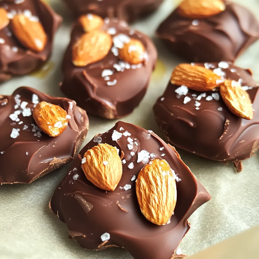 To make these no-bake chocolate almond clusters, gather these simple ingredients: - 1 cup dark chocolate chips - 1 cup raw almonds - 1/2 cup almond butter - 1/4 cup honey or maple syrup - 1/4 teaspoon sea salt - 1/2 teaspoon vanilla extract - Optional: Flaky sea salt or cocoa powder for garnish These ingredients blend together to create a sweet and crunchy treat. You can swap ingredients to fit your taste. Here are some ideas: - Dark chocolate chips: Use milk chocolate chips for a sweeter taste. - Raw almonds: Try cashews or walnuts for a different crunch. - Almond butter: Peanut butter works well if you want a nutty punch. - Honey or maple syrup: Agave syrup is a nice choice for a vegan option. - Sea salt: Regular salt can be used, but sea salt adds a nice touch. These swaps keep the flavor but change the texture or taste. Each cluster packs a tasty punch of nutrients. Here’s a rough breakdown per cluster: - Calories: About 100 - Protein: 3 grams - Fat: 7 grams - Carbohydrates: 7 grams - Fiber: 1 gram - Sugar: 4 grams These treats are not just sweet; they also give you a boost of energy! Making no-bake chocolate almond clusters is quick and easy. You will need about 10 minutes to prep. Gather your ingredients and follow these simple steps. Start by mixing the dark chocolate chips and almond butter in a microwave-safe bowl. Heat this mix in the microwave. Use 30-second bursts to avoid burning. Stir after each interval. Keep going until the mix is smooth and melted. This step is key for a creamy texture. Next, stir in the honey or maple syrup, sea salt, and vanilla extract. Mix until everything is well combined. Now, add the raw almonds and stir until the nuts are coated in the chocolate mix. Prepare a baking sheet by lining it with parchment paper. Use a spoon or small cookie scoop to drop clusters of the mix onto the sheet. Leave about 2 inches between each cluster. This space helps them set without sticking. If you want, sprinkle a bit of flaky sea salt or cocoa powder on top. This adds a nice touch. Place the sheet in the fridge for 30 to 60 minutes. This helps the clusters firm up. Once set, remove them from the parchment and store them in an airtight container in the fridge. Enjoy your sweet treat! To make a smooth chocolate mixture, use a microwave-safe bowl. Combine dark chocolate chips and almond butter. Heat this mix in 30-second bursts. Stir well between each burst. This method helps prevent burning. If you notice lumps, keep stirring until smooth. Adding a pinch of sea salt enhances flavor. Remember, patience is key here! Once your clusters are firm, store them in an airtight container. A fridge keeps them fresh longer. They can last up to two weeks if stored correctly. If you want to keep them longer, consider freezing them. Just place clusters in a freezer-safe bag. Be sure to label the bag with the date. This way, you can enjoy them later! For a beautiful presentation, use a nice plate. Arrange the clusters in a circle or a fun pattern. You can sprinkle flaky sea salt on top for a fancy touch. Use cocoa powder for a rich look. If you want color, add fresh berries around the plate. These small changes make your dessert pop and impress! {{image_2}} You can switch up the nuts in these clusters. Try cashews, walnuts, or pecans. Each nut gives a new taste and texture. If you want a crunch, go for peanuts. For a creamier bite, use macadamia nuts. Just chop them up if they are large. This way, you can create a mix that fits your taste. Want to make your clusters more exciting? Consider adding a few flavor boosters. A dash of cinnamon can add warmth. For a coffee kick, mix in espresso powder. Want something fruity? Try dried cranberries or raisins. You can even add a pinch of chili powder for heat. These extras make each bite a fun surprise. If you want to cut down on sugar, there are options. You can swap honey for agave syrup or coconut nectar. These choices are lower on the glycemic index. Another option is to use stevia or monk fruit sweetener. These sweeteners can keep the taste while being kinder to your body. Just remember to adjust amounts as needed, since they can be sweeter than honey. To keep your no-bake chocolate almond clusters fresh, store them in an airtight container. This helps prevent moisture and keeps them crunchy. Place parchment paper between layers if you stack them. I find this keeps them from sticking together. Always store them in the fridge. These clusters last about one week in the fridge. After that, they may lose some flavor and texture. If you notice any changes in smell or look, it is best to toss them. Always check before eating. You can freeze these clusters too! Place them in a single layer on a baking sheet. Once frozen, transfer them to an airtight container. They can last up to three months in the freezer. Just remember to thaw them in the fridge before you enjoy them again. This way, they taste fresh! No-bake chocolate almond clusters can last about one week in the fridge. To keep them fresh, store them in an airtight container. If you want them to last longer, you can freeze them. They can stay good for up to three months in the freezer. Just remember to thaw them in the fridge before eating. Yes, you can use milk chocolate instead of dark chocolate. Milk chocolate will make the clusters sweeter and creamier. Just melt it the same way as dark chocolate. The flavor will change a bit, but it will still be yummy. Experimenting with different types of chocolate can be fun! Yes, no-bake chocolate almond clusters are gluten-free. The ingredients used, like chocolate chips, almonds, and almond butter, do not contain gluten. Always check the labels to be sure, especially if you have allergies. This treat is great for everyone, including those who follow a gluten-free diet. We covered all you need to know about no-bake chocolate almond clusters. You learned about the ingredients and how to substitute them if needed. I walked you through the steps to prepare these tasty treats and offered tips for smooth results. You also discovered variations and storage methods to keep them fresh. These clusters are easy to make and fun to enjoy. I hope you try them and share them with others!