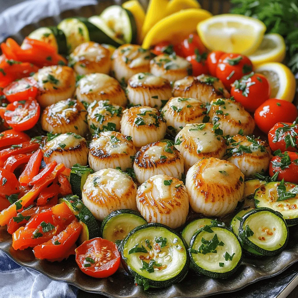 - 1 pound sea scallops, patted dry - 4 tablespoons unsalted butter - 4 cloves garlic, minced - 1 medium zucchini, sliced into half-moons - 1 red bell pepper, sliced into strips - 1 cup cherry tomatoes, halved - Salt and pepper - 1 teaspoon lemon zest - A pinch of red pepper flakes (optional for heat) - 2 tablespoons fresh parsley, chopped - Lemon wedges When I make garlic butter scallops and veggies, I focus on fresh, high-quality ingredients. Sea scallops are my star, and they bring a sweet, delicate taste. I always pat them dry to ensure they sear well. This step is key for that golden crust we all love. Unsalted butter gives a rich flavor and helps the garlic shine. I use four cloves of minced garlic, which adds a punch. For the veggies, I usually grab a medium zucchini, a red bell pepper, and cherry tomatoes. The colors and tastes blend beautifully. For seasoning, I rely on salt and pepper. I also add lemon zest for a fresh twist. If I want some heat, I toss in red pepper flakes. Lastly, I finish with fresh parsley for color and lemon wedges for serving. This meal is not just tasty; it looks great too! First, season the scallops with salt and pepper on both sides. This step adds flavor. Next, it is crucial to dry the scallops. Pat them dry with a clean towel. Dry scallops sear better and create a lovely crust. Heat a large skillet over medium heat. Melt 2 tablespoons of butter in the skillet. Add the zucchini and red bell pepper first. Sauté for 3 to 4 minutes until they soften. Then, add the cherry tomatoes and cook for another 2 to 3 minutes until slightly blistered. Season with salt and pepper before transferring the veggies to a plate. Keep them warm while you cook the scallops. In the same skillet, add the remaining butter over medium-high heat. Wait until the butter bubbles and turns slightly brown. Add the scallops in a single layer. Avoid overcrowding the pan; this helps them cook evenly. Cook for 2 to 3 minutes on each side. Look for a golden crust and a slightly firm texture. During the last minute of cooking, add minced garlic to the skillet. Stir gently so the garlic does not burn. After the scallops are done, return the sautéed veggies to the skillet. Toss everything together. Add lemon zest and red pepper flakes if you like a bit of heat. For plating, serve the scallops and veggies on a large platter. Drizzle any garlic butter left in the pan over the top. This adds richness and flavor. Garnish with lemon wedges for a bright touch and extra flavor. Enjoy your delicious meal! To cook scallops just right, avoid overcooking them. Scallops cook fast. They need about 2-3 minutes on each side. When done, they should be firm to the touch. They also should have a nice golden crust. To tell if scallops are done, look for a few signs. They should be opaque and slightly firm. If they feel mushy or rubbery, they are overcooked. Trust your senses! Your taste buds will thank you. For a colorful plate, try seasonal veggies. Zucchini, bell peppers, and cherry tomatoes work well. You can also use asparagus, broccoli, or green beans. Each veggie has its own cooking time. - Zucchini: 3-4 minutes - Bell pepper: 3-4 minutes - Cherry tomatoes: 2-3 minutes Keep an eye on them so they don’t get too soft. Crisp veggies add great texture to your meal. To boost flavor, add spices or herbs. Fresh parsley adds brightness. You can also use thyme or basil for extra taste. A pinch of red pepper flakes gives a little heat if you like it spicy. Using different types of butter can change the flavor too. Try garlic butter for a richer taste. You could also use herb-infused butter for a unique twist. The options are endless! {{image_2}} You can swap out scallops for other proteins like shrimp or chicken. If you use shrimp, cook them for 2-3 minutes on each side until they turn pink. For chicken, use small pieces and cook for about 6-7 minutes until fully cooked. Adjust your cook times based on the protein you choose. Always check to ensure it's safe to eat. To make this dish vegan, replace the butter with olive oil or vegan butter. Instead of scallops, use king oyster mushrooms for a similar texture. Nutritional yeast adds a cheesy flavor that many enjoy. You can also add more veggies like asparagus and broccoli for a delightful mix. For a low-carb meal, focus on veggies like zucchini, bell peppers, and spinach. These are tasty and won't add many carbs. You can serve the dish with cauliflower rice or a fresh salad. This gives you a filling meal without the extra carbs. To store leftover garlic butter scallops and veggies, place them in an airtight container. This helps keep them fresh and tasty. You can also use plastic wrap if a container is not available. These leftovers will stay good in the fridge for up to three days. After that, the taste and texture may change. When reheating scallops, use low heat on the stove. This helps keep them tender. You can also use a microwave, but watch closely. Heat in short bursts to avoid rubbery scallops. A covered skillet with a splash of water works well, too. This keeps moisture in and helps maintain flavor. Yes, you can freeze garlic butter scallops and veggies! To freeze, first let them cool completely. Then, place them in a freezer-safe bag or container. Press out as much air as you can to prevent freezer burn. When ready to eat, thaw in the fridge overnight. For best results, reheat them in a skillet. This keeps the scallops tender and the veggies crisp. You can tell scallops are cooked when they are opaque and firm. They should have a light golden crust on the outside. If they feel soft or mushy, they need more time. Cook them for about 2-3 minutes on each side. The center should be slightly translucent. Yes, you can use frozen scallops. Thaw them in the fridge overnight. If you’re short on time, place them in cold water for about an hour. After thawing, pat them dry well to ensure a good sear. Cook them just like fresh scallops. Garlic butter scallops pair well with many sides. I suggest serving them with: - Creamy mashed potatoes - A fresh green salad - Quinoa or rice - Garlic bread for that extra touch To enhance garlic butter, you can try a few simple tricks: - Add fresh herbs like thyme or rosemary. - Mix in a splash of white wine or lemon juice. - Use flavored olive oils or infused butters. - Experiment with spices like smoked paprika or cayenne. You now have all the tools to cook delicious garlic butter scallops with fresh veggies. We covered important ingredients, easy steps, and helpful tips. You learned how to cook scallops just right and pair them with tasty sides. Remember to adjust flavors and ingredients to suit your taste. Enjoy the process and thrill of cooking. With practice, you'll impress family and friends with your skills. Happy cooking!