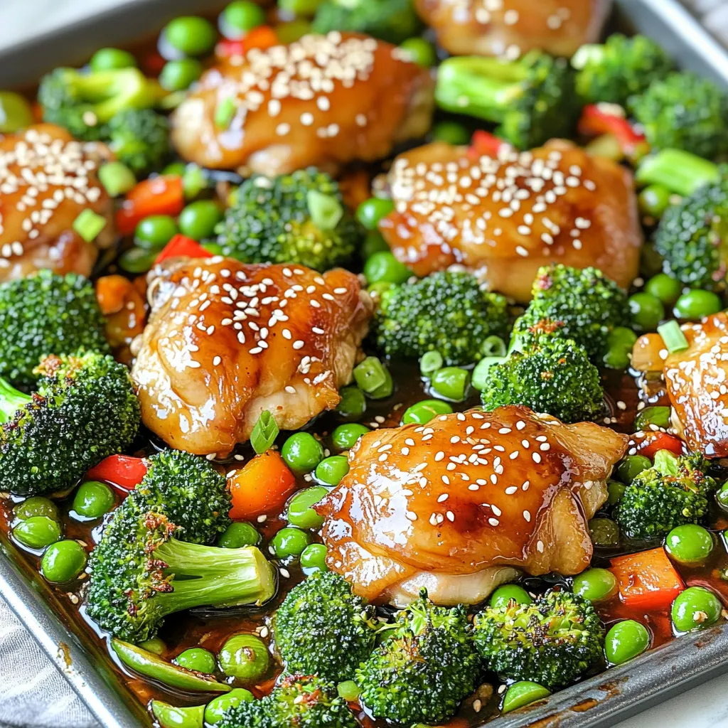 - 1 ½ lbs boneless, skinless chicken thighs - 2 cups broccoli florets - 1 red bell pepper, sliced - 1 cup sugar snap peas - ½ cup teriyaki sauce (homemade or store-bought) - 2 tablespoons sesame oil - 2 cloves garlic, minced - 1 teaspoon ginger, freshly grated - Sesame seeds - Sliced green onions When you gather these ingredients, you set the stage for a tasty meal. The chicken thighs bring a juicy base, while the broccoli, red bell pepper, and sugar snap peas add bright color and crunch. The marinade is key. It blends the sweet and savory notes of teriyaki sauce with the warm flavors of garlic and ginger. For the perfect finish, garnish with sesame seeds and green onions. They add a nice touch and extra flavor. This simple combination makes cooking feel special and fun. - Preheat the oven to 400°F (200°C). - Line the baking sheet with parchment paper to keep it clean. - In a bowl, mix together the teriyaki sauce, sesame oil, minced garlic, and grated ginger. - Add the chicken thighs to the bowl and coat them well. Let them sit for about 15 minutes to soak up all that tasty flavor. - In a separate bowl, toss the broccoli florets, sliced red bell pepper, and sugar snap peas with a bit of olive oil. - Season the veggies with salt and pepper to enhance their taste. - Place the marinated chicken thighs in the center of the lined baking sheet. - Arrange the seasoned vegetables around the chicken, spreading them out evenly. - Slide the sheet pan into the preheated oven and bake for 25-30 minutes. - Use a meat thermometer to check the chicken's internal temperature. It should reach 165°F (75°C). - Stir the vegetables halfway through cooking to ensure they roast evenly. Marinate the chicken for at least 15 minutes. This time lets the flavors soak in well. If you are short on time, even a quick 5-minute soak can help. You can also use soy sauce mixed with honey as a quick teriyaki alternative. For a twist, try adding pineapple juice for a sweet touch. To make sure your veggies cook evenly, cut them into similar sizes. This helps them roast at the same rate. For that perfect crisp texture, spread the vegetables out on the pan. If they are crowded, they will steam instead of roast. Stirring them halfway through cooking also helps achieve some browning. Serve the dish right from the sheet pan for a fun, rustic look. This makes for easy cleanup too. To make it look even better, garnish with sesame seeds and sliced green onions. A wedge of lime adds a fresh pop of color and taste. For a more elegant touch, plate individual servings and add a sprinkle of extra sesame seeds. {{image_2}} You can switch the chicken thighs for chicken breast. Chicken breast is leaner and cooks faster. You might need to check for doneness sooner. If you want a meat-free meal, tofu is a great choice. Firm tofu soaks up flavors well. Cut it into cubes and marinate like chicken. Shrimp is another tasty option. It cooks quickly and adds a nice touch. Just be careful not to overcook it. Feel free to use seasonal vegetables. Carrots, zucchini, or bell peppers work great. You can also add green beans or asparagus. If you can't find sugar snap peas, use snow peas instead. They offer a similar crunch and sweet taste. Mix and match veggies based on what you love or have on hand. This dish is all about personal preference. You can make your own teriyaki sauce at home. Just mix soy sauce, honey, mirin, and garlic. It’s easy and tastes fresh. If you want to explore other flavors, try a garlic soy sauce. A sweet chili sauce could add a kick too. Marinades with sesame oil and lime juice offer a zesty twist. Get creative with flavors that excite your taste buds! To store leftovers, let the dish cool down first. Place the chicken and veggies in an airtight container. This method keeps them fresh. You can refrigerate for up to three days. When you are ready to eat, just reheat the meal. You can freeze the cooked chicken and vegetables too. Place them in a freezer-safe bag or container. Remove any air to prevent freezer burn. They can be stored for up to three months. When it's time to eat, thaw the dish in the fridge overnight. After thawing, reheat it fully in the oven or microwave. To ensure even heating, cover the dish with a microwave-safe lid or wrap. This step traps steam and warms the food evenly. If you want to prevent sogginess, heat in short bursts. Stir the food and check it often. This way, you keep the texture just right. Enjoy your meal without losing that yummy crunch! I recommend marinating chicken for about 15 to 30 minutes. This time allows the chicken to soak up the rich flavors of the teriyaki sauce. If you have more time, marinating overnight can deepen the taste even more. Bake chicken thighs at 400°F (200°C). This temperature ensures they cook through evenly and stay juicy. Always check the internal temperature, which should reach 165°F (75°C) for safe eating. Yes, you can make this dish ahead. Marinate the chicken and chop the veggies a day before. Store them in the fridge until you’re ready to bake. This saves time and makes dinner prep easy. Some great side dishes include steamed rice, quinoa, or a fresh salad. You can also serve it with roasted sweet potatoes or even a simple cucumber salad for a refreshing crunch. This blog post covered a simple, tasty dish using chicken thighs, veggies, and teriyaki sauce. We explored the main ingredients, the marinade, and tips for cooking and storing. The step-by-step instructions streamline the cooking process, ensuring great results every time. In closing, this recipe is versatile and easy. You can swap protein or veggies based on what you have. With proper storage tips, leftovers can still taste great. Enjoy your flavorful meal, and don't hesitate to experiment with your own ideas!
