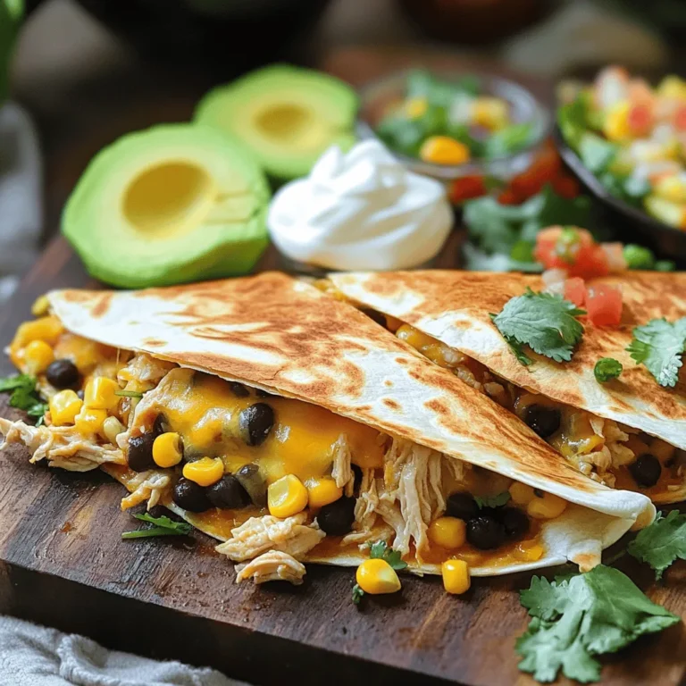 - 2 cups cooked chicken, shredded - 4 large flour tortillas - 1 cup shredded cheese (cheddar or a Mexican blend) - 1/2 cup black beans, rinsed and drained - 1/2 cup corn, canned or frozen - 1/2 teaspoon cumin powder - 1/2 teaspoon garlic powder - 1/2 teaspoon chili powder - Salt and pepper to taste - Sour cream - Salsa - Avocado slices These ingredients make up a tasty air fryer chicken quesadilla. Shredded chicken is the star here. It gives the quesadilla its heartiness. The tortillas hold everything together. I love using large flour tortillas for this dish. They wrap easily around the filling. Don’t forget the cheese! A cup of shredded cheese adds creaminess and flavor. You can use cheddar or a Mexican blend. Both work well. Black beans and corn give extra texture and taste. They also add fiber, making these quesadillas filling. Season your mixture with cumin, garlic powder, and chili powder. These spices bring warmth and depth. Salt and pepper enhance the flavors, too. If you want to add a fresh touch, include optional toppings. Sour cream adds creaminess. Salsa gives a zesty kick. Avocado slices are a great way to finish it off. With these ingredients, you can make quick and tasty air fryer chicken quesadillas! To make the filling, start with a mixing bowl. Combine 2 cups of shredded chicken, 1/2 cup of black beans, and 1/2 cup of corn. Make sure to rinse and drain the black beans first. Add 1/2 teaspoon of cumin powder, 1/2 teaspoon of garlic powder, and 1/2 teaspoon of chili powder to the mix. Season with salt and pepper to taste. Stir everything well until it blends smoothly. Grab a large flour tortilla and lay it flat on your counter. Take a portion of the chicken mixture and spread it evenly over one half. Then, sprinkle a generous amount of shredded cheese on top. Fold the tortilla over to cover the filling. Press down gently to seal it. Repeat this process with the other tortillas and filling. First, preheat your air fryer to 400°F (200°C) for about 5 minutes. While it heats, spray the air fryer basket lightly with olive oil spray. Place one or two quesadillas in the basket, but make sure they don’t touch. Lightly spray the tops of the quesadillas with more olive oil for a crisp finish. Cook them for 6-8 minutes. Flip the quesadillas halfway through cooking for even browning. When they look golden brown and crispy, they are ready. Let them cool for a minute, then slice into wedges. Enjoy with sour cream, salsa, or avocado. To get that perfect crunch, use olive oil spray wisely. Spray the air fryer basket lightly before placing the quesadillas inside. After you place them in, spray the tops too. This adds a golden finish. Cooking in batches is key. If you overcrowd the air fryer, the heat won’t circulate well. This can lead to soggy quesadillas. Cook one or two at a time for the best results. For a milder taste, use less chili powder. You can also skip it altogether. If you like heat, add more chili powder or some jalapeños. Fresh ingredients like diced peppers can also boost flavor without too much spice. Using fresh herbs, like cilantro or green onions, can enhance the taste. They add a bright flavor that balances the spices well. Pair these quesadillas with sides for a full meal. A fresh salad or some rice works great. You can also serve them with black beans or corn on the side for extra flavor. For dips, sour cream and salsa are classic choices. They add creaminess and zest. Avocado slices also make a tasty addition. They provide a smooth texture that complements the crispy quesadillas. {{image_2}} You can swap out chicken for other proteins. Ground beef or turkey works well. For a vegetarian option, try black beans or sautéed mushrooms. These swaps keep the quesadilla tasty and fun. Cheese is another area to explore. While cheddar is classic, you can use pepper jack for heat or mozzarella for a milder taste. Mixing cheeses adds a new layer of flavor. Want to spice things up? Adding jalapeños gives a nice kick. If you prefer a milder taste, try sweet bell peppers. Both add color and crunch to your quesadilla. You can also play with spices. Add a pinch of smoked paprika for a smoky flavor. Or, try a dash of taco seasoning for a zesty twist. These simple changes can elevate your dish. If you need gluten-free options, look for gluten-free tortillas. Many brands offer great alternatives that taste just as good. For a vegan version, skip the chicken and cheese. Use beans and veggies like spinach or zucchini instead. Add nutritional yeast for a cheesy flavor without dairy. This way, everyone can enjoy this delicious meal. After you enjoy your quesadillas, store leftovers in the fridge. Place them in an airtight container. This keeps them fresh for up to three days. If you want to save them for longer, freeze the quesadillas. Wrap each one in plastic wrap and then put them in a freezer bag. They will stay good for about three months. When it's time to eat the leftovers, you have options. You can use the oven, microwave, or air fryer to reheat. The oven is best for crispiness. Preheat it to 350°F (175°C). Heat the quesadillas for about 10 minutes. The microwave is quick but may make them soft. Heat for about 30 seconds or until warm. The air fryer can also work well. Preheat to 350°F (175°C) and cook for about 5 minutes. This keeps them crispy. Quesadillas can stay in the fridge for three days. After that, they may spoil. Look for signs like a bad smell or mold. If they smell off or have changed color, it’s best to throw them away. Always trust your senses when checking food. Air fryer chicken quesadillas take about 6 to 8 minutes to cook. Preheat your air fryer to 400°F (200°C) for about 5 minutes first. This step ensures even cooking. I find flipping them halfway through helps achieve a nice, golden brown color on both sides. Always check for crispiness before you take them out. If you like them crunchier, add a minute or two. Yes, you can use pre-cooked chicken. Rotisserie chicken works great. Just shred it before adding to your mix. You can also use leftover chicken from another meal. Make sure to shred it well to help it combine with the other ingredients. This makes prep time quick and easy, letting you enjoy your quesadillas faster. A 5.8-quart air fryer is perfect for making quesadillas. It fits two large quesadillas at once without crowding. If you have a smaller air fryer, you may need to cook them in batches. Cooking in batches ensures they cook evenly and stay crispy. Always leave space between the quesadillas for airflow. Yes, you can make these quesadillas ahead of time. Assemble them and store them in the fridge for up to 24 hours. When ready to eat, just pop them in the air fryer. This is a great way to save time during busy days. Just remember to adjust the cooking time if they are cold from the fridge. In this article, we covered key ingredients for tasty air fryer chicken quesadillas. You learned how to prepare the filling and assemble the quesadillas for perfect results. I shared tips on ensuring crispiness and suggested ingredient variations to suit your taste. Remember the best ways to store and reheat leftovers for continued enjoyment. With these steps and recommendations, you can create delicious quesadillas anytime. Enjoy your cooking adventure!