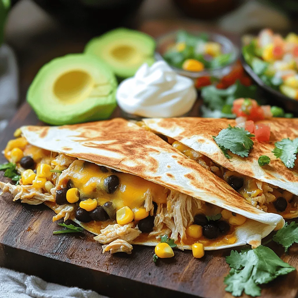 - 2 cups cooked chicken, shredded - 4 large flour tortillas - 1 cup shredded cheese (cheddar or a Mexican blend) - 1/2 cup black beans, rinsed and drained - 1/2 cup corn, canned or frozen - 1/2 teaspoon cumin powder - 1/2 teaspoon garlic powder - 1/2 teaspoon chili powder - Salt and pepper to taste - Sour cream - Salsa - Avocado slices These ingredients make up a tasty air fryer chicken quesadilla. Shredded chicken is the star here. It gives the quesadilla its heartiness. The tortillas hold everything together. I love using large flour tortillas for this dish. They wrap easily around the filling. Don’t forget the cheese! A cup of shredded cheese adds creaminess and flavor. You can use cheddar or a Mexican blend. Both work well. Black beans and corn give extra texture and taste. They also add fiber, making these quesadillas filling. Season your mixture with cumin, garlic powder, and chili powder. These spices bring warmth and depth. Salt and pepper enhance the flavors, too. If you want to add a fresh touch, include optional toppings. Sour cream adds creaminess. Salsa gives a zesty kick. Avocado slices are a great way to finish it off. With these ingredients, you can make quick and tasty air fryer chicken quesadillas! To make the filling, start with a mixing bowl. Combine 2 cups of shredded chicken, 1/2 cup of black beans, and 1/2 cup of corn. Make sure to rinse and drain the black beans first. Add 1/2 teaspoon of cumin powder, 1/2 teaspoon of garlic powder, and 1/2 teaspoon of chili powder to the mix. Season with salt and pepper to taste. Stir everything well until it blends smoothly. Grab a large flour tortilla and lay it flat on your counter. Take a portion of the chicken mixture and spread it evenly over one half. Then, sprinkle a generous amount of shredded cheese on top. Fold the tortilla over to cover the filling. Press down gently to seal it. Repeat this process with the other tortillas and filling. First, preheat your air fryer to 400°F (200°C) for about 5 minutes. While it heats, spray the air fryer basket lightly with olive oil spray. Place one or two quesadillas in the basket, but make sure they don’t touch. Lightly spray the tops of the quesadillas with more olive oil for a crisp finish. Cook them for 6-8 minutes. Flip the quesadillas halfway through cooking for even browning. When they look golden brown and crispy, they are ready. Let them cool for a minute, then slice into wedges. Enjoy with sour cream, salsa, or avocado. To get that perfect crunch, use olive oil spray wisely. Spray the air fryer basket lightly before placing the quesadillas inside. After you place them in, spray the tops too. This adds a golden finish. Cooking in batches is key. If you overcrowd the air fryer, the heat won’t circulate well. This can lead to soggy quesadillas. Cook one or two at a time for the best results. For a milder taste, use less chili powder. You can also skip it altogether. If you like heat, add more chili powder or some jalapeños. Fresh ingredients like diced peppers can also boost flavor without too much spice. Using fresh herbs, like cilantro or green onions, can enhance the taste. They add a bright flavor that balances the spices well. Pair these quesadillas with sides for a full meal. A fresh salad or some rice works great. You can also serve them with black beans or corn on the side for extra flavor. For dips, sour cream and salsa are classic choices. They add creaminess and zest. Avocado slices also make a tasty addition. They provide a smooth texture that complements the crispy quesadillas. {{image_2}} You can swap out chicken for other proteins. Ground beef or turkey works well. For a vegetarian option, try black beans or sautéed mushrooms. These swaps keep the quesadilla tasty and fun. Cheese is another area to explore. While cheddar is classic, you can use pepper jack for heat or mozzarella for a milder taste. Mixing cheeses adds a new layer of flavor. Want to spice things up? Adding jalapeños gives a nice kick. If you prefer a milder taste, try sweet bell peppers. Both add color and crunch to your quesadilla. You can also play with spices. Add a pinch of smoked paprika for a smoky flavor. Or, try a dash of taco seasoning for a zesty twist. These simple changes can elevate your dish. If you need gluten-free options, look for gluten-free tortillas. Many brands offer great alternatives that taste just as good. For a vegan version, skip the chicken and cheese. Use beans and veggies like spinach or zucchini instead. Add nutritional yeast for a cheesy flavor without dairy. This way, everyone can enjoy this delicious meal. After you enjoy your quesadillas, store leftovers in the fridge. Place them in an airtight container. This keeps them fresh for up to three days. If you want to save them for longer, freeze the quesadillas. Wrap each one in plastic wrap and then put them in a freezer bag. They will stay good for about three months. When it's time to eat the leftovers, you have options. You can use the oven, microwave, or air fryer to reheat. The oven is best for crispiness. Preheat it to 350°F (175°C). Heat the quesadillas for about 10 minutes. The microwave is quick but may make them soft. Heat for about 30 seconds or until warm. The air fryer can also work well. Preheat to 350°F (175°C) and cook for about 5 minutes. This keeps them crispy. Quesadillas can stay in the fridge for three days. After that, they may spoil. Look for signs like a bad smell or mold. If they smell off or have changed color, it’s best to throw them away. Always trust your senses when checking food. Air fryer chicken quesadillas take about 6 to 8 minutes to cook. Preheat your air fryer to 400°F (200°C) for about 5 minutes first. This step ensures even cooking. I find flipping them halfway through helps achieve a nice, golden brown color on both sides. Always check for crispiness before you take them out. If you like them crunchier, add a minute or two. Yes, you can use pre-cooked chicken. Rotisserie chicken works great. Just shred it before adding to your mix. You can also use leftover chicken from another meal. Make sure to shred it well to help it combine with the other ingredients. This makes prep time quick and easy, letting you enjoy your quesadillas faster. A 5.8-quart air fryer is perfect for making quesadillas. It fits two large quesadillas at once without crowding. If you have a smaller air fryer, you may need to cook them in batches. Cooking in batches ensures they cook evenly and stay crispy. Always leave space between the quesadillas for airflow. Yes, you can make these quesadillas ahead of time. Assemble them and store them in the fridge for up to 24 hours. When ready to eat, just pop them in the air fryer. This is a great way to save time during busy days. Just remember to adjust the cooking time if they are cold from the fridge. In this article, we covered key ingredients for tasty air fryer chicken quesadillas. You learned how to prepare the filling and assemble the quesadillas for perfect results. I shared tips on ensuring crispiness and suggested ingredient variations to suit your taste. Remember the best ways to store and reheat leftovers for continued enjoyment. With these steps and recommendations, you can create delicious quesadillas anytime. Enjoy your cooking adventure!