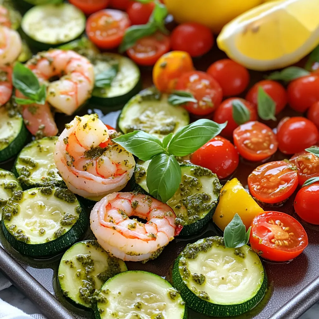 - 1 pound large shrimp, peeled and deveined - 2 medium zucchinis, sliced into half-moons - 1 bell pepper (any color), sliced - 1 cup cherry tomatoes, halved - 1/4 cup pesto (store-bought or homemade) - 3 tablespoons olive oil - 2 cloves garlic, minced - Salt and pepper to taste - Fresh basil leaves for garnish - Lemon wedges for serving This dish shines with fresh, vibrant flavors. The shrimp offer a nice, sweet taste. Zucchini adds crunch and helps create a well-rounded meal. You can pick any color of bell pepper for a pop of color. Cherry tomatoes add juiciness and a slight tang. I recommend using fresh pesto for the best taste. It blends well with the olive oil and garlic. The garlic adds a warm, savory note that enhances the shrimp. Don’t forget to season with salt and pepper. This step is key to bringing the flavors together. Finally, fresh basil and lemon wedges elevate the dish. They add a burst of freshness right before serving. With these simple ingredients, you create a tasty, fresh meal that’s quick and easy. 1. Preheat your oven to 400°F (200°C). This step is key for even cooking. 2. In a large mixing bowl, combine the shrimp, zucchini, bell pepper, cherry tomatoes, minced garlic, olive oil, and pesto. Toss everything gently until well coated. This ensures every piece gets flavor. 1. Spread the mixture evenly on a large baking sheet lined with parchment paper. This helps with easy cleanup and prevents sticking. 2. Season the shrimp and vegetables with salt and pepper to taste. This simple step boosts the dish's flavor. 3. Bake in the preheated oven for 12-15 minutes. Look for the shrimp to turn pink and the veggies to soften. This means they are ready to serve. 1. Once done, remove the pan from the oven and let it cool for a couple of minutes. This helps avoid burns. 2. Garnish with fresh basil leaves. They add a fresh touch and great color. 3. Serve hot with lemon wedges on the side. A squeeze of lemon gives a bright, fresh flavor. - Use fresh ingredients for best flavor. Fresh shrimp and veggies really shine in this dish. They add a bright taste that frozen or canned items can't match. Pick vibrant zucchinis and ripe tomatoes. Fresh basil gives the best aroma and taste. - Don’t overcook the shrimp. Shrimp cook fast. If you leave them in too long, they turn tough. Watch for them to turn pink and curl slightly. This means they are done. Remove the dish from the oven quickly to keep them juicy. - Pair with rice or quinoa for a complete meal. This dish works well on its own, but a grain adds texture. The rice or quinoa soaks up the lovely pesto sauce. This makes each bite even better. - Ideal for meal prep or quick weeknight dinners. You can easily make this recipe in advance. Store it in the fridge for up to three days. It’s perfect for busy nights when you need a quick meal. Just reheat and enjoy! - Homemade vs store-bought pesto. Homemade pesto is fresh and can be customized. Store-bought is quick and still tasty. Both options work well, but homemade gives you control over flavors and ingredients. - Using different herb blends for variation. You can switch up the herbs in your pesto. Try using spinach, arugula, or even cilantro. Each choice adds a unique twist to the dish. Get creative and find your favorite mix! {{image_2}} You can change up the veggies in this dish. Try adding asparagus or broccoli. Both add crunch and a fresh taste. Using different colors of bell pepper also makes the dish pop. Red, yellow, or green all work well and change the flavor. If you want a different protein, you have choices. Swap shrimp for chicken or tofu for a hearty meal. Chicken thighs or breasts cook well with the same method. For a gourmet twist, use scallops. They cook quickly and add a rich flavor. To boost the flavor, add lemon zest. It makes the dish bright and fresh. Crushed red pepper flakes can add heat. You can also try different spices like paprika or oregano. Experimenting with spices keeps the meal exciting and new. To store your leftover sheet pan pesto shrimp and zucchini, follow these simple steps: - Place the cooled dish in an airtight container. - Store it in the fridge for up to three days. - If you want to freeze it, use a freezer-safe container or bag. - Make sure to remove as much air as possible before sealing. When it’s time to enjoy your leftovers, here are some great methods for reheating: - Oven: Preheat your oven to 350°F (175°C). Place the shrimp and zucchini on a baking sheet. Heat for about 10 minutes or until warm. This keeps the shrimp tender. - Microwave: Use a microwave-safe dish. Cover it with a lid or microwave-safe wrap. Heat in 30-second intervals, stirring in between, until warm. This method is quick but may make the shrimp slightly less tender. Knowing how long your dish lasts is key for food safety: - In the fridge, your dish lasts about 3 days. - In the freezer, it can last up to three months. - Always look for signs that it should be discarded. If the shrimp smells off or the vegetables look slimy, it’s best to toss it. Yes, you can prep this dish in advance. To do this, follow these steps: - Chop the veggies: Slice the zucchinis and bell peppers a day before. - Clean the shrimp: Peel and devein the shrimp ahead of time. - Mix ingredients: Combine shrimp, vegetables, garlic, pesto, and olive oil. Store in the fridge in an airtight container. - Bake later: When ready, simply spread the mixture on a baking sheet and bake as directed. This way, you save time on busy days. If you want to change up the protein, here are some great options: - Chicken: Cut chicken breast into bite-sized pieces. Cook until fully done. - Tofu: Use firm tofu. Press it to remove excess water and cut into cubes. - Scallops: These will give a fancy twist. Sauté briefly before adding to the sheet pan. These swaps cater to different dietary needs while keeping the dish tasty. Yes, this dish is gluten-free! All the ingredients listed do not contain gluten. If you're using store-bought pesto, check the label to make sure it is gluten-free. This meal is perfect for those who need to avoid gluten while still enjoying a delicious dinner. This blog post covered a tasty shrimp and veggie dish. You learned the key ingredients, easy steps, and tips for perfect flavor. You can customize it by swapping proteins or veggies and using different pestos. Storing leftovers is simple, and reheating is quick. This meal works well for busy nights or meal prep. Try it, and enjoy how easy it is to create a healthy dish. You have options and ways to make it your own. Dive in and make it today!