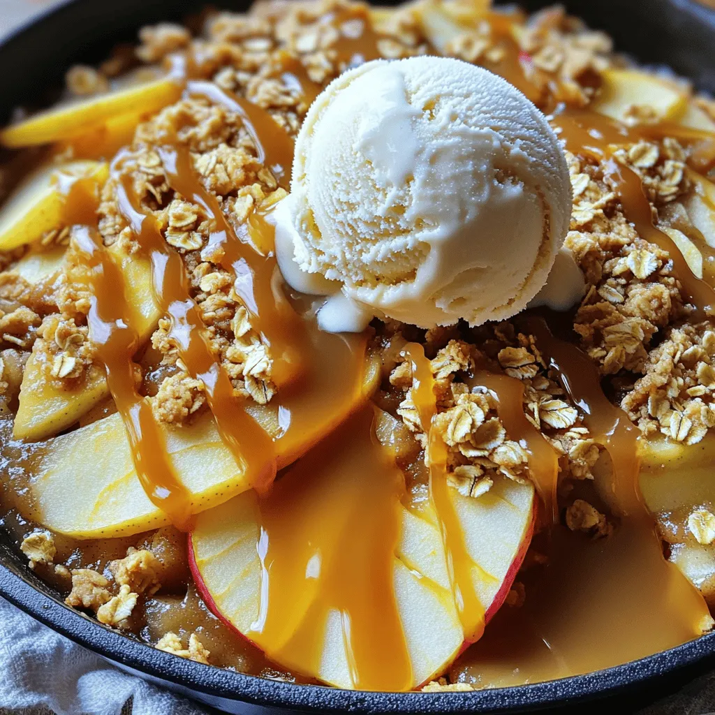 - 4 large apples (Granny Smith or Honeycrisp), peeled and sliced - 1 cup brown sugar - 1/2 cup granulated sugar - 1 teaspoon cinnamon - 1/4 teaspoon nutmeg - 1 tablespoon lemon juice - 1/4 cup butter - 1 cup oats - 1 cup all-purpose flour - 1/2 teaspoon baking powder - 1/2 teaspoon salt - 1/2 cup chopped pecans or walnuts (optional) - Vanilla ice cream (for serving) For this recipe, precise measurements count. You can swap brown sugar for coconut sugar for a healthier option. If you prefer a nut-free dish, skip the pecans or walnuts. Use gluten-free oats and flour for a gluten-free version. If you lack lemon juice, try apple cider vinegar. The flavors will still shine. I love using Granny Smith and Honeycrisp apples. Granny Smith offers a tart taste that balances the sweetness. Honeycrisp adds a juicy, sweet crunch. Other good choices include Fuji and Braeburn apples. They hold up well during cooking and add great flavor. Start by preheating your oven to 350°F (175°C). This step is key for the perfect bake. Next, peel and slice 4 large apples. I prefer Granny Smith or Honeycrisp for their crispness and tang. Place the sliced apples in a large mixing bowl. Add 1 cup of brown sugar, 1/2 cup of granulated sugar, 1 teaspoon of cinnamon, 1/4 teaspoon of nutmeg, and 1 tablespoon of lemon juice. Toss everything well. You want the apples to soak up all that sweet and spicy goodness. Grab a large oven-safe skillet. A cast iron skillet works best for this dish. Place it on medium heat and melt 1/4 cup of butter. Once the butter is melted, add the apple mixture. Cook for about 5 to 7 minutes. Stir occasionally until the apples start to soften. This step fills your kitchen with a sweet aroma that’s hard to resist. In a separate bowl, mix 1 cup of oats, 1 cup of all-purpose flour, 1/2 teaspoon of baking powder, and 1/2 teaspoon of salt. If you like, add 1/2 cup of chopped pecans or walnuts for extra crunch. Stir until everything is combined. Sprinkle this oat mixture evenly over the softened apples in the skillet. Make sure to cover them completely. Now, place the skillet in your preheated oven. Bake for 30 to 35 minutes. Look for a golden brown topping and bubbly apples. Once done, remove the skillet and let it cool slightly before serving. Pick firm apples for your crisp. Granny Smith apples add a nice tart taste. Honeycrisp apples give a sweet crunch. You can mix both types for great flavor. Make sure the apples are fresh and free of bruises. This helps your dish taste its best. You can add more spices to your dessert. Try using extra cinnamon or a dash of ginger. Adding a splash of vanilla extract boosts the flavor too. For a twist, toss in dried cranberries or raisins. Chopped nuts, like pecans or walnuts, add a nice crunch. These small changes make your caramel apple crisp even more special. Use a cast iron skillet for even cooking. It holds heat well and gives a nice crust. If you don’t have one, a heavy oven-safe skillet works too. Just make sure it can go in the oven. The right skillet helps your apples cook evenly and gives a great texture to your crisp. {{image_2}} You can easily make this dish nut-free. Simply leave out the chopped pecans or walnuts. For a gluten-free version, swap the all-purpose flour with a gluten-free blend. Oats are often gluten-free, but check the label to be sure. This way, everyone can enjoy the caramel apple crisp! You can add more depth to the flavor. Try adding a pinch of ginger or clove for extra warmth. You could mix in a splash of vanilla extract with the apple mixture. Nuts like almonds or hazelnuts can also boost the crunch factor. Each addition can create a new taste experience. Serve the caramel apple crisp straight from the skillet. A scoop of vanilla ice cream on top is a must! Drizzle caramel sauce over the ice cream for added sweetness. You can also sprinkle some extra cinnamon for a beautiful finish. Each bite will be a cozy moment you won't forget. After you enjoy your caramel apple crisp, store any leftovers in a container. Use a tight lid to keep the air out. It tastes best if you eat it within three days. Place the dish in the fridge to keep it fresh. The cool air will keep the apples from getting mushy. To reheat, use the oven for best results. Preheat your oven to 350°F (175°C). Place the crisp in an oven-safe dish. Cover it with foil to stop it from burning. Heat for about 10 to 15 minutes. If you want it warm and crispy, remove the foil for the last few minutes. You can also use a microwave, but the crisp won't be as crunchy. You can freeze this dish for later. Let it cool completely before freezing. Use a freezer-safe container or wrap it tightly in plastic wrap. It can last up to three months in the freezer. When you want to enjoy it again, thaw it in the fridge overnight. Then, reheat it in the oven for the best taste. Yes, you can use different fruits. Pears, peaches, or berries work well. Just slice them into pieces like apples. Adjust the sugar as needed. Some fruits are sweeter. Taste your mix and adjust. Mixing fruits can add fun flavors. To make the topping crispier, use more oats. You can also add crushed nuts. Pecan or walnut pieces add crunch. Bake a bit longer if needed. Check often to avoid burning. A sprinkle of cinnamon or sugar on top helps too. You can prepare some parts ahead. Slice the apples and mix with sugar. Cover and store them in the fridge. You can make the topping mix too. Just combine oats, flour, and nuts. Store it in a dry place. Bake it all together when you’re ready. This way, you can enjoy it fresh! This post reviewed the key steps for making a delicious apple dessert. We covered ingredients, measurements, and which apple varieties work best. I shared how to prepare, cook, and bake for the perfect crispness. I also included helpful tips on choosing apples and enhancing flavors. Variations offer options for nut-free and gluten-free diets. Lastly, we discussed proper storage and answered common questions. Now you can enjoy this dish anytime and share it with others!