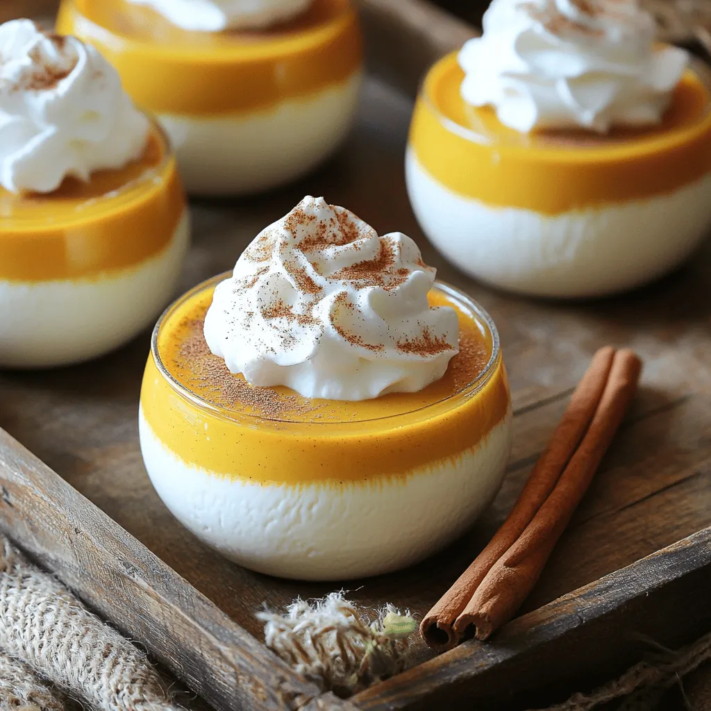 Using the right ingredients makes all the difference in flavor and texture. Here’s what you need for the Pumpkin Spice Latte Panna Cotta Cups: - 1 cup heavy cream - 1 cup whole milk - 1/2 cup pumpkin puree - 1/2 cup sugar - 2 teaspoons vanilla extract - 1 teaspoon pumpkin spice blend (cinnamon, nutmeg, ginger, cloves) - 1 packet (2 teaspoons) unflavored gelatin - 3 tablespoons cold water - Whipped cream for topping - Ground cinnamon for garnish Each ingredient plays a key role in this tasty dessert. The heavy cream and whole milk give the panna cotta its rich and creamy texture. Pumpkin puree adds a deep, warm flavor, while sugar sweetens the mix just right. Vanilla extract enhances all the flavors. The pumpkin spice blend brings autumn to your dessert. It combines cinnamon, nutmeg, ginger, and cloves for a cozy taste. Unflavored gelatin helps the panna cotta set, ensuring that it holds its shape. Cold water helps the gelatin bloom, making it ready to mix in. Finally, whipped cream and ground cinnamon are perfect toppings. They add a nice touch of sweetness and spice. Use these ingredients to create a delightful treat that will impress everyone! - Combining the mixture Start by taking a medium saucepan. Add the heavy cream, whole milk, pumpkin puree, sugar, vanilla extract, and pumpkin spice blend. Cook this over medium heat. Stir occasionally until it is hot but not boiling. Once hot, remove it from the heat. - Blooming the gelatin In a small bowl, sprinkle the gelatin over the cold water. Let this sit for five minutes. This helps the gelatin absorb water and swell. - Whisking in the gelatin After the cream mixture is hot, whisk in the bloomed gelatin. Make sure it dissolves fully. You want to avoid any lumps. This step is key to a smooth panna cotta. - Pouring into cups Allow the mixture to cool slightly. Then, carefully pour it into individual serving cups or ramekins. You can choose any cute cups you have at home! - Refrigerating to set Place the cups in the fridge. Let them chill for at least four hours or until they are firm. This is when the magic happens! The panna cotta will set and be ready to enjoy. To make the best panna cotta, focus on a few key steps. - Ensuring a smooth texture: Heat the cream mixture gently. Stir it often. This helps blend the flavors and keeps it smooth. If it boils, it can change the texture. - Choosing the right gelatine: Use unflavored gelatin for best results. It sets well and gives a nice bounce. Always check the packet for the right amount. - How to avoid lumps: When you add gelatin, whisk it into the hot mixture. Make sure it dissolves completely. If you see lumps, keep whisking until they vanish. Now, let’s talk about how to serve this tasty treat. - Decorative serving ideas: Pour panna cotta into clear cups. This way, you can see the layers. Add a cinnamon stick or whole cloves on top for a pretty look. - Perfect pairing beverages: Enjoy your panna cotta with a warm pumpkin spice latte or a cool apple cider. Both drinks bring out the flavors of the dessert. {{image_2}} You can change the spices for a new taste. Try using nutmeg or allspice instead of pumpkin spice. If you want a unique twist, add some espresso for an extra kick. For a dairy-free version, swap the heavy cream and milk with coconut milk or almond milk. This keeps the creaminess while making it suitable for lactose-intolerant friends. Toppings can elevate your panna cotta. Instead of whipped cream, try a drizzle of salted caramel or chocolate sauce. You can even add a sprinkle of crushed ginger cookies for crunch. Seasonal toppings are fun too! Use fresh apple slices or a dollop of cranberry sauce for autumn flair. You can also garnish with a cinnamon stick or whole cloves for a festive touch. Store your Pumpkin Spice Latte Panna Cotta Cups in the fridge. Use airtight containers for best results. Wrap each cup with plastic wrap if you don’t have containers. This keeps the panna cotta fresh and tasty. You can also freeze these cups if you want to save some for later. Just make sure to use freezer-safe containers. Leave some space at the top, as the panna cotta might expand. To eat, thaw in the fridge overnight. The panna cotta stays fresh for about 3 to 5 days in the fridge. Make sure to check for any changes in smell or texture before eating. If frozen, it can last up to 2 months. Just remember, the longer it sits, the more its flavor may change. Panna cotta is a smooth, creamy dessert from Italy. It means "cooked cream." This dessert uses cream, milk, sugar, and gelatin. The mixture sets into a soft, wobbly treat. You can flavor panna cotta in many ways, like with vanilla or pumpkin spice. This recipe uses pumpkin puree and warm spices for a cozy fall flavor. Yes, you can make panna cotta ahead of time. It needs at least four hours in the fridge to set. You can prepare it the day before serving. This makes it a perfect dessert for parties or gatherings. Just cover the cups with plastic wrap. This way, they stay fresh and clean. To check if panna cotta is set, gently shake the cup. If it jiggles like jelly, it's ready. The mixture should hold its shape. If it is still liquid, it needs more time in the fridge. Make sure to wait at least four hours before checking. For best results, leave it overnight for a firmer texture. This blog post covered all the key steps to make a delicious pumpkin panna cotta. You learned about the ingredients you need, easy preparation steps, and helpful tips for the best results. I also shared fun variations and serving ideas that can make your dessert special. Remember to store leftovers properly for the best taste. With these simple insights, you can create a tasty treat anyone will love. Enjoy your cooking and impress your friends and family with this delightful dessert!