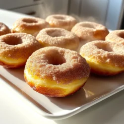 - 2 cups apple cider - 2 cups all-purpose flour - 1 teaspoon baking powder - 1 teaspoon baking soda - 1 teaspoon ground cinnamon - 1/2 teaspoon ground nutmeg - 1/2 teaspoon salt - 1/2 cup granulated sugar - 1/2 cup brown sugar, packed - 2 large eggs - 1/2 cup unsweetened applesauce - 1/4 cup milk - 1/4 cup unsalted butter, melted - 1/4 cup sugar mixed with 1 tablespoon cinnamon for coating I love using fresh apple cider in this recipe. It brings a rich flavor that makes the donuts special. Using both granulated and brown sugar adds depth to the taste. The brown sugar also helps keep the donuts moist. Ground cinnamon and nutmeg provide warm spices that make each bite cozy. Make sure you measure each ingredient carefully for the best results. Eggs and applesauce add moisture and help the donuts rise. The milk and melted butter give the donuts a tender crumb. Finally, the cinnamon sugar mixture adds a sweet and spicy coating. This final touch makes these donuts irresistible. You will want to eat them right away! To make the best apple cider donuts, start with reducing the cider. Pour 2 cups of apple cider into a saucepan. Heat it on medium-high until it boils. Then, lower the heat and let it simmer. The goal is to reduce it to about 1 cup. This takes about 15 to 20 minutes. Once done, remove it from the heat and let it cool to room temperature. This step is key. It makes the flavor richer. Next, whisk the dry ingredients together. In a large bowl, combine 2 cups of all-purpose flour, 1 teaspoon of baking powder, 1 teaspoon of baking soda, 1 teaspoon of ground cinnamon, 1/2 teaspoon of ground nutmeg, and 1/2 teaspoon of salt. Make sure to measure carefully. This ensures your donuts rise perfectly and taste great. Now, it’s time to mix your wet ingredients. In another bowl, add 1/2 cup of granulated sugar and 1/2 cup of brown sugar. Crack in 2 large eggs. Beat them together until well mixed. Then, stir in 1/2 cup of unsweetened applesauce, 1/4 cup of milk, and the cooled apple cider. Mix until the batter is smooth. This step brings all the flavors together. It's time to combine the dry and wet mixtures. Gradually add the dry ingredients to the wet mixture. Fold gently with a spatula. Be careful not to overmix. A few lumps are okay. This keeps your donuts light and fluffy. Preheat your oven to 350°F (175°C). While it heats, grease your donut pan with cooking spray or butter. This helps prevent sticking. Next, fill each donut cavity about 2/3 full with the batter. You can use a piping bag or a zip-top bag with the corner snipped. Bake for 10 to 12 minutes. The tops should be lightly golden, and a toothpick should come out clean. Once baked, let the donuts cool in the pan for about 5 minutes. Then, transfer them to a wire rack to cool completely. While they are still slightly warm, dip the tops of each donut into the cinnamon sugar mixture. Coat them generously for that sweet finish. Enjoy the warm, cozy flavors of your apple cider donuts! To get the best texture, use room temperature ingredients. Cold eggs or milk can make the batter dense. For moist donuts, applesauce is key. It adds moisture and flavor. You want your donuts light and fluffy, not heavy. You can boost flavor by adding spices like ginger or cloves. These spices pair well with apple cider. For a sweet touch, try a maple glaze instead of cinnamon sugar. A glaze adds shine and a fun twist. Overmixing can ruin your donuts. It makes them tough. Mix just until combined, and it's okay if there are lumps. Also, watch your baking time. If you bake too long, they may dry out. Aim for a light golden color and check with a toothpick. {{image_2}} You can change the flavor of your apple cider donuts to keep things exciting! - Pumpkin spice variation: Add 1 teaspoon of pumpkin spice to the dry mix. This gives your donuts a warm, fall flavor. - Maple-infused donuts: Replace the granulated sugar with maple sugar. This adds a sweet, rich taste that pairs well with the apple cider. You can make these donuts fit different diets easily! - Gluten-free options: Use a 1:1 gluten-free flour blend instead of all-purpose flour. This keeps the texture soft. - Vegan alternatives: Replace eggs with flax eggs (1 tablespoon ground flaxseed mixed with 3 tablespoons water). Use almond milk instead of regular milk. Think about how you will serve these tasty treats! - Pairing with beverages: These donuts go great with warm apple cider or coffee. The flavors blend well and create a cozy vibe. - Serving at events or gatherings: Present donuts on a pretty platter. Add a few fresh apples for color. This makes a lovely display for any occasion. Store your apple cider donuts at room temperature for up to two days. Keep them in an airtight container to prevent them from drying out. You can refrigerate the donuts, but they may become a bit dry. If you choose to refrigerate, wrap each donut in plastic wrap first. To keep your donuts fresh, reheat them in the oven. Set your oven to 350°F (175°C). Place the donuts on a baking sheet and warm them for about 5 minutes. This method helps maintain their soft texture. You can also use a microwave, but heat them for only 10-15 seconds to avoid making them chewy. To freeze your donuts, first let them cool completely. Then, wrap each donut in plastic wrap and place them in a freezer-safe bag. Label the bag with the date. When you're ready to enjoy, take them out and let them thaw at room temperature. You can warm them again in the oven for a few minutes before serving. Apple cider donuts last about 2 to 3 days at room temperature. Store them in an airtight container. If you want them to last longer, refrigerate them for up to a week. They may dry out in the fridge, so be sure to cover them well. Yes, you can substitute some ingredients. For flour, use gluten-free flour if needed. You can swap out eggs with applesauce for a vegan option. If you don't have granulated sugar, use coconut sugar or honey. Just remember, these swaps can change the flavor and texture a bit. If you don't have a donut pan, don't worry! Use a muffin pan instead. Just fill each muffin cup about 2/3 full. Bake them for a few extra minutes. You'll end up with delicious apple cider muffins instead of donuts! The donuts are done when they look lightly golden. Insert a toothpick in the center; if it comes out clean, they are ready. Don’t open the oven door too early, as this can cause them to sink. Yes, homemade apple cider works great for this recipe! Just make sure it's reduced to the right amount. The flavor from fresh cider can make your donuts taste even better. Enjoy the process of making cider and then use it in your baking! In this guide, we explored how to make delicious apple cider donuts. We covered key ingredients and provided step-by-step instructions to perfect your baking skills. I shared tips to enhance texture and flavor while helping you avoid common mistakes. You also learned about variations and best storage practices to keep your donuts fresh. These sweet treats are a joy to make and share. Don’t hesitate to get creative with flavors or baking techniques. Enjoy baking and delighting taste buds with your apple cider donuts!