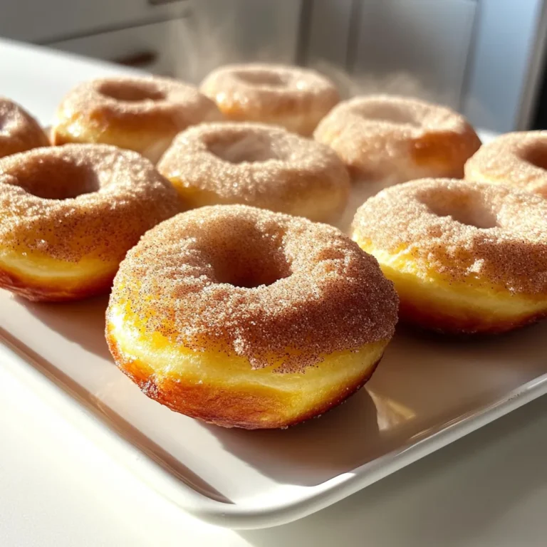 - 2 cups apple cider - 2 cups all-purpose flour - 1 teaspoon baking powder - 1 teaspoon baking soda - 1 teaspoon ground cinnamon - 1/2 teaspoon ground nutmeg - 1/2 teaspoon salt - 1/2 cup granulated sugar - 1/2 cup brown sugar, packed - 2 large eggs - 1/2 cup unsweetened applesauce - 1/4 cup milk - 1/4 cup unsalted butter, melted - 1/4 cup sugar mixed with 1 tablespoon cinnamon for coating I love using fresh apple cider in this recipe. It brings a rich flavor that makes the donuts special. Using both granulated and brown sugar adds depth to the taste. The brown sugar also helps keep the donuts moist. Ground cinnamon and nutmeg provide warm spices that make each bite cozy. Make sure you measure each ingredient carefully for the best results. Eggs and applesauce add moisture and help the donuts rise. The milk and melted butter give the donuts a tender crumb. Finally, the cinnamon sugar mixture adds a sweet and spicy coating. This final touch makes these donuts irresistible. You will want to eat them right away! To make the best apple cider donuts, start with reducing the cider. Pour 2 cups of apple cider into a saucepan. Heat it on medium-high until it boils. Then, lower the heat and let it simmer. The goal is to reduce it to about 1 cup. This takes about 15 to 20 minutes. Once done, remove it from the heat and let it cool to room temperature. This step is key. It makes the flavor richer. Next, whisk the dry ingredients together. In a large bowl, combine 2 cups of all-purpose flour, 1 teaspoon of baking powder, 1 teaspoon of baking soda, 1 teaspoon of ground cinnamon, 1/2 teaspoon of ground nutmeg, and 1/2 teaspoon of salt. Make sure to measure carefully. This ensures your donuts rise perfectly and taste great. Now, it’s time to mix your wet ingredients. In another bowl, add 1/2 cup of granulated sugar and 1/2 cup of brown sugar. Crack in 2 large eggs. Beat them together until well mixed. Then, stir in 1/2 cup of unsweetened applesauce, 1/4 cup of milk, and the cooled apple cider. Mix until the batter is smooth. This step brings all the flavors together. It's time to combine the dry and wet mixtures. Gradually add the dry ingredients to the wet mixture. Fold gently with a spatula. Be careful not to overmix. A few lumps are okay. This keeps your donuts light and fluffy. Preheat your oven to 350°F (175°C). While it heats, grease your donut pan with cooking spray or butter. This helps prevent sticking. Next, fill each donut cavity about 2/3 full with the batter. You can use a piping bag or a zip-top bag with the corner snipped. Bake for 10 to 12 minutes. The tops should be lightly golden, and a toothpick should come out clean. Once baked, let the donuts cool in the pan for about 5 minutes. Then, transfer them to a wire rack to cool completely. While they are still slightly warm, dip the tops of each donut into the cinnamon sugar mixture. Coat them generously for that sweet finish. Enjoy the warm, cozy flavors of your apple cider donuts! To get the best texture, use room temperature ingredients. Cold eggs or milk can make the batter dense. For moist donuts, applesauce is key. It adds moisture and flavor. You want your donuts light and fluffy, not heavy. You can boost flavor by adding spices like ginger or cloves. These spices pair well with apple cider. For a sweet touch, try a maple glaze instead of cinnamon sugar. A glaze adds shine and a fun twist. Overmixing can ruin your donuts. It makes them tough. Mix just until combined, and it's okay if there are lumps. Also, watch your baking time. If you bake too long, they may dry out. Aim for a light golden color and check with a toothpick. {{image_2}} You can change the flavor of your apple cider donuts to keep things exciting! - Pumpkin spice variation: Add 1 teaspoon of pumpkin spice to the dry mix. This gives your donuts a warm, fall flavor. - Maple-infused donuts: Replace the granulated sugar with maple sugar. This adds a sweet, rich taste that pairs well with the apple cider. You can make these donuts fit different diets easily! - Gluten-free options: Use a 1:1 gluten-free flour blend instead of all-purpose flour. This keeps the texture soft. - Vegan alternatives: Replace eggs with flax eggs (1 tablespoon ground flaxseed mixed with 3 tablespoons water). Use almond milk instead of regular milk. Think about how you will serve these tasty treats! - Pairing with beverages: These donuts go great with warm apple cider or coffee. The flavors blend well and create a cozy vibe. - Serving at events or gatherings: Present donuts on a pretty platter. Add a few fresh apples for color. This makes a lovely display for any occasion. Store your apple cider donuts at room temperature for up to two days. Keep them in an airtight container to prevent them from drying out. You can refrigerate the donuts, but they may become a bit dry. If you choose to refrigerate, wrap each donut in plastic wrap first. To keep your donuts fresh, reheat them in the oven. Set your oven to 350°F (175°C). Place the donuts on a baking sheet and warm them for about 5 minutes. This method helps maintain their soft texture. You can also use a microwave, but heat them for only 10-15 seconds to avoid making them chewy. To freeze your donuts, first let them cool completely. Then, wrap each donut in plastic wrap and place them in a freezer-safe bag. Label the bag with the date. When you're ready to enjoy, take them out and let them thaw at room temperature. You can warm them again in the oven for a few minutes before serving. Apple cider donuts last about 2 to 3 days at room temperature. Store them in an airtight container. If you want them to last longer, refrigerate them for up to a week. They may dry out in the fridge, so be sure to cover them well. Yes, you can substitute some ingredients. For flour, use gluten-free flour if needed. You can swap out eggs with applesauce for a vegan option. If you don't have granulated sugar, use coconut sugar or honey. Just remember, these swaps can change the flavor and texture a bit. If you don't have a donut pan, don't worry! Use a muffin pan instead. Just fill each muffin cup about 2/3 full. Bake them for a few extra minutes. You'll end up with delicious apple cider muffins instead of donuts! The donuts are done when they look lightly golden. Insert a toothpick in the center; if it comes out clean, they are ready. Don’t open the oven door too early, as this can cause them to sink. Yes, homemade apple cider works great for this recipe! Just make sure it's reduced to the right amount. The flavor from fresh cider can make your donuts taste even better. Enjoy the process of making cider and then use it in your baking! In this guide, we explored how to make delicious apple cider donuts. We covered key ingredients and provided step-by-step instructions to perfect your baking skills. I shared tips to enhance texture and flavor while helping you avoid common mistakes. You also learned about variations and best storage practices to keep your donuts fresh. These sweet treats are a joy to make and share. Don’t hesitate to get creative with flavors or baking techniques. Enjoy baking and delighting taste buds with your apple cider donuts!