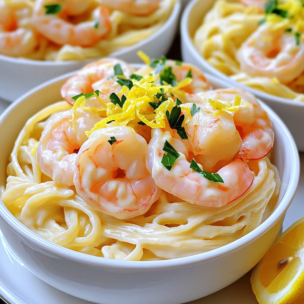 - 8 oz spaghetti or linguine - 1 lb large shrimp, peeled and deveined - 4 tablespoons unsalted butter - 2 tablespoons olive oil - 4 cloves garlic, minced - 1 cup heavy cream - 1 lemon, zested and juiced - 1/2 cup grated Parmesan cheese - Salt and pepper to taste - 1/4 teaspoon red pepper flakes - Fresh parsley, chopped for garnish For this dish, I focus on fresh and simple ingredients. The pasta serves as a great base, while the shrimp adds a lovely protein. I love using unsalted butter and olive oil together. They create a rich flavor when sautéing the garlic. The garlic brings a warm aroma that makes your kitchen smell great. The sauce is where the magic happens. Heavy cream makes it creamy, while lemon adds a bright, zesty touch. I use both lemon juice and zest to get the full flavor. The Parmesan cheese adds a savory kick, enhancing every bite. If you like a bit of heat, red pepper flakes are a perfect addition. They provide a nice contrast to the creaminess of the dish. Finally, fresh parsley not only looks good but adds a fresh taste. Each ingredient plays a key role in making this meal a standout dinner choice. - Bringing Water to a Boil Start by filling a large pot with water. Add a pinch of salt to enhance the flavor. Heat the pot over high heat until it reaches a rolling boil. - Cooking Time for Al Dente Once boiling, add 8 oz of spaghetti or linguine. Cook according to package instructions, usually around 8-10 minutes. You want it al dente, which means it should still have a little bite. - Heating the Skillet While the pasta cooks, grab a large skillet. Place it over medium heat. Add 2 tablespoons of unsalted butter and 2 tablespoons of olive oil. Let them melt and blend together. - Sautéing Garlic Add 4 cloves of minced garlic to the skillet. Cook for about 1 minute. You want it fragrant but not brown. This step adds a nice depth of flavor. - Combining Ingredients in the Skillet After the garlic is ready, toss in 1 lb of large shrimp. Season with salt, pepper, and optional red pepper flakes. Cook for about 2-3 minutes on each side until the shrimp turns pink. - Thickening the Sauce Remove the shrimp and set aside. In the same skillet, lower the heat. Add 2 more tablespoons of butter, 1 cup of heavy cream, the juice of 1 lemon, and the zest. Stir and let it simmer for about 2-3 minutes. - Tossing Pasta with Sauce Drain the pasta but save 1/2 cup of pasta water. Add the cooked pasta to the skillet. Toss it well to coat in the creamy sauce. - Adjusting Sauce Consistency If the sauce seems too thick, pour in a little reserved pasta water. This helps achieve the perfect creamy texture. - Incorporating Parmesan Cheese Stir in 1/2 cup of grated Parmesan cheese. Mix until it melts and combines smoothly into the dish. - Garnishing the Dish Return the shrimp to the skillet and toss everything together. Plate your pasta, and sprinkle fresh parsley on top for color and freshness. To get the best shrimp, cook them just right. Aim for 2-3 minutes on each side. They should turn pink and opaque. If you overcook them, they can become rubbery. For seasoning, keep it simple. Use salt and pepper to start. Add red pepper flakes for a little heat. You can adjust the spice to your taste. To make the sauce extra creamy, balance the heavy cream and butter. Use 1 cup of cream and 4 tablespoons of butter for a rich flavor. If you want a lighter dish, cut back on the butter. Pasta water is your secret weapon. Reserve half a cup when draining the pasta. Add it to the sauce if it gets too thick. This will keep everything smooth and flavorful. When serving, use wide bowls for an elegant look. This helps the pasta stand out. Add an extra sprinkle of Parmesan on top for a cheesy finish. Garnish with fresh parsley for color and a fresh taste. A lemon wedge on the side adds a nice touch. It also allows guests to add more lemon if they like. {{image_2}} You can spice up the creamy lemon butter shrimp pasta with veggies. Adding vegetables gives more flavor and texture. Some great choices include: - Spinach - Cherry tomatoes - Zucchini - Bell peppers These veggies cook quickly. Add them to the skillet after sautéing the garlic. They will add color and nutrition to your meal. You can switch the shrimp for other proteins. If you want different seafood, try: - Scallops - Crab meat - Salmon These options work well with the creamy sauce. If you prefer chicken or tofu, here are some tips: - For chicken, use bite-sized pieces and cook until golden. - For tofu, press it first, then sauté until crispy. If you want a vegan version, swap out the dairy. Here are some ideas: - Use coconut cream instead of heavy cream. - Try nutritional yeast in place of Parmesan cheese. These changes keep the dish creamy and tasty. To reduce calories, use less butter or cream. You can also serve this dish with a side salad to balance out the meal. After making Creamy Lemon Butter Shrimp Pasta, let it cool first. Then, place it in an airtight container. Store it in the fridge. It stays fresh for 2-3 days. To keep the flavors strong, add a little extra lemon juice. When you heat leftovers, do it gently. Use a skillet over low heat. Add a splash of heavy cream or pasta water. This keeps the sauce creamy. Stir often to avoid burning. You can also use the microwave. Heat in short bursts, stirring in between. Can you freeze creamy pasta? Yes, but be careful. Freezing can change the texture. If you must freeze it, store it in a freezer-safe container. It lasts about 2 months. For thawing, move it to the fridge overnight. Reheat it slowly on the stove. Add cream or pasta water to help with creaminess. Enjoy your pasta even after freezing! You can use several alternatives for heavy cream. Here are some options: - Half-and-half: This mixture of milk and cream gives good richness. - Greek yogurt: Use plain Greek yogurt for a tangy flavor. - Coconut milk: This adds a unique taste and is dairy-free. - Silken tofu: Blend it for a creamy texture without dairy. Each option changes the taste slightly but keeps the dish creamy. To make this dish gluten-free, choose the right pasta. Here are some great options: - Gluten-free spaghetti: Made from rice, corn, or quinoa. - Zucchini noodles: Also known as "zoodles," they are fresh and light. - Chickpea pasta: A protein-rich choice with a unique flavor. These substitutes let you enjoy the dish while avoiding gluten. Yes, you can prep this dish in advance. Here are some tips for success: - Cook the pasta al dente: It holds up better when reheated. - Prepare the sauce separately: Store it in the fridge until ready. - Store shrimp and pasta separately: This keeps them fresh. When you’re ready, combine everything in a skillet until heated through. This creamy lemon butter shrimp pasta shines with great flavor and texture. You learned about the main ingredients, cooking methods, and helpful tips. Don't forget the variations and storage info to customize your dish. With these easy steps, you can impress anyone at the dinner table. Enjoy your cooking journey and savor each bite of your delicious creation!