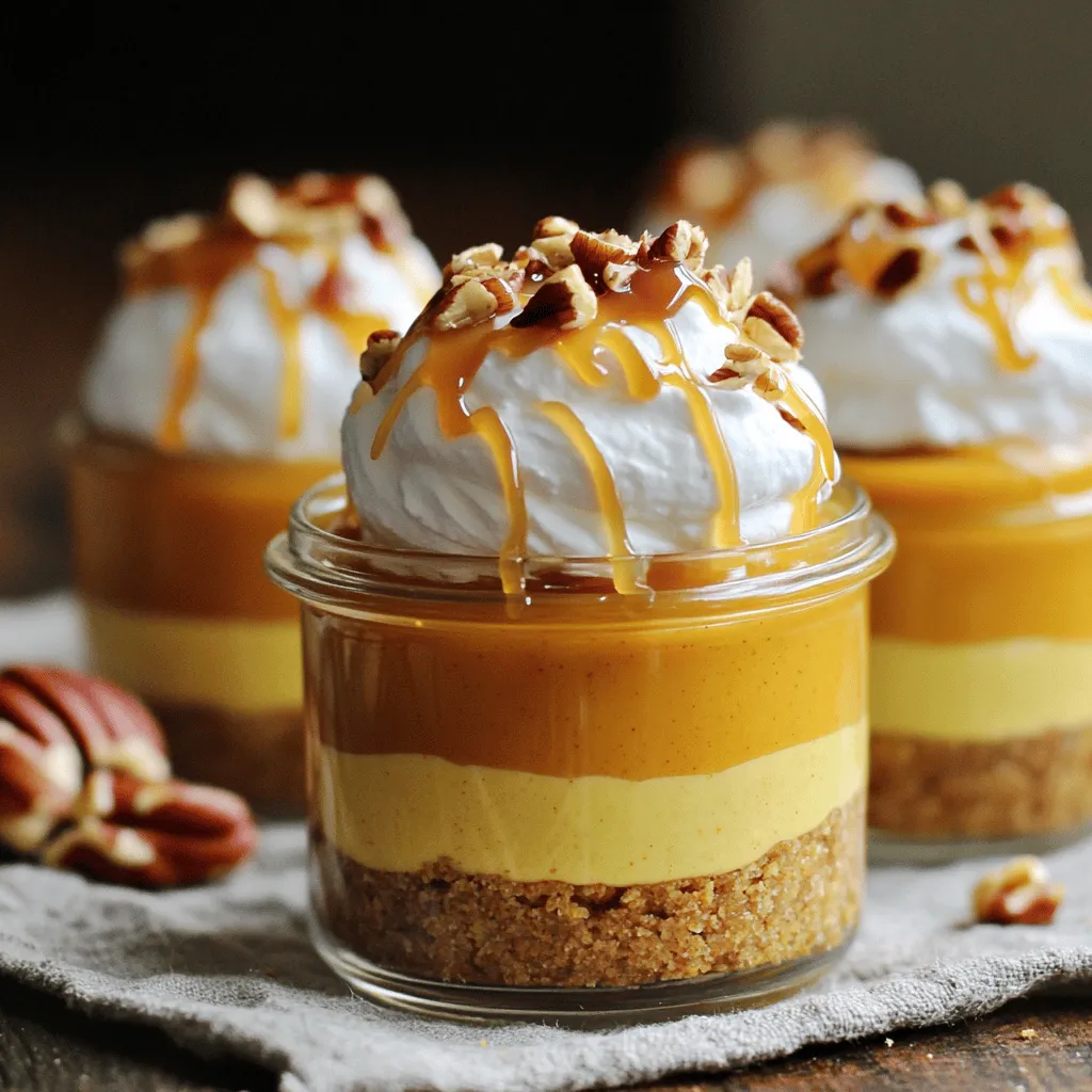 To make No-Bake Pumpkin Cream Pie Cups, you need to gather some simple ingredients. Here’s the list you’ll need: - 1 cup graham cracker crumbs - 1/4 cup melted butter - 3 tablespoons brown sugar - 1 cup canned pumpkin puree - 1 cup cream cheese, softened - 1 cup whipped cream or whipped topping - 1/2 cup powdered sugar - 1 teaspoon vanilla extract - 1 teaspoon pumpkin pie spice - 4 tablespoons caramel sauce (for drizzling) - Optional: crushed pecans or walnuts for garnish These ingredients come together to create a delicious dessert. The graham cracker crumbs form a tasty crust that gives a nice crunch. The melted butter and brown sugar help bind the crumbs together. Canned pumpkin puree adds a warm flavor, while cream cheese makes the filling creamy. Whipped cream or whipped topping lightens the texture. You can sweeten it with powdered sugar and add vanilla extract for depth. Pumpkin pie spice gives that classic fall taste. The caramel sauce adds sweetness and a beautiful drizzle on top. If you want, you can use crushed pecans or walnuts for a nice crunch. Gathering these ingredients is the first step to creating your delightful treats! - In a mixing bowl, combine: - 1 cup graham cracker crumbs - 1/4 cup melted butter - 3 tablespoons brown sugar Mix until the crumbs are moist and crumbly. Use a spoon or your fingers to press this mixture into the bottom of your serving cups. This forms the base of your cups. Set them aside while you prepare the filling. - In another large bowl, beat: - 1 cup cream cheese, softened Do this until it is smooth. Next, mix in: - 1 cup canned pumpkin puree - 1/2 cup powdered sugar - 1 teaspoon vanilla extract - 1 teaspoon pumpkin pie spice Blend these ingredients until they are well combined. Then, gently fold in: - 1 cup whipped cream or whipped topping This will make the mixture light and fluffy, giving your cups a nice texture. Now, spoon or pipe the pumpkin cream mixture into your cups over the crust. Fill them about three-quarters full. After that, chill the cups in the refrigerator for at least 2 hours. This helps the flavors mix and the cups to set. Before serving, you can drizzle caramel sauce on top. Adding crushed pecans or walnuts gives a nice crunch and flavor. To get the best texture for your pumpkin cream pie cups, start with the cream cheese. Make sure it is softened. This step helps it blend smoothly with the other ingredients. If the cream cheese is cold, it will clump and make a lumpy filling. Next, when you fold in the whipped cream, do it gently. Use a spatula and scoop from the bottom of the bowl. This method helps keep the mixture light and airy. If you stir too hard, you may lose that fluffy texture. When it comes to toppings, let your creativity shine. You can add more whipped cream on top. A sprinkle of pumpkin pie spice adds a nice touch. For some crunch, consider adding crushed pecans or walnuts. You can also try chocolate shavings for a sweet twist. Serve the cups chilled. They taste best when they have set in the fridge for at least two hours. Use clear cups or jars to show off the layers. This way, everyone can see the beautiful pumpkin cream filling. You can easily switch up the spices in this recipe. Instead of just pumpkin pie spice, try adding cinnamon or nutmeg. These spices can boost the flavor and give it a unique twist. If you want to change the caramel sauce, consider using chocolate sauce instead. A drizzle of maple syrup can also add a sweet touch. Experiment with different flavors to find your favorite! {{image_2}} You can switch up the crust for your No-Bake Pumpkin Cream Pie Cups. Here are some fun ideas: - Using chocolate cookies: For a rich twist, use crushed chocolate cookies. They add a deep flavor that pairs well with pumpkin. Just mix the crumbs with melted butter, like you do with graham crackers. - Gluten-free graham cracker alternative: If you need a gluten-free option, try almond flour or gluten-free cookies. These options give a nice texture while being safe for those with gluten sensitivities. Feel free to get creative with flavors. Here are two tasty options: - Adding chocolate or caramel layer: You can add a layer of chocolate pudding or caramel sauce between the crust and pumpkin cream. This adds richness and a surprise element to every bite. - Incorporating different spices: While pumpkin pie spice is great, you can use nutmeg or allspice for a different taste. A pinch of cinnamon or ginger can also give it a warm kick. You can easily adapt this recipe for different diets. Here’s how: - Vegan versions of the recipe: To make it vegan, swap cream cheese with a vegan cream cheese. Use coconut whipped cream instead of regular whipped cream. This keeps it creamy and delicious. - Low-sugar adaptations: For a low-sugar option, use a sugar substitute like stevia or monk fruit. You can also reduce the powdered sugar in the cream mixture. This way, you can enjoy your dessert without too much sugar. To keep your no-bake pumpkin cream pie cups fresh, place them in the refrigerator. Use airtight containers to prevent odors from mixing. Glass jars or plastic containers work well. Make sure to cover the cups tightly with a lid or plastic wrap. If you want to save some for later, you can freeze the pumpkin cream cups. First, chill them in the fridge for at least two hours. Then, wrap each cup in plastic wrap and place them in a freezer-safe bag. When you’re ready to eat, let them thaw in the fridge overnight. Do not refreeze after thawing. In the fridge, these cups stay fresh for about 3-4 days. If frozen, they can last for about 1-2 months. However, for the best taste and texture, enjoy them within a month. Always check for any change in smell or texture before eating. Yes, you can make these cups ahead of time. I suggest making them a day before you plan to serve. This gives the flavors time to blend and the cups can chill properly. Just cover them tightly with plastic wrap. They will stay fresh in the fridge for about three days. You will know it's folded correctly when the mixture looks light and fluffy. Gently mix the whipped cream in with the pumpkin cream. Use a spatula and fold the whipped cream in, making sure not to stir too hard. If you see streaks of whipped cream, keep folding until it looks smooth. If you want to skip cream cheese, try using Greek yogurt. It gives a nice creamy texture and adds a little tang. You could also use mascarpone cheese for a rich taste. Just make sure you keep the same amount. Yes, you can use fresh pumpkin instead of canned. Just cook and puree the pumpkin until smooth. Use the same amount as the canned version, which is one cup. Make sure to drain any excess water from the fresh pumpkin to keep your cups from getting too wet. In this article, we explored how to make delicious pumpkin cream cups. We covered the key ingredients, step-by-step instructions, and tips for great texture. I shared variations for crusts and flavors, plus storage tips to keep them fresh. Remember, you can customize this recipe to your taste. Enjoy these treats at gatherings or as a sweet snack. With this guide, you now have all you need to impress friends and family with your pumpkin dessert skills. Dig in, and have fun making these delightful cups!