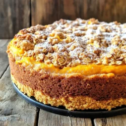 - 1 cup all-purpose flour - 1 cup whole wheat flour - 1 tablespoon baking powder - 1 teaspoon baking soda - 1 teaspoon ground cinnamon - 1/2 teaspoon ground nutmeg - 1/4 teaspoon ground ginger - 1/2 teaspoon salt The dry ingredients form the base of the cake. All-purpose flour gives a light texture. Whole wheat flour adds a nutty flavor and nutrients. Baking powder and baking soda make the cake rise. Spices like cinnamon, nutmeg, and ginger add warmth and depth. Salt balances the sweetness. - 1 cup pumpkin puree - 1 cup granulated sugar - 1/2 cup brown sugar, packed - 1/2 cup vegetable oil - 3 large eggs - 1 teaspoon vanilla extract The wet ingredients keep the cake moist and flavorful. Pumpkin puree is the star, bringing rich flavor and moisture. Granulated sugar adds sweetness, while brown sugar gives a hint of caramel. Vegetable oil ensures a tender crumb. Eggs bind everything together, and vanilla extract adds aroma. - 1/2 cup all-purpose flour - 1/2 cup rolled oats - 1/3 cup brown sugar, packed - 1 teaspoon ground cinnamon - 1/4 cup unsalted butter, melted The streusel topping gives a crunchy texture. All-purpose flour and oats create a hearty mix. Brown sugar adds sweetness and chewiness. Cinnamon enhances the cake’s spice profile. Melted butter helps blend these ingredients into a crumbly topping that contrasts with the soft cake. - Preheat your oven to 350°F (175°C). - Grease and flour a 9-inch round cake pan or line it with parchment paper. - In a large bowl, mix the dry ingredients: all-purpose flour, whole wheat flour, baking powder, baking soda, cinnamon, nutmeg, ginger, and salt. Whisk until the mix is smooth and combined. - In a separate bowl, combine the wet ingredients: pumpkin puree, granulated sugar, brown sugar, vegetable oil, eggs, and vanilla extract. Mix until the mixture is smooth and creamy. - Gradually pour the wet mixture into the dry ingredients. Stir gently until just combined. Be careful not to overmix; the batter should have small lumps. - Pour half of the cake batter into the prepared pan. - Sprinkle half of the streusel topping over the batter. - Pour the rest of the batter into the pan, then finish with the remaining streusel topping. - Place the cake in the preheated oven. Bake for 40–45 minutes. Check for doneness by inserting a toothpick into the center. If it comes out clean, the cake is ready. - Once baked, let the cake cool in the pan for about 10 minutes. Then, transfer it to a wire rack to cool completely. Serve warm or at room temperature for the best taste. - Alternative flours and sugars: You can swap all-purpose flour for almond flour or coconut flour. Whole wheat flour works well too. Use coconut sugar or maple sugar in place of granulated sugar for a different taste. - Vegan or gluten-free options: For a vegan cake, replace eggs with flax eggs or applesauce. Use gluten-free flour blends if you need a gluten-free treat. - Avoiding overmixing: Mix the batter until just combined. Some lumps are okay. This keeps the cake light and fluffy. - Measuring ingredients correctly: Use a kitchen scale for accuracy. When measuring flour, spoon it into the cup and level off with a knife. This prevents a dense cake. - Dusting with powdered sugar: After the cake cools, dust the top with powdered sugar. This gives it a lovely look. - Serving suggestions with toppings: Serve with whipped cream or a scoop of vanilla ice cream. A sprinkle of cinnamon on top adds a nice touch. {{image_2}} You can change the taste of your pumpkin streusel coffee cake in fun ways. Adding nuts like walnuts or pecans gives a nice crunch. You could also mix in chocolate chips for a sweet surprise. If you want more spice, try adding cardamom or allspice. These spices will make the cake even more delicious and cozy. Seasonal fruits can brighten up your cake. Adding cranberries gives a tart twist, perfect for fall. You can also use apples or pears for a sweet touch. For a Halloween treat, consider adding orange zest. For Thanksgiving, sprinkle in some chopped nuts or extra cinnamon for warmth. If you want a healthier cake, you can reduce the sugar. Try using natural sweeteners like honey or maple syrup instead. These options can add unique flavors too. You can also replace vegetable oil with Greek yogurt. This swap keeps the cake moist while cutting back on fat. To keep your coffee cake fresh, store it in an airtight container. This helps retain moisture and flavor. Place it at room temperature, away from direct sunlight. If you want to keep it for longer, you can refrigerate it. Just remember, refrigeration can dry it out a bit. To freeze the cake, first, let it cool completely. Wrap it tightly in plastic wrap, then place it in a freezer bag. This prevents freezer burn. You can freeze it for up to three months. When you're ready to enjoy it, thaw the cake in the fridge overnight. For a warm treat, reheat it in the oven at 350°F for about 10 minutes. At room temperature, the coffee cake stays fresh for about three days. After that, it may start to dry out. If you see any mold or if it smells off, it’s best to toss it. Always check for these signs to ensure you enjoy it at its best. Yes, you can use fresh pumpkin. First, get a small pumpkin. Cut it in half and scoop out the seeds. Roast the halves in the oven at 350°F for about 45 minutes. Once soft, scoop out the flesh. Blend it until smooth. You need about 1 cup of fresh pumpkin for this recipe. Fresh pumpkin adds a nice texture and flavor. To check if the cake is done, use a toothpick. Insert it into the center of the cake. If it comes out clean, the cake is ready. Look for a golden-brown top and a slight spring when you touch it. These are good signs, too. Yes, you can prepare this coffee cake ahead of time. Bake the cake and let it cool completely. Then, wrap it tightly in plastic wrap. Store it in the fridge for up to three days. To reheat, place it in a warm oven for about 10-15 minutes. This keeps the cake moist and tasty. This blog covered how to make a delicious coffee cake. We explored the ingredients, from dry to wet and streusel. I shared step-by-step instructions for mixing, baking, and serving. We also discussed tips for ingredient swaps and ways to make variations. Finally, I included storage tips to keep your cake fresh. Remember, baking is about experimenting and having fun. Try out new flavors or make it healthier. Enjoy your baking journey and make this coffee cake your own!