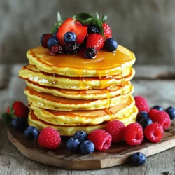 - 1 cup cottage cheese - 1 cup rolled oats - 2 large eggs - 1/2 teaspoon baking powder - 1 teaspoon vanilla extract - 1/2 teaspoon cinnamon - 1/4 cup almond milk (or milk of choice) - 1 cup mixed berries (blueberries, strawberries, raspberries) - 1 tablespoon honey or maple syrup (optional) - Pinch of salt - Coconut oil or butter for cooking Cottage cheese serves as a protein-packed base. It adds creaminess and helps bind the pancakes. Rolled oats provide fiber and give the pancakes a hearty texture. The eggs add more protein and help the pancakes rise. Baking powder gives them a light, fluffy feel. Vanilla extract and cinnamon add warmth and sweetness. Almond milk keeps the pancakes moist, but any milk works. Mixed berries bring bursts of flavor and color. You can choose your favorite berries, or mix them for variety. For sweetness, you can use honey or maple syrup. A pinch of salt enhances all the flavors. Lastly, coconut oil or butter is perfect for cooking them, adding richness. Gather all these ingredients for a delicious pancake experience! 1. Combining ingredients in blender: Start by adding 1 cup of cottage cheese, 1 cup of rolled oats, 2 large eggs, 1/2 teaspoon of baking powder, 1 teaspoon of vanilla extract, 1/2 teaspoon of cinnamon, 1/4 cup of almond milk, and a pinch of salt to your blender. 2. Consistency check for batter: Blend the mix until smooth. It should be thick yet pourable, perfect for pancakes. If it’s too thick, add a little more almond milk. 1. Heating the skillet: Heat a non-stick skillet over medium heat. Add a small amount of coconut oil or butter to the pan. This keeps pancakes from sticking. 2. Cooking time and flipping technique: Pour about 1/4 cup of batter onto the skillet for each pancake. Cook until you see bubbles forming on the surface and the edges look set, which takes about 3-4 minutes. Flip the pancake carefully and cook for another 2-3 minutes, until both sides are golden brown. Repeat until you use all the batter. 1. Plating tips: Stack the pancakes on your plate. For a nice look, arrange them in a tall stack. 2. Adding toppings (berries, syrup): Top the pancakes with a few reserved mixed berries. Drizzle honey or maple syrup on top if you want extra sweetness. Enjoy your protein-packed delight! To make the best pancakes, focus on two main things: batter thickness and cooking temperature. - Adjusting batter thickness: The batter should be thick but pourable. If it’s too thick, add a bit more almond milk. If it’s too thin, mix in a bit more oats. This balance helps create fluffy pancakes. - Cooking temperature tips: Heat your skillet to medium. Too hot, and the outside cooks too fast. Too low, and they won’t cook evenly. A non-stick skillet works best. You can test the heat by sprinkling a few drops of water on the pan. If they dance and evaporate quickly, it’s ready! Cottage cheese and berries are stars in this recipe. - Advantages of cottage cheese: Cottage cheese packs protein and calcium. It helps build muscle and keeps you full longer. The creamy texture also makes pancakes rich and satisfying. - Nutritional value of berries: Berries are not only tasty but full of vitamins. They are low in calories and high in fiber. Blueberries, strawberries, and raspberries add color and antioxidants. These help your body fight off illness and improve heart health. Some common issues may arise while cooking pancakes. Here’s how to fix them. - Pancakes are too dry: If your pancakes turn out dry, try adding more cottage cheese or almond milk to the batter next time. This will keep them moist. - Pancakes stick to the pan: Always grease your skillet with coconut oil or butter before pouring the batter. If they still stick, your pan may be too hot. Lower the heat and give it another try. - Pancakes are flat: If your pancakes are flat, check your baking powder. Make sure it’s fresh and active. This ingredient helps them rise and become fluffy. {{image_2}} You can change the flavor of these pancakes easily. Try adding different fruits like banana or peach for a sweet twist. These fruits mix well with the cottage cheese and oats. You can also add spices. A dash of nutmeg or a splash of vanilla extract can enhance the taste. These small changes can make your pancakes feel new each time. If you need dairy-free options, use almond or soy yogurt instead of cottage cheese. For a gluten-free version, swap rolled oats for gluten-free oats. Both options keep the pancakes tasty and healthy. You don’t lose any flavor when you make these swaps. You can serve pancakes in fun ways. Stack them high for a classic pancake tower. Or, roll them up with your favorite toppings inside. Pancakes also make a great meal prep option. You can cook a batch ahead of time and store them. They heat up well for quick breakfasts on busy days. To keep your pancakes fresh, store them in the fridge. Place them in an airtight container or wrap them tightly in plastic wrap. This helps prevent them from drying out. Leftover pancakes can stay good in the fridge for about three to four days. If you want to keep them longer, freezing is a great option. For freezing, stack the pancakes with parchment paper in between each one. This way, they won’t stick together. Place the stack in a freezer-safe bag or container. They can last up to three months in the freezer. When it’s time to enjoy your pancakes again, reheating is simple. You can use a microwave, skillet, or oven. For the microwave, heat them for about 30 seconds to one minute. Keep an eye on them to avoid overheating. If you choose the skillet, warm it on medium-low heat. Place the pancakes in the skillet for about one to two minutes on each side. This method keeps them crispy. Avoid sogginess by not adding too much moisture when reheating. In the fridge, your pancakes last about three to four days. Look for signs of spoilage. If they smell sour or have mold, it’s time to toss them. A slight change in color or texture can also indicate they are no longer fresh. For frozen pancakes, they can last up to three months. Just check for freezer burn before using them. Yes, you can make these pancakes vegan. Here are some tips: - Egg replacements: Use flaxseed meal or chia seeds mixed with water. Mix 1 tablespoon of either with 2.5 tablespoons of water for each egg. - Dairy alternatives: Swap cottage cheese with silken tofu or a vegan cream cheese. Use almond milk or oat milk instead of regular milk. You can use other cheeses, but results may vary. - Ricotta: It is creamy but has a milder flavor. Pancakes may be softer. - Greek yogurt: This adds protein and tang. The texture will be thicker but tasty. Cottage cheese gives a unique texture and protein boost. To make pancakes fluffier, try these tips: - Add baking soda: Include a pinch of baking soda to the batter. This helps create air pockets for a light texture. - Use egg whites: Whip egg whites until they form soft peaks. Fold them gently into the batter just before cooking. This adds volume and makes the pancakes airy. You now have the tools to make tasty pancakes with simple ingredients. We covered what to use and how to mix them. Cooking tips ensure perfect pancakes every time. Exploring flavors and variations lets you get creative, while storage info keeps your leftovers fresh. These pancakes are fun to make and nutritious to eat. Enjoy the process and share your creations!