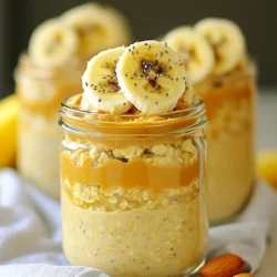 - 1 cup rolled oats - 2 cups almond milk (or any milk of choice) - 1 large ripe banana, mashed - 2 tablespoons natural peanut butter - 1 tablespoon chia seeds - 1 tablespoon maple syrup (or honey) - 1/2 teaspoon vanilla extract - A pinch of salt These ingredients come together to create a creamy, filling dish. Rolled oats are the base. They soak up the almond milk, making your oats soft and fluffy. The ripe banana adds natural sweetness and flavor. Natural peanut butter gives it a rich taste and a protein boost. Chia seeds bring a unique texture and extra nutrition. Maple syrup or honey adds a touch of sweetness to balance the dish. A hint of vanilla and a pinch of salt enhance all the flavors. - Sliced banana - Extra peanut butter - Chopped nuts - Granola These toppings let you personalize each serving. Sliced banana adds freshness and more fruit flavor. Extra peanut butter gives a richer taste and more protein. Chopped nuts add crunch, while granola adds texture and sweetness. You can mix and match to find your favorite combo. Enjoy fun toppings for breakfast or a snack! - In a large mixing bowl, combine 1 cup of rolled oats, 2 cups of almond milk, and 1 large ripe banana, mashed. Stir well until mixed. - Next, mix in 2 tablespoons of natural peanut butter, 1 tablespoon of chia seeds, 1 tablespoon of maple syrup, 1/2 teaspoon of vanilla extract, and a pinch of salt. Stir until smooth and creamy. - Divide this mixture into four jars or containers. Seal them and refrigerate overnight. - In the morning, stir the oats well. If they are too thick, add more almond milk to your liking. - Top each serving with sliced banana, extra peanut butter, chopped nuts, or granola before serving. This method makes breakfast easy and tasty! Enjoy your Peanut Butter Banana Overnight Oats. To make creamy oats, use rolled oats. They soak up liquid well. Use almond milk or your favorite milk. Mix oats and milk thoroughly. Add a ripe banana to enhance creaminess. The mashed banana blends nicely. You can adjust sweetness based on your taste. Use maple syrup or honey. Start with one tablespoon and taste. Add more if you want it sweeter. When layering in jars, do not rush. Start with oats at the bottom. Add peanut butter on top for a tasty layer. Then, add banana slices and chia seeds. This creates a fun look and taste. Peanut butter and chia seeds pack a protein punch. This helps you feel full longer. Peanut butter also offers healthy fats. Chia seeds are full of fiber and omega-3s. Bananas and oats add extra nutrients. Bananas provide potassium and vitamin C. Oats deliver fiber, which is great for digestion. Together, these ingredients make a balanced meal. Enjoy your high protein treat! {{image_2}} You can change the taste of your oats easily. Here are some fun ideas: - Different Nut Butters: Switch out peanut butter for almond or sunflower seed butter. Each nut butter adds a unique twist. Almond butter offers a light, nutty flavor. Sunflower seed butter is great for nut-free options. - Chocolate Delight: Add a tablespoon of cocoa powder for a chocolate twist. This will make your oats taste like dessert. You’ll love the rich flavor it brings. - Fruit Fun: Incorporate different fruits like berries or apples. Berries add a burst of freshness. Apples bring a sweet crunch. You can mix and match for your favorite combo. You can adjust this recipe to fit your diet needs. Here’s how: - Vegan and Sugar-Free: Use maple syrup to make it vegan. You can also skip sweeteners if you like. Use an unsweetened nut milk to keep it sugar-free. - Gluten-Free Options: Use gluten-free oats to make this dish safe for gluten-free diets. Always check the label to be sure. This way, everyone can enjoy these tasty oats! You can keep your peanut butter banana overnight oats in the fridge for about five days. Store them in airtight containers to keep them fresh. If you want to enjoy them later, freezing is a great option too. You can freeze the oats for up to three months. Just make sure to use freezer-safe jars or bags. When you’re ready to eat them, thaw them in the fridge overnight. To keep your ingredients fresh, buy them in smaller amounts if you don’t use them often. For example, use your nut butter within a month or two after opening. When making larger batches of overnight oats, you can double or triple the recipe. Keep the same ratio of oats and liquids to ensure proper texture. This way, you have breakfast ready for days! Can I use quick oats instead of rolled oats? Yes, you can use quick oats. They cook faster and may become softer. Just remember, the texture will change a little. Rolled oats give a chewier bite. How can I make this recipe lower in calories? To cut calories, use less peanut butter or maple syrup. You can also try unsweetened almond milk. This keeps flavor while lowering calories. What else can I add to enhance the protein content? You can add a scoop of protein powder. Greek yogurt is another great choice. Both options boost protein without changing flavor much. Why are my oats too thick or runny? If your oats are too thick, add a splash of almond milk. Stir it well until you reach your desired consistency. For runny oats, reduce the liquid next time. What can I do if I forget to refrigerate them overnight? If you forget to refrigerate your oats, don't panic! You can still eat them after a few hours in the fridge. If they’re still not thick, heat them up. Enjoy them warm! In this blog post, we explored how to make easy and tasty overnight oats. We discussed the main ingredients you need and optional toppings you can add for extra flavor. I shared simple preparation steps, tips for getting creamy oats, and healthy variations. Remember, overnight oats are flexible. You can adjust the recipe to suit your taste and dietary needs. This breakfast is quick to make and packed with nutrients. Enjoy your delicious and healthy meal!