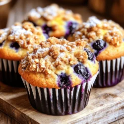 - 2 cups all-purpose flour - 1 cup granulated sugar - 1 tablespoon baking powder - 1/2 teaspoon baking soda - 1/2 teaspoon salt - 1/2 cup unsalted butter, melted and slightly cooled - 2 large eggs - 1 cup buttermilk (or milk with 1 tablespoon vinegar added) - 1 teaspoon vanilla extract - 1 1/2 cups fresh blueberries (or frozen, if fresh is not available) - 1/2 cup rolled oats - 1/3 cup brown sugar - 1/4 cup all-purpose flour - 1 teaspoon ground cinnamon - 1/4 cup cold unsalted butter, cubed In my kitchen, these ingredients come together to create magic. The all-purpose flour serves as the base. It gives the muffins a soft and tender crumb. Granulated sugar adds the right amount of sweetness. Baking powder and baking soda help the muffins rise. Salt is not just for flavor; it balances the sweetness. Unsalted butter adds richness. The eggs bind everything together while buttermilk keeps the muffins moist. I always add vanilla extract for depth, and fresh blueberries burst with flavor. For the streusel topping, rolled oats add crunch. Brown sugar brings a nice caramel note. Ground cinnamon gives warmth. Cold butter makes it crumbly. This topping is the star that makes these muffins special. Each bite is a treat. 1. Start by preheating the oven to 375°F (190°C). This helps the muffins bake evenly. 2. In a large bowl, mix together the dry ingredients. Combine 2 cups of all-purpose flour, 1 cup of granulated sugar, 1 tablespoon of baking powder, 1/2 teaspoon of baking soda, and 1/2 teaspoon of salt. Whisk until well combined. 3. In a separate bowl, mix 1/2 cup of melted unsalted butter, 2 large eggs, 1 cup of buttermilk, and 1 teaspoon of vanilla extract. Stir until the mixture is smooth and creamy. 1. Pour the wet mixture into the bowl of dry ingredients. Stir gently until just combined. It’s okay if some lumps remain; do not overmix! 2. Now, gently fold in 1 1/2 cups of fresh blueberries. This adds bursts of flavor in every bite. 1. For the streusel topping, mix together 1/2 cup of rolled oats, 1/3 cup of brown sugar, 1/4 cup of all-purpose flour, and 1 teaspoon of ground cinnamon in a bowl. Add 1/4 cup of cold cubed unsalted butter. Use your fingers or a pastry cutter to mix until it looks crumbly. 2. Divide the muffin batter equally among the muffin cups, filling each about 2/3 full. Sprinkle the streusel topping generously over each muffin. 3. Bake in the preheated oven for 18-22 minutes. To check for doneness, insert a toothpick into the center of a muffin. If it comes out clean, your muffins are ready! 4. Once baked, remove the muffins from the oven. Allow them to cool in the pan for about 5 minutes. Then, transfer them to a wire rack to cool completely. Enjoy your delicious blueberry streusel muffins! Mixing batter is a key step. You must not overmix it. Overmixing makes muffins tough. Aim for a lumpy texture; this is okay. You want the batter to be smooth but not too mixed. The right consistency helps the muffins rise nicely. For a crumbly streusel topping, use cold butter. Mix the butter with your fingers to get small clumps. You can also use a pastry cutter if you like. If you want to change it up, try adding nuts or coconut. Rolled oats add a great texture, too. To check if your muffins are done, insert a toothpick. If it comes out clean, they are ready. If it has batter on it, bake for a few more minutes. After baking, cool the muffins in the pan for five minutes. Then, move them to a wire rack. Enjoy them warm for the best taste! {{image_2}} Each muffin has about 200 calories. Here’s a breakdown of the macronutrients per muffin: - Carbohydrates: 30 grams - Protein: 3 grams - Fat: 9 grams This gives you a nice balance of energy and nutrients. Blueberries are small, but they pack a punch. They are full of antioxidants. These can help fight free radicals. Blueberries also have vitamins C and K. They can support heart health and brain function. Buttermilk adds moisture and flavor to muffins. It is rich in calcium and protein. It also has probiotics, which are good for digestion. Using buttermilk can make your muffins fluffy and tender. For a gluten-free option, you can use almond flour or a gluten-free blend. Just keep the same amount as regular flour. If you want low-sugar muffins, reduce the granulated sugar. You could also use a natural sweetener like honey or maple syrup. This can help keep the muffins tasty but healthier. You can switch up the fruit in your muffins. Berries like raspberries or blackberries work great. Just replace the blueberries with an equal amount of your chosen berry. You can also try using peaches or bananas. Both add a nice sweetness and flavor. Peaches will give a summer vibe, while bananas add moisture. If you want to make vegan muffins, swap the eggs for flaxseed meal. Use almond milk instead of buttermilk. You can also try a keto-friendly version. Use almond flour in place of all-purpose flour and a sugar substitute. This keeps the muffins low in carbs while still tasty. Add a twist to your muffins with citrus zest. Lemon or orange zest brightens the flavor nicely. You can also mix in nuts like walnuts or pecans for crunch. If you're a chocolate lover, fold in some chocolate chips. This adds a rich taste that pairs well with blueberries. To keep your muffins fresh, store them in an airtight container. Place them in a cool, dry spot. This method helps keep them soft. You can also use a zip-top bag for easy storage. For longer storage, you can freeze your muffins. Wrap each muffin in plastic wrap, then place them in a freezer-safe bag. This way, they can last up to three months. When you want one, just thaw it at room temperature. Yes, you can use frozen blueberries. They are a great option when fresh ones are not available. Frozen blueberries save you time and reduce waste. However, there are pros and cons. Frozen blueberries may release more juice, which can make your muffins a bit wet. This can change the texture slightly. Fresh blueberries hold their shape better. They offer a firmer bite in your muffins. To ensure your muffins stay moist, use buttermilk or add a splash of vinegar to regular milk. This adds richness and flavor. Also, avoid overmixing your batter. Mix until just combined to keep the muffins fluffy. Common mistakes include using too much flour or baking too long. Make sure to measure flour correctly by spooning it into the cup and leveling it off. This prevents dry muffins. Always check for doneness a few minutes early to avoid overbaking. Blueberry streusel muffins are a delightful treat that you can easily create at home. We covered the ingredients, step-by-step instructions, and tips for baking perfect muffins. Don't forget about the fun variations you can try, too! Each ingredient adds flavor and nutrition, making these muffins a great choice. With the right techniques, you'll bake muffins that everyone loves. Enjoy the process and share your tasty results with friends and family!