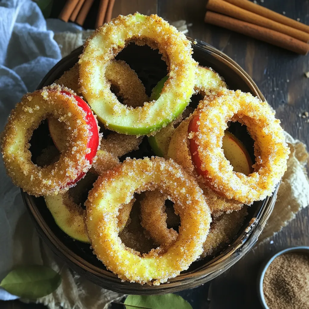 To make the perfect Air Fryer Cinnamon Sugar Apple Rings, gather these simple items: - 2 medium apples (e.g., Honeycrisp or Fuji) - 1 cup all-purpose flour - 1 teaspoon baking powder - 1 teaspoon ground cinnamon - ½ teaspoon salt - 1 large egg - ½ cup milk (or a milk alternative) - ½ cup granulated sugar - 1 tablespoon melted butter - Additional cinnamon for sprinkling I love using Honeycrisp or Fuji apples for this dish. They have the right balance of sweetness and tartness. Honeycrisp apples stay crisp after cooking, while Fuji apples are very sweet. Both types give great flavor and texture. If you want to try other varieties, consider Granny Smith for a tangy twist or Gala for a sweet bite. To make these rings even better, add a few extra flavors. You can mix in a splash of vanilla extract for warmth. A pinch of nutmeg can add spice and depth. Try adding crushed pecans or coconut to the batter for a fun twist. These extras can boost the taste and make each bite special. Start by preheating your air fryer to 350°F (175°C). This step takes about 5 minutes. Preheating helps the apple rings cook evenly and become crunchy. Next, take 2 medium apples, like Honeycrisp or Fuji. Core them and slice them into 1/4-inch thick rings. Be sure to remove any seeds. Set them aside, ready for coating. In a mixing bowl, whisk together these dry ingredients: - 1 cup all-purpose flour - 1 teaspoon baking powder - 1 teaspoon ground cinnamon - ½ teaspoon salt Mix them well until they blend smoothly. This mix will give the apple rings a great flavor and texture. In another bowl, beat 1 large egg. Then add ½ cup of milk (or a milk alternative) and 1 tablespoon of melted butter. Mix this until smooth. Gradually add the dry mix to the wet mix. Stir gently until combined. The batter should be thick enough to coat the apple rings well. Now, dip each apple ring into the batter. Make sure each ring gets a good coat. Let any extra batter drip off. Place the coated rings in the air fryer basket. Don’t overcrowd them; this helps them cook well. Air fry the apple rings for 8-10 minutes. Flip them halfway through cooking. They should turn golden brown and become crispy. Keep an eye on them to avoid burning. In a small bowl, mix together granulated sugar and a bit more cinnamon. Once the apple rings are done, take them out of the air fryer. While they are warm, sprinkle the cinnamon sugar mixture over them. Toss gently to coat all sides. Enjoy the sweet aroma and crunch! To get your apple rings extra crispy, use a light touch with the batter. Make sure it's thick enough to coat the apples but not too thick. If the batter is too heavy, it won't crisp up well. After coating, let the rings sit for a minute. This helps the batter set and stick better. Air frying at the right temperature, 350°F, also helps achieve that perfect crunch. Mixing is key to a smooth batter. Combine the dry ingredients first, then add the wet ingredients slowly. Stir gently until everything blends well. If you see clumps, keep mixing until smooth. Avoid over-mixing, as it can make the batter tough. A good batter should flow easily and coat the apples nicely without clumping. Apple rings pair well with many flavors. Serve them warm with a scoop of vanilla ice cream for a treat. You can also dip them in caramel sauce or yogurt. For a twist, try adding nuts or granola on top for added crunch. Sprinkle some extra cinnamon on the finished rings for an even richer taste. Enjoy experimenting with different flavors! {{image_2}} You can make these apple rings gluten-free. Just swap the all-purpose flour for a gluten-free blend. Look for one that works well in baking. Many brands mix rice flour, tapioca, and potato starch. This change keeps your apple rings crispy and tasty, just like the original recipe. To add more taste, try mixing in some vanilla or nutmeg. Just add one teaspoon of vanilla extract to the wet ingredients. If you like nutmeg, add a pinch to the dry mix. These flavors will lift the cinnamon and make your apple rings even more delightful. You can change the coating on your apple rings for a fun twist. For a crunchy pecan topping, chop some pecans and mix them with the cinnamon sugar. For a tropical touch, use shredded coconut instead. Dip the apple rings in the coconut after the batter. These options add texture and flavor to your treat, making them fun and unique. After you enjoy your apple rings, store any leftovers in an airtight container. They stay fresh when kept at room temperature for a few hours. If you need to keep them longer, place them in the fridge. This keeps the flavor and crunch intact. Make sure they cool down before sealing. To reheat apple rings, use the air fryer. Preheat it to 350°F (175°C). Place the rings in the basket in a single layer. Heat for about 3 to 5 minutes. This method keeps them crispy, just like when they were fresh. Avoid using a microwave, as it can make them soggy. In the fridge, your apple rings last for about 3 to 5 days. If you want to keep them longer, freeze them. They can stay good in the freezer for up to 2 months. Wrap them tightly in plastic wrap or foil before freezing. This prevents freezer burn and keeps them tasty. Yes, you can use other apples. I like Honeycrisp and Fuji for their sweet taste and crisp texture. You can also try Granny Smith if you want a tart flavor. Just make sure the apples are firm for the best crunch. You can use a regular oven. Preheat it to 400°F (200°C). Place the coated apple rings on a baking sheet lined with parchment paper. Bake for about 15-20 minutes. Flip them halfway through for even cooking. Keep an eye on them to make sure they get golden and crispy. Yes! You can use a flax egg. Mix 1 tablespoon of ground flaxseed with 3 tablespoons of water. Let it sit for about 5 minutes until it thickens. This will work well to bind the batter. You can make the batter ahead of time. Store it in the fridge for up to 24 hours. When ready to use, give it a quick stir. If it seems thick, add a splash of milk to thin it out. This article covered the key ingredients for making delicious air-fried apple rings. I shared the best apple types to enhance flavor and various options for toppings. You learned the step-by-step process, from preheating to enjoying your treat. I offered tips for extra crispiness and easy storage methods. Remember, you can vary flavors with toppings or alternate coatings. Air-fried apple rings are versatile and fun. I hope you try making them and enjoy every bite!
