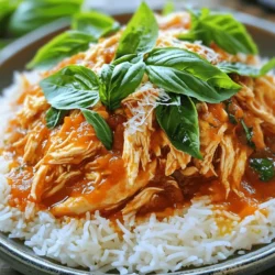 - 4 boneless, skinless chicken breasts - 1 can (28 oz) crushed tomatoes - 1 cup vegetable or chicken broth - 3 cloves garlic, minced - 1 medium onion, diced - ½ teaspoon red pepper flakes - 2 tablespoons olive oil - 1 tablespoon balsamic vinegar - 1 tablespoon dried oregano - Fresh basil leaves - Salt and pepper to taste For this Slow Cooker Tomato Basil Chicken, you will need some key ingredients. The chicken breasts provide a great base. The crushed tomatoes add rich flavor and moisture. Broth helps create a tasty sauce. Next, the minced garlic and diced onion bring depth to the dish. Don't forget the dried oregano! It adds that classic Italian taste. You can spice things up with optional red pepper flakes. If you want extra flavor, olive oil and balsamic vinegar work wonders too. Finally, fresh basil leaves make everything pop. Use salt and pepper to tune the taste just right. All these ingredients come together to create a flavorful delight in your slow cooker. - Seasoning the Chicken Start by seasoning the chicken breasts with salt and pepper. Make sure to coat both sides well. This simple step adds great flavor to your dish. - Sautéing Onion and Garlic In a skillet, heat two tablespoons of olive oil over medium heat. Add one diced onion and cook until it turns translucent, about five minutes. Then, add three minced garlic cloves and cook for one more minute. This mix will create a fragrant base for your dish. - Listing all ingredients in slow cooker In the slow cooker, place the seasoned chicken breasts. Add the sautéed onion and garlic, one can of crushed tomatoes, and one cup of vegetable or chicken broth. Sprinkle in one tablespoon of dried oregano. If you like a kick, add half a teaspoon of red pepper flakes. - Adding the basil and balsamic vinegar Tear one cup of fresh basil leaves and toss them into the slow cooker. Drizzle one tablespoon of balsamic vinegar over the ingredients. This will enhance the flavors and make the dish more vibrant. - Slow cooking durations (low and high settings) Cover the slow cooker and set it to cook. If you choose low, let it cook for six to eight hours. On high, it will take about three to four hours. The chicken should be tender and fully cooked when done. - Shredding and final seasoning of chicken Once the cooking time is over, carefully remove the chicken breasts from the slow cooker. Use two forks to shred the chicken. Return the shredded chicken to the slow cooker and stir to mix it with the sauce. Taste the sauce and adjust the seasoning with salt and pepper if needed. To get the best flavor, adjust your salt and pepper as needed. Start with a pinch of each. Taste the sauce before serving. If it needs more seasoning, add a bit more salt and pepper. This step can make a big difference. To ensure the chicken is tender, cook it for the right time. If you use a slow cooker on low, cook for 6 to 8 hours. If you're in a hurry, use the high setting for 3 to 4 hours. Always check that the chicken is fully cooked. It should shred easily. This dish pairs well with rice, quinoa, or pasta. Each option soaks up the sauce nicely. I love serving it over fluffy rice. The texture matches the chicken perfectly. For garnish, use fresh basil and a sprinkle of Parmesan cheese. This adds color and flavor. Tear the basil leaves right before serving for the best taste. Choosing the right slow cooker is key. A 4 to 6-quart slow cooker works well for this recipe. Make sure it can hold all the ingredients without overflowing. Adjust cooking times for different chicken sizes. Larger chicken breasts may need a bit more time. Keep an eye on the clock, and check the chicken's doneness. It should reach 165°F to be safe to eat. {{image_2}} To make your Slow Cooker Tomato Basil Chicken even better, you can add some veggies. Bell peppers and carrots are great choices. They add color and crunch. You can toss them in before you slow cook. You can also try different herbs. Parsley and thyme add nice flavors. Just sprinkle them in with the basil. This gives your dish a unique twist. If you need a gluten-free option, this recipe works well. Just make sure the broth you use is gluten-free. Most chicken and vegetable broths are safe, but always check labels. For a low-carb meal, skip the rice or pasta. Serve it with a salad instead. You can also add extra veggies to keep it filling. You can turn this dish into a hearty soup. Add more broth and some diced potatoes. Cook until the potatoes are soft. This makes a warm, comforting meal. Another fun way to serve it is in tacos or wraps. Just shred the chicken and pile it into a tortilla. Top it with fresh veggies or cheese for extra flavor. This adds a fun twist to your meal! To keep your Slow Cooker Tomato Basil Chicken fresh, use airtight containers. Glass or plastic containers work well. Make sure they seal tightly to keep air out. For chilled storage, place the leftovers in the fridge within two hours. The chicken stays fresh for about three to four days. If you want to store it longer, freeze it. Use freezer bags or containers, and remove as much air as possible. This helps prevent freezer burn. When it’s time to enjoy leftovers, you can reheat them easily. The microwave is quick and simple. Place the chicken in a microwave-safe dish and cover it with a lid or microwave-safe wrap. Heat at medium power for one to two minutes. Stir halfway through to ensure even heating. You can also reheat on the stovetop. Just add a bit of broth in a pan and warm it over low heat. This keeps the flavors intact and moist. In the fridge, your Slow Cooker Tomato Basil Chicken lasts about three to four days. If you freeze it, it can last up to three months. Mark the date on the container to track how long it has been stored. Always check for signs of spoilage before eating. If it smells off or looks strange, it’s best to throw it away. Can I use frozen chicken breasts? Yes, you can use frozen chicken breasts. Just add an extra hour of cooking time. Ensure they reach a safe internal temperature of 165°F. How do I know when the chicken is fully cooked? Check the chicken with a meat thermometer. It should read 165°F. The chicken should also shred easily with a fork. Can I substitute fresh tomatoes for crushed? Yes, you can use fresh tomatoes. Just chop them finely and add more broth to keep the liquid ratio right. What can I add if I don’t have basil on hand? If you lack basil, try oregano or parsley. Both add great flavor and work well with tomatoes. What is the best way to shred chicken after cooking? Use two forks to pull the chicken apart. It should come apart easily when cooked well. Can I use a slow cooker to make this recipe faster? Slow cookers are designed for longer cooking. For speed, use a pressure cooker instead. This method cooks chicken quickly and keeps it moist. This blog post covered key ingredients for a tasty slow cooker chicken dish. I shared preparation steps, cooking times, and tips to ensure tender meat. You learned about storage, variations for dietary needs, and answers to common questions. Remember, cooking should be fun and easy. Don't be afraid to tweak this recipe to suit your tastes. With these tips, you can create a meal that everyone will love. Enjoy your cooking!