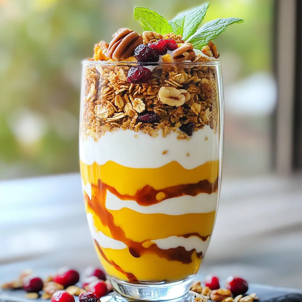- 2 cups plain Greek yogurt - 1 cup canned pumpkin puree - 2 tablespoons maple syrup These main ingredients create a creamy and rich base for your parfait. The Greek yogurt adds protein and a nice tang. The canned pumpkin puree gives the dish a smooth texture and a lovely fall flavor. Maple syrup adds just the right amount of sweetness. - 1 teaspoon cinnamon - 1/2 teaspoon nutmeg - 1/4 teaspoon ginger These spices enhance the pumpkin flavor. Cinnamon warms the dish, while nutmeg and ginger add depth. Each spice plays a role in making your parfait taste cozy and festive. - 1 cup granola - 1/2 cup chopped pecans - 1/4 cup dried cranberries (optional) - Fresh mint leaves for garnish You can add granola for crunch and texture. Chopped pecans provide a nutty flavor. Dried cranberries add a sweet burst. Fresh mint leaves bring a refreshing touch on top. Feel free to mix and match these extras based on your taste. First, grab a medium bowl. Combine 2 cups of plain Greek yogurt with 1 cup of canned pumpkin puree. Add 2 tablespoons of maple syrup for sweetness. Next, mix in 1 teaspoon of cinnamon, 1/2 teaspoon of nutmeg, and 1/4 teaspoon of ginger. Stir everything until it is smooth and mixed well. This mix is the heart of your parfait. The spices add warmth and flavor. Take a tall glass or a parfait dish. Start with a layer of 1/4 cup of the pumpkin yogurt mixture at the bottom. This layer sets the base. On top of the yogurt, sprinkle about 2 tablespoons of granola. This adds a nice crunch. Then, add some chopped pecans over the granola. If you want, toss in a few dried cranberries for extra flavor. Repeat these layers: another 1/4 cup of yogurt, more granola, and more pecans and cranberries. Finish with a final layer of pumpkin yogurt on top. You want it to look beautiful. Garnish your parfait with fresh mint leaves for a pop of color. Serve it right away for a delightful crunch. If you like, you can refrigerate it for up to an hour. This lets the flavors meld together nicely. Enjoy your tasty and healthy treat! To make the pumpkin yogurt parfait shine, blend your spices well. Mix cinnamon, nutmeg, and ginger evenly into the yogurt mixture. This helps each bite taste rich and warm. If you find the mix too sweet, adjust your maple syrup. You can reduce it or add more yogurt. Choose tall glasses or parfait dishes to show off your layers. Clear glass lets the colors pop. For a pretty touch, garnish with fresh mint leaves. They add color and a hint of freshness. You can also sprinkle extra pecans or cranberries on top for flair. Serve your parfait right after making it for the best crunch. If you want to prep ahead, refrigerate it for up to an hour. This time helps the flavors meld together. Just remember, the granola stays crunchy when served fresh! {{image_2}} You can easily swap ingredients in this parfait. If you want a dairy-free option, use almond or coconut yogurt. These alternatives still give a creamy texture. For sweeteners, try honey or agave syrup instead of maple syrup. Each choice brings its own flavor to the dish. Want to add more depth? A splash of vanilla extract works wonders. It adds warmth and richness to the yogurt. You can also experiment with other fruits. Berries or banana slices can create new tastes. Nuts are great, too! Try walnuts or almonds for a different crunch. This parfait adapts well to different seasons. In fall, stick with pumpkin and warm spices. For spring, switch to lighter flavors like lemon yogurt and fresh berries. You can even decorate it for holidays. Use festive sprinkles or seasonal fruits to make it special. To keep your pumpkin yogurt parfait fresh, place it in an airtight container. Store it in the fridge for up to three days. If you have layers left over, keep them separate. This helps maintain the texture and flavor. Yogurt can become watery if mixed with granola too soon. So, store the granola and yogurt mix apart. You can freeze the pumpkin yogurt mixture for later use. Pour the yogurt mix into a freezer-safe container. Leave some space at the top, as it will expand when frozen. Granola does not freeze well, so store it separately. When you're ready to eat, thaw the yogurt in the fridge overnight. This keeps it creamy and smooth. Never refreeze thawed yogurt; it changes the texture. When serving leftovers, avoid the microwave for the yogurt. Instead, let it sit at room temperature for about 15 minutes. This helps it regain its creamy texture. If you have granola, keep it crunchy by adding it just before serving. This way, you enjoy that delightful crunch with each bite. Yes, you can use fresh pumpkin. To do this, first, cook the pumpkin. Cut it, remove seeds, and roast until soft. Then, scoop out the flesh and blend it until smooth. Fresh pumpkin has a different texture. It tends to be thicker and less sweet than canned. You might need to adjust your spices and maple syrup for better taste. Absolutely! This parfait is great for meal prep. You can make multiple servings in advance. Layer the pumpkin yogurt, granola, and nuts in jars. Store them in the fridge. Just keep the granola separate until serving. This keeps it crunchy. You can enjoy a quick breakfast or snack all week long. The parfait lasts about three days in the fridge. After this time, the granola may get soggy. If you store the layers separately, they can last longer. This way, you can mix and match as you like. Always check for any signs of spoilage before eating. Safety first! This blog post covered how to make a delicious pumpkin yogurt parfait. We explored main ingredients, spices, optional toppings, and step-by-step instructions. I shared tips for flavor and presentation, plus variations to suit different tastes. Remember to store leftovers properly to keep them fresh. You can even switch ingredients for a fun twist. I hope you enjoy making this treat! It’s simple, tasty, and perfect for any season.