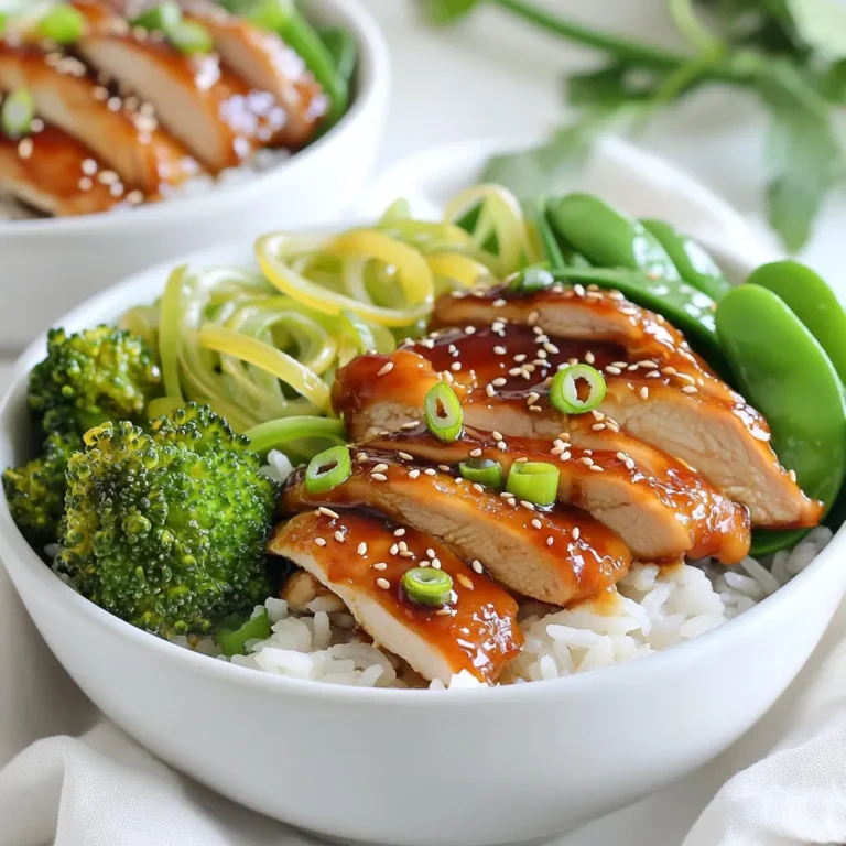 - 2 boneless skinless chicken thighs - 1 cup jasmine rice - 1/4 cup soy sauce (low sodium) - 2 tablespoons honey These main ingredients create the base of your teriyaki chicken rice bowls. The chicken thighs are juicy and flavorful. Jasmine rice adds a nice texture, while soy sauce and honey give that sweet and savory taste we love. - 2 tablespoons rice vinegar - 1 tablespoon sesame oil - 1 teaspoon grated fresh ginger - 2 cloves garlic, minced - 2 tablespoons green onions, thinly sliced (for garnish) - 1 tablespoon sesame seeds (for garnish) - Steamed vegetables (like broccoli, bell peppers, and snap peas) Optional ingredients enhance your dish. Rice vinegar adds tang, while sesame oil brings richness. Fresh ginger and garlic add depth of flavor. Green onions and sesame seeds are great for garnish. Steamed veggies make your bowl colorful and nutritious. Feel free to mix and match these options to suit your taste! - Rinse 1 cup of jasmine rice under cold water. Keep rinsing until the water is clear. This step removes extra starch and helps the rice cook better. - In a medium saucepan, add the rinsed rice and 1 cup of water. Bring it to a boil over high heat. - Once boiling, reduce the heat to low. Cover the pot and let it simmer for 15 minutes. The rice will soak up all the water. After 15 minutes, take it off the heat. Let it sit for a few minutes. This resting time makes the rice fluffy. - In a small bowl, combine 1/4 cup of low-sodium soy sauce, 2 tablespoons of honey, 2 tablespoons of rice vinegar, and 1 tablespoon of sesame oil. - Add 1 teaspoon of grated fresh ginger and 2 cloves of minced garlic to the mix. - Finally, stir in 1 tablespoon of cornstarch. Whisk the mixture well until it is smooth. This sauce gives your chicken a sweet and savory flavor. - Heat a large skillet over medium-high heat. Add a drizzle of sesame oil to the pan. - Once the oil is hot, add 2 boneless, skinless chicken thighs. Cook them for about 5 to 6 minutes on each side. - They should be golden brown and cooked all the way through. To check for doneness, cut into the thickest part. The meat should be white, not pink. After cooking, let the chicken rest for a few minutes. - In the same skillet, pour in the teriyaki sauce you made earlier. Stir it often as it heats up. - Let it simmer for 2 to 3 minutes until it thickens a bit. - Slice the rested chicken into bite-sized pieces. Add it back to the skillet and toss it in the sauce to coat it well. - Fluff the rice with a fork to separate the grains. Divide the rice into bowls. - Top each bowl with the teriyaki chicken. Drizzle some extra sauce over the chicken. - Serve with steamed vegetables like broccoli, bell peppers, and snap peas for a complete meal. When making teriyaki chicken, you have two main choices: thighs or breasts. Chicken thighs are juicier and more flavorful. They stay tender even when cooked longer. Chicken breasts are leaner but can dry out if overcooked. I recommend using thighs for this recipe. For cooking, I suggest pan-searing the chicken. This method gives it a nice brown crust. Heat a skillet over medium-high heat and add a dash of sesame oil. Cook the thighs for about 5-6 minutes on each side. They should be golden and cooked through. Teriyaki sauce is all about balance. You want the right mix of sweet and salty. If it’s too sweet, add a splash more soy sauce. If it’s too salty, stir in a bit more honey. You can also play with flavors. Substitute honey with maple syrup for a new twist. Adding some fresh pineapple juice can give it a fruity note. Don't hesitate to experiment until you find your perfect blend. Presentation matters, especially with rice bowls. Start by fluffing your rice and placing it in the center of your bowl. This creates a nice base. Next, add the teriyaki chicken on top. Arrange it neatly for a better look. Don't forget to add steamed veggies on the side. Finally, garnishing makes a big impact. Sprinkle sliced green onions and sesame seeds on top. This adds color and crunch. Your teriyaki chicken rice bowl will not only taste great but also look amazing! {{image_2}} You can easily make a vegetarian version of this dish. Simply swap chicken for tofu or tempeh. Both options soak up flavors well. For tofu, use firm or extra-firm varieties. Cut the tofu into cubes and press it to remove extra water. This helps it crisp up nicely. Cook it in the skillet for about 5-7 minutes until golden. If using tempeh, slice it thin and cook it for about 5 minutes on each side. Both options add great texture and flavor. Adjust cooking times as needed to ensure they are heated through. While jasmine rice is delicious, you can try other grains too. Brown rice or quinoa are great alternatives. Brown rice offers more fiber and a nutty flavor. Cook it in the same way, but remember it takes longer—about 40-45 minutes. Quinoa cooks faster, about 15 minutes, and has a light, fluffy texture. Rinse it well before cooking to remove any bitterness. Each grain adds a unique touch to your bowl. To change up the taste, you can add spices and herbs. For a kick, try adding red pepper flakes or a dash of sesame seeds. Fresh herbs like cilantro or basil can also brighten the dish. If you want a sweet twist, consider making Pineapple Teriyaki. Just add diced pineapple to the teriyaki sauce while it simmers. This gives a fun tropical flair to your rice bowl and makes it extra special. To keep your teriyaki chicken rice bowls fresh, store leftovers in an airtight container. Make sure to separate the rice from the chicken and veggies. This helps keep everything tasty. In the fridge, they last for about 3 to 4 days. When you reheat, add a splash of water to the rice. This helps it steam and stay moist. For the chicken, use a microwave or a skillet. Heat until warm but do not overcook it. You can freeze teriyaki chicken rice bowls for later. First, let everything cool down completely. Then, pack the chicken, rice, and veggies into freezer-safe bags or containers. Label them with the date. They will stay good for about 2 to 3 months in the freezer. To thaw, move the bowls to the fridge overnight. For a quick option, use the microwave on the defrost setting. Once thawed, reheat in the microwave or on the stove until hot. Enjoy your meal without the fuss! If you need a soy sauce substitute, try tamari. It has a similar flavor. Coconut aminos is another good option. It is sweeter and lower in sodium. Both work well in teriyaki sauce. Yes, you can use frozen chicken thighs. Cook them straight from frozen. Just add a few extra minutes to the cooking time. Make sure the chicken reaches 165°F to be safe. These chicken rice bowls can last about three to four days in the fridge. Store them in an airtight container. Reheat in the microwave or a skillet before eating. Great vegetables to pair with teriyaki chicken include broccoli, bell peppers, and snap peas. These veggies add color and crunch. You can steam or stir-fry them for extra flavor. This blog post shared a simple recipe for teriyaki chicken rice bowls. We covered all the main ingredients, like chicken, jasmine rice, soy sauce, and honey. I also provided tips on making the perfect sauce, cooking chicken, and presenting your dish. If you follow these steps, your meal will taste great and look good. You can even try different proteins and rice types. Now, you are equipped to make a delicious teriyaki meal with ease. Enjoy your cooking adventure!