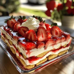 You need 2 pounds of fresh strawberries. Wash them well, hull, and slice them. Strawberries give the cake a sweet and juicy taste. They also add bright color to the dessert. You will use both granulated and powdered sugar. For granulated sugar, you need 1/2 cup. This sugar helps to draw out moisture from the strawberries. You also need 1/2 cup of powdered sugar. This sugar sweetens the whipped cream and mascarpone cheese. You need 1 cup of heavy whipping cream. This cream makes the cake light and fluffy. When whipped, it adds a lovely texture to the dessert. Grab 1 cup of mascarpone cheese. This cheese is rich and creamy. It adds a smoothness to the cake that pairs well with the strawberries. You will need 24 graham crackers. These crackers form the cake's layers. They soak up the flavors and give a nice crunch. A teaspoon of vanilla extract is essential for flavor. This ingredient enhances the taste of the cream and cheese. It adds a lovely aroma to the cake. Start with the freshest strawberries you can find. Wash them well, then hull and slice them. In a medium bowl, combine the sliced strawberries with the granulated sugar. Toss them gently to coat. Let the strawberries sit for about 30 minutes. This helps create a tasty syrup. The sugar draws out the juice, making the strawberries sweet and juicy. Next, grab a separate mixing bowl. Pour in the heavy whipping cream, powdered sugar, and vanilla extract. Use an electric mixer to whip the mixture. Beat it until soft peaks form. This usually takes a few minutes. The cream should be fluffy, light, and smooth. Now, take another bowl and whisk the mascarpone cheese until it is smooth. The goal is to remove any lumps. Once smooth, gently fold the whipped cream into the mascarpone. Use a spatula to blend them together. Be gentle, as you want to keep the whipped cream's airiness. To assemble, spread a thin layer of the mascarpone mixture in the bottom of a 9x13 inch baking dish. Lay a layer of graham crackers over the mascarpone. Break them as needed to fit. Spoon a layer of strawberries, with some syrup, over the crackers. Then, add another layer of the mascarpone mixture. Repeat the layers until all ingredients are used. Finish with a layer of the mascarpone on top. Cover the dish with plastic wrap or a lid. Place it in the refrigerator for at least 4 hours, but overnight is best. This allows the flavors to meld together and the cake to set properly. When you’re ready to serve, you can garnish with extra sliced strawberries or a dollop of whipped cream for a lovely touch. To slice strawberries well, use a sharp knife. Start by hulling the strawberries. This means removing the green tops. Then, cut them in half or quarters. The size depends on your taste. Keep the pieces even for a nice look. This helps them layer better in the cake. For great whipped cream, use cold tools. Chill your mixing bowl and beaters. Pour in heavy cream, powdered sugar, and vanilla. Mix on medium speed until soft peaks form. Avoid overmixing; it can turn into butter. Keep it fluffy for a light texture in your cake. Layering is key for a stunning icebox cake. Start with a thin layer of the mascarpone mixture. Then, place a layer of graham crackers. Add strawberries and more mascarpone on top. Repeat this until you use all the ingredients. Finish with mascarpone on top for a smooth look. Chill your cake for at least four hours. Overnight chilling is best for full flavor. It helps the layers set and blend well. After chilling, it will slice easily and hold its shape. This makes serving a breeze, so you can enjoy your treat! {{image_2}} You can easily switch fruits in this icebox cake. Try peaches, blueberries, or raspberries. These fruits add unique flavors and colors. Mix and match to find your favorite combo. For a tropical twist, use pineapple or mango. Each fruit brings its own sweet touch to the cake. Just make sure to adjust the sugar based on the fruit's sweetness. If you need a gluten-free version, swap graham crackers for gluten-free cookies. Look for cookies made from almond flour or oats. These will hold up well and still taste great. You can also use gluten-free ladyfingers or sponge cake. Check labels to ensure all ingredients are gluten-free. This way, everyone can enjoy this dessert. Add fresh herbs or citrus for extra flavor. A little lemon zest brightens the cream and adds a fresh twist. Mint leaves can give a refreshing taste. Just chop them finely and fold them into the cream. You can also mix in some almond extract for a nutty flavor. Experiment with flavors to make this cake your own! To keep your strawberry shortcake icebox cake fresh, always cover it well. Use plastic wrap or a tight lid. This prevents air from drying it out and keeps flavors strong. Make sure your fridge is set to a cool temperature, around 40°F (4°C). Store the cake on a flat shelf to avoid any spills. When stored properly, this cake lasts about 3 to 5 days in the fridge. The strawberries stay juicy, and the cream remains rich during this time. If you notice any changes in smell or texture, it’s best to toss it out. Always trust your senses! You can freeze leftover cake if you want it to last longer. To freeze, slice the cake into squares. Wrap each piece in plastic wrap, then place them in a freezer-safe bag. This helps prevent freezer burn. The cake can stay good for up to 2 months. When you're ready to eat, thaw it in the fridge overnight. Enjoy the fresh taste of summer anytime! Yes, you can make this cake in advance. In fact, it tastes better the next day. I like to prepare it the night before. This lets the flavors blend well. Just remember to keep it in the fridge. It should chill for at least four hours. Overnight is best for great taste. To keep your whipped cream firm, use cold tools. Chill your mixing bowl and beaters first. This helps the cream whip up better. Avoid overmixing, as this can turn it into butter. Mix until soft peaks form, then stop. Adding a bit of powdered sugar can also help it hold its shape longer. If you don’t have mascarpone, try cream cheese. Soften it first for the best results. You can also mix cream cheese with a bit of sour cream. This gives a similar texture and taste. Another option is ricotta cheese. Just blend it until smooth for a nice creaminess. Yes, there are non-dairy options. Use coconut cream instead of heavy cream. Chill a can of coconut milk overnight, then scoop out the cream. For mascarpone, use a dairy-free cream cheese. Many brands offer great flavors. Always check the ingredients to ensure they fit your needs. This blog post covered all you need for an icebox cake. We explored fresh strawberries, whipped cream, and mascarpone cheese as key ingredients. I shared step-by-step instructions, plus tips for perfect layers and presentation. Variations let you swap fruits or try gluten-free options. Storing tips ensure your cake stays fresh. With the right methods, you can enjoy a delicious, homemade treat. Try it out and enjoy every bite!