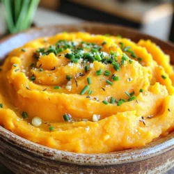 To make Garlic Herb Mashed Sweet Potatoes, you need some key ingredients. Each one plays a big role in making this dish tasty and creamy. Here’s what you will need: - 3 large sweet potatoes, peeled and diced - 4 cloves garlic, minced - 1/2 cup unsalted butter - 1/2 cup heavy cream (or milk) - 1 teaspoon dried thyme - 1 teaspoon dried rosemary - Salt and pepper to taste - Fresh chives, chopped (for garnish) Sweet potatoes bring a natural sweetness. Garlic adds a rich flavor. Butter makes everything creamy. Heavy cream or milk helps to smooth the mash. Thyme and rosemary give it an herbal touch. Finally, salt and pepper make it just right. You can top it with chives for a fresh finish. These ingredients come together to create a dish that is soft and delicious. You will love how they mix with the garlic and herbs. Each bite offers comfort and flavor. Don't forget to gather them all before you start cooking! To start, fill a large pot with salted water and bring it to a boil. Then, add the diced sweet potatoes. Cook them for about 15 to 20 minutes. You want them fork-tender. To check for doneness, simply poke a potato with a fork. If it easily breaks apart, you are ready to drain. While the sweet potatoes cook, let’s melt some butter. Use a small skillet and set it over medium heat. Add 1/2 cup of unsalted butter. Once it melts, add 4 cloves of minced garlic. Sauté the garlic for 2 to 3 minutes. You want it fragrant but not browned. This step adds a rich flavor to your dish. After draining the sweet potatoes, return them to the pot. Pour in the sautéed garlic and butter mixture. Also, add 1/2 cup of heavy cream or milk, 1 teaspoon of dried thyme, and 1 teaspoon of dried rosemary. Now, it's time to mash! Use a potato masher or an electric mixer to blend everything until smooth and creamy. If it feels too thick, add a splash more cream or milk. Season with salt and pepper to taste. Mix well and transfer to a serving bowl. Top with fresh chopped chives for a lovely finish. Choose large, firm sweet potatoes for the best flavor. Look for ones with smooth skin. They should feel heavy for their size. Varieties like Beauregard or Jewel work well for this dish. Their natural sweetness shines through when mashed. To boost the flavor, consider adding fresh herbs. Fresh thyme or parsley can add brightness. You might also try a pinch of cinnamon for warmth. Adjust the creaminess by adding more cream or milk. This helps achieve that perfect smooth texture. For mashing, a potato masher or electric mixer works best. A ricer gives a light and fluffy texture. Clean-up is simple with these tools. Soak them in warm, soapy water right after use. This makes scrubbing easier later on. {{image_2}} You can make this dish vegan by changing a few ingredients. Instead of butter, use coconut oil or vegan butter. For cream, almond milk or coconut cream works well. These swaps keep the sweet potatoes creamy and rich without dairy. The taste might vary slightly, but the dish remains delicious. Want to add some zing? Try mixing in spices like cumin or smoked paprika. These can enhance the flavor and give a nice kick. You can also add fresh herbs like parsley or basil for a fresh touch. If you want a sweeter taste, a pinch of cinnamon or nutmeg adds warmth. Garlic herb mashed sweet potatoes pair nicely with roasted chicken or grilled fish. They also go well with a hearty vegetable stew. For a fun twist, try serving them in a bowl with a drizzle of olive oil and a sprinkle of paprika. You can even use them as a filling in savory pancakes or wraps for a unique meal. After you enjoy your Garlic Herb Mashed Sweet Potatoes, store any leftovers in the fridge. Use an airtight container to keep them fresh. They will last up to four days. Make sure to let them cool completely before sealing. This helps prevent moisture build-up, which can lead to soggy potatoes. To reheat your mashed sweet potatoes, use either the microwave or the stovetop. If using the microwave, place them in a bowl and cover it. Heat in short bursts, stirring between. This helps them warm evenly. On the stovetop, add a splash of cream or milk. Heat over low, stirring often. This keeps them creamy and smooth. Freezing your mashed sweet potatoes is easy. First, let them cool completely. Then, place them in freezer-safe bags. Remove as much air as possible before sealing. They can be frozen for up to three months. When you’re ready to use them, thaw in the fridge overnight. Reheat them as mentioned above for the best texture. Yes, you can use regular potatoes. They will change the taste and texture. Regular potatoes have a more neutral flavor compared to sweet potatoes. Sweet potatoes are sweeter and have a creamier texture. If you use regular potatoes, your dish will be less sweet and lighter. You can store Garlic Herb Mashed Sweet Potatoes in the fridge for up to four days. Make sure to keep them in an airtight container. If you want to store them longer, you can freeze them. They will last up to three months in the freezer. When ready to eat, thaw them overnight in the fridge. You can try many herbs to mix things up. Basil, parsley, or sage work well. If you want a bolder flavor, consider oregano or dill. Feel free to experiment with what you have on hand. Each herb will give your dish a unique twist. In this blog post, I covered how to make Garlic Herb Mashed Sweet Potatoes. You learned about the key ingredients, like sweet potatoes and garlic, and the steps to create a delicious dish. I shared tips on selecting the best sweet potatoes and adding flavor. You also found variations for vegan options and ideas for serving. Remember, these mashed sweet potatoes can bring a tasty twist to any meal. Enjoy trying different herbs and spices to make it your own!