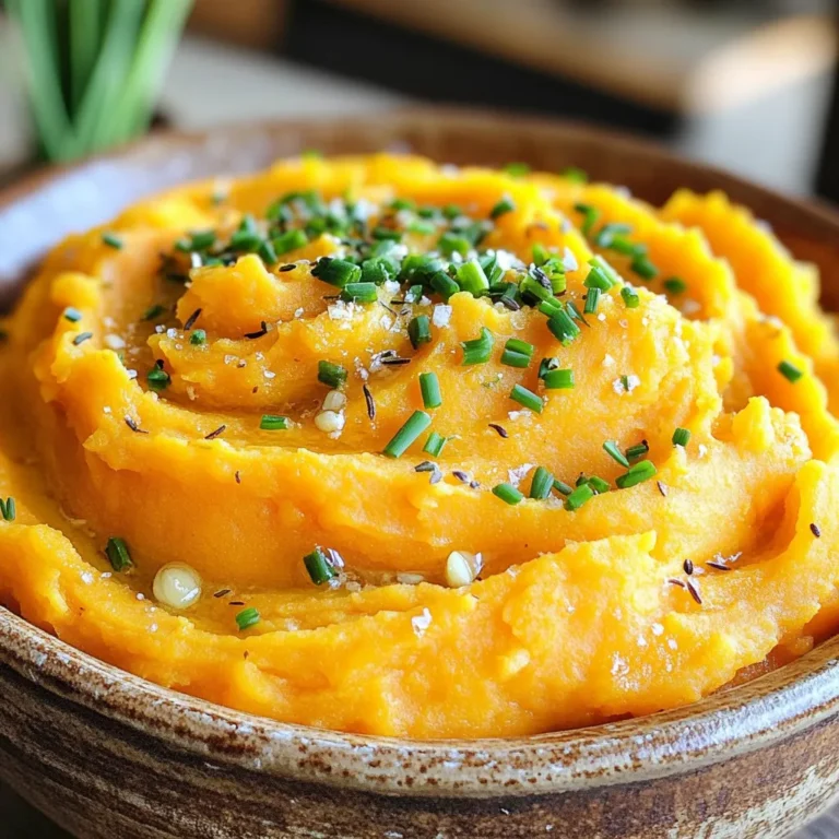 To make Garlic Herb Mashed Sweet Potatoes, you need some key ingredients. Each one plays a big role in making this dish tasty and creamy. Here’s what you will need: - 3 large sweet potatoes, peeled and diced - 4 cloves garlic, minced - 1/2 cup unsalted butter - 1/2 cup heavy cream (or milk) - 1 teaspoon dried thyme - 1 teaspoon dried rosemary - Salt and pepper to taste - Fresh chives, chopped (for garnish) Sweet potatoes bring a natural sweetness. Garlic adds a rich flavor. Butter makes everything creamy. Heavy cream or milk helps to smooth the mash. Thyme and rosemary give it an herbal touch. Finally, salt and pepper make it just right. You can top it with chives for a fresh finish. These ingredients come together to create a dish that is soft and delicious. You will love how they mix with the garlic and herbs. Each bite offers comfort and flavor. Don't forget to gather them all before you start cooking! To start, fill a large pot with salted water and bring it to a boil. Then, add the diced sweet potatoes. Cook them for about 15 to 20 minutes. You want them fork-tender. To check for doneness, simply poke a potato with a fork. If it easily breaks apart, you are ready to drain. While the sweet potatoes cook, let’s melt some butter. Use a small skillet and set it over medium heat. Add 1/2 cup of unsalted butter. Once it melts, add 4 cloves of minced garlic. Sauté the garlic for 2 to 3 minutes. You want it fragrant but not browned. This step adds a rich flavor to your dish. After draining the sweet potatoes, return them to the pot. Pour in the sautéed garlic and butter mixture. Also, add 1/2 cup of heavy cream or milk, 1 teaspoon of dried thyme, and 1 teaspoon of dried rosemary. Now, it's time to mash! Use a potato masher or an electric mixer to blend everything until smooth and creamy. If it feels too thick, add a splash more cream or milk. Season with salt and pepper to taste. Mix well and transfer to a serving bowl. Top with fresh chopped chives for a lovely finish. Choose large, firm sweet potatoes for the best flavor. Look for ones with smooth skin. They should feel heavy for their size. Varieties like Beauregard or Jewel work well for this dish. Their natural sweetness shines through when mashed. To boost the flavor, consider adding fresh herbs. Fresh thyme or parsley can add brightness. You might also try a pinch of cinnamon for warmth. Adjust the creaminess by adding more cream or milk. This helps achieve that perfect smooth texture. For mashing, a potato masher or electric mixer works best. A ricer gives a light and fluffy texture. Clean-up is simple with these tools. Soak them in warm, soapy water right after use. This makes scrubbing easier later on. {{image_2}} You can make this dish vegan by changing a few ingredients. Instead of butter, use coconut oil or vegan butter. For cream, almond milk or coconut cream works well. These swaps keep the sweet potatoes creamy and rich without dairy. The taste might vary slightly, but the dish remains delicious. Want to add some zing? Try mixing in spices like cumin or smoked paprika. These can enhance the flavor and give a nice kick. You can also add fresh herbs like parsley or basil for a fresh touch. If you want a sweeter taste, a pinch of cinnamon or nutmeg adds warmth. Garlic herb mashed sweet potatoes pair nicely with roasted chicken or grilled fish. They also go well with a hearty vegetable stew. For a fun twist, try serving them in a bowl with a drizzle of olive oil and a sprinkle of paprika. You can even use them as a filling in savory pancakes or wraps for a unique meal. After you enjoy your Garlic Herb Mashed Sweet Potatoes, store any leftovers in the fridge. Use an airtight container to keep them fresh. They will last up to four days. Make sure to let them cool completely before sealing. This helps prevent moisture build-up, which can lead to soggy potatoes. To reheat your mashed sweet potatoes, use either the microwave or the stovetop. If using the microwave, place them in a bowl and cover it. Heat in short bursts, stirring between. This helps them warm evenly. On the stovetop, add a splash of cream or milk. Heat over low, stirring often. This keeps them creamy and smooth. Freezing your mashed sweet potatoes is easy. First, let them cool completely. Then, place them in freezer-safe bags. Remove as much air as possible before sealing. They can be frozen for up to three months. When you’re ready to use them, thaw in the fridge overnight. Reheat them as mentioned above for the best texture. Yes, you can use regular potatoes. They will change the taste and texture. Regular potatoes have a more neutral flavor compared to sweet potatoes. Sweet potatoes are sweeter and have a creamier texture. If you use regular potatoes, your dish will be less sweet and lighter. You can store Garlic Herb Mashed Sweet Potatoes in the fridge for up to four days. Make sure to keep them in an airtight container. If you want to store them longer, you can freeze them. They will last up to three months in the freezer. When ready to eat, thaw them overnight in the fridge. You can try many herbs to mix things up. Basil, parsley, or sage work well. If you want a bolder flavor, consider oregano or dill. Feel free to experiment with what you have on hand. Each herb will give your dish a unique twist. In this blog post, I covered how to make Garlic Herb Mashed Sweet Potatoes. You learned about the key ingredients, like sweet potatoes and garlic, and the steps to create a delicious dish. I shared tips on selecting the best sweet potatoes and adding flavor. You also found variations for vegan options and ideas for serving. Remember, these mashed sweet potatoes can bring a tasty twist to any meal. Enjoy trying different herbs and spices to make it your own!