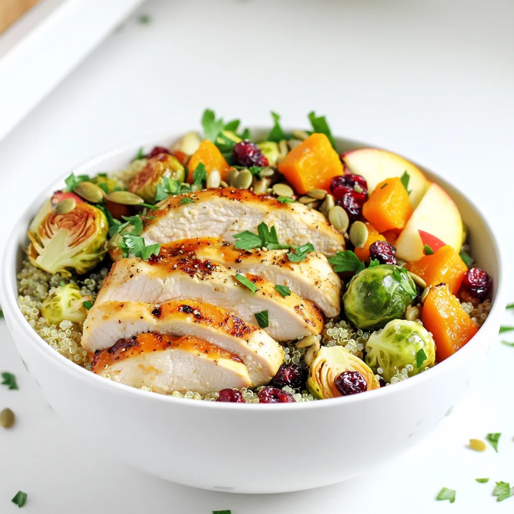 - 1 pound boneless, skinless chicken breasts - 1 cup quinoa, rinsed - 1 cup butternut squash, diced - 1 cup Brussels sprouts, halved - 1 honeycrisp apple, diced - 1/2 cup dried cranberries - 1/4 cup pumpkin seeds You need fresh, quality ingredients for the best flavor. I love using chicken breasts for their tender meat. Quinoa is my go-to grain. It cooks up fluffy and adds protein. Seasonal veggies, like butternut squash and Brussels sprouts, provide great taste and color. Honeycrisp apples add a sweet crunch, while dried cranberries bring a tangy note. Lastly, pumpkin seeds give a nice crunch and healthy fats. - 2 tablespoons olive oil - 1 teaspoon cinnamon - 1 teaspoon cumin - Salt and pepper to taste - Fresh parsley for garnish Seasoning is key to making this dish pop. I use olive oil to coat the veggies and chicken. It helps the spices stick and adds richness. Cinnamon and cumin give warm, earthy flavors. Don’t forget salt and pepper; they enhance every bite. Fresh parsley adds brightness and a pop of green at the end. - Baking sheet - Skillet - Saucepan - Mixing bowls You’ll need a few basic tools to make this dish easy. A baking sheet is perfect for roasting the veggies. A skillet helps cook the chicken evenly. Use a saucepan to cook the quinoa in broth for extra flavor. Mixing bowls are great for combining everything before serving. Keep it simple and enjoy the process! First, preheat your oven to 400°F (200°C). This step warms the oven for crisp, tasty veggies. Next, take a large bowl. Toss the diced butternut squash and halved Brussels sprouts with 1 tablespoon of olive oil. Add cinnamon, salt, and pepper to the bowl. Mix well so the veggies are coated evenly. Spread the mixture on a baking sheet. Roast for 20-25 minutes, stirring halfway through. The goal is tender, caramelized veggies. While the veggies roast, heat the remaining olive oil in a skillet over medium heat. Season the chicken breasts with salt, pepper, and cumin. Cook each side for about 6-7 minutes. You want the chicken to be fully cooked, with no pink inside. When done, remove it from the heat. Let the chicken rest for a few minutes before slicing it. Now, let’s cook the quinoa. Rinse 1 cup of quinoa under cool water. This step helps remove any bitterness. In a medium saucepan, combine the rinsed quinoa with 2 cups of vegetable or chicken broth. Bring it to a boil. Once boiling, reduce the heat to a simmer. Cover the pot and cook for 15 minutes. The quinoa should be fluffy and all the liquid absorbed when done. In a large mixing bowl, combine the cooked quinoa, roasted veggies, diced honeycrisp apple, dried cranberries, and pumpkin seeds. Gently toss everything together. This mix adds great flavor and texture. To assemble your grain bowls, divide the quinoa mixture among serving bowls. Top each bowl with the sliced chicken. Finally, garnish with fresh parsley before serving. Enjoy your healthy and colorful meal! To make great roasted vegetables, use the right oven temperature. Set your oven to 400°F (200°C) before cooking. This heat helps the veggies become tender and caramelized. Roast them for 20-25 minutes. Remember to stir halfway through. This ensures even cooking and color. For the best chicken, seasoning is key. Use salt, pepper, and cumin for great flavor. Cook the chicken for about 6-7 minutes per side. Check that it is no longer pink in the center. Let the chicken rest after cooking. This keeps it juicy and tasty. When cooking quinoa, use broth instead of water. This adds more flavor to the grain. Rinse the quinoa before cooking to remove any bitterness. Cook it for about 15 minutes until fluffy. After cooking, fluff the quinoa with a fork. This makes it light and airy. {{image_2}} You can change the protein in your Harvest Chicken Grain Bowls. Tofu or chickpeas work well. They add good texture and flavor. If you want a plant-based option, chickpeas give protein and fiber. Tofu absorbs flavors great and takes on nice taste when cooked. You can also swap grains. Try farro or brown rice instead of quinoa. Farro has a nutty taste and chewy texture. Brown rice is filling and hearty. Both will make your bowls satisfying. Fall brings many tasty veggies. Add diced carrots or sweet potatoes for extra comfort. They roast well and add sweetness. These root veggies give a nice color to your bowl. Don’t forget seasonal fruits! Pears and pomegranates add freshness. Pears are juicy and sweet, while pomegranates give a nice crunch. Toss them in for more flavor and fun. Dressings can boost your bowls. Try a honey mustard or balsamic vinaigrette. They add tangy notes that contrast with the sweet vegetables. A drizzle of tahini can also add creaminess. Spices can change the whole dish. Besides cinnamon and cumin, try paprika or garlic powder. These spices add depth to your meal. Experiment to find your favorite mix! To keep your Harvest Chicken Grain Bowls fresh, use airtight containers. This helps avoid moisture and keeps flavors intact. Store leftovers in the fridge within two hours of cooking. They stay good for about three to four days. Always label your containers with the date to keep track. When reheating, keep the grains and proteins separate. Use the microwave or a skillet for this. For the microwave, heat in 30-second bursts. Stir between each burst to avoid hot spots. If using a skillet, add a splash of broth or water to maintain moisture. This keeps the dish tasty and prevents it from drying out. You can freeze portions of the grain bowls for later meals. Pack them into airtight containers or freezer bags. Make sure to remove as much air as possible. They stay good in the freezer for up to three months. To thaw, move them to the fridge overnight. You can also use the microwave on the defrost setting if you're in a hurry. You can use other grains like farro, brown rice, or barley. Each grain has a unique taste and texture. Make sure to adjust the cooking time. For example, brown rice takes about 45 minutes to cook. Farro usually takes about 30 minutes. Yes, you can easily make a vegan version. Use tofu or chickpeas as your protein. For a tasty dressing, try a mix of tahini and lemon juice. This keeps the bowl creamy and rich without dairy. Meal prep is simple! Cook everything, then store the parts in separate containers. This keeps each ingredient fresh. Assemble the bowls just before serving for the best taste and crunch. This blog post covers easy grain bowls with chicken and quinoa. You learned about key ingredients, kitchen tools, and step-by-step instructions. Tips for perfect cooking help you achieve tasty results. We also discussed variations and smart storage options. Embrace creativity by trying new ingredients and flavors. Enjoy making these dishes for meal prep or quick lunches. With a few simple steps, you can make delicious, healthy meals at home. Take your time and savor the process.