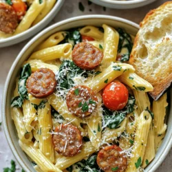 - 12 oz penne pasta - 1 lb andouille sausage, sliced - 1 tablespoon olive oil - 1 medium onion, diced - 1 bell pepper (red or green), diced - 1 cup heavy cream - 2 cups chicken broth - 1 tablespoon Cajun seasoning - 1 cup cherry tomatoes, halved - 1 cup fresh spinach - Salt and pepper to taste - ¼ cup grated Parmesan cheese - Fresh parsley, chopped (for garnish) Gathering the right ingredients makes this dish shine. The penne pasta holds the creamy sauce well. The andouille sausage adds a spicy kick. I like using olive oil for cooking; it gives a nice flavor. Onion and bell pepper create a sweet base. Adding garlic boosts the dish's aroma. Heavy cream makes the pasta rich and smooth. Chicken broth adds depth to the taste. The Cajun seasoning brings in that bold flavor we love. Cherry tomatoes add a burst of freshness. Fresh spinach gives color and nutrition. Don’t forget salt and pepper to enhance the taste. Finally, grated Parmesan cheese adds creaminess and a salty finish. For a beautiful touch, sprinkle fresh parsley on top. This dish not only tastes great but looks lovely too! - First, heat 1 tablespoon of olive oil in a large pot over medium heat. - Add 1 pound of sliced andouille sausage. Cook until browned, about 5-7 minutes. - Once browned, remove the sausage and set it aside on a plate. - In the same pot, add 1 diced medium onion and 1 diced bell pepper. - Sauté for 3-4 minutes until they soften. - Then, add 3 cloves of minced garlic. Cook for 1 more minute to bring out the flavor. - Now, stir in 12 ounces of penne pasta, 2 cups of chicken broth, and 1 tablespoon of Cajun seasoning. - Season with salt and pepper to taste. Bring the mixture to a boil. - Once it boils, reduce the heat to a simmer. Cover the pot and let it cook for 10-12 minutes. Stir occasionally until the pasta is al dente and most of the liquid is absorbed. - Next, stir in 1 cup of heavy cream, 1 cup of halved cherry tomatoes, and 1 cup of fresh spinach. - Cook for an additional 2-3 minutes until the spinach wilts and the pasta becomes creamy. - Finally, add the cooked sausage back into the pot. Mix well. Stir in ¼ cup of grated Parmesan cheese until melted and creamy. To get the best Cajun flavor, always adjust the seasoning to your taste. Start with one tablespoon of Cajun seasoning. If you love spice, feel free to add more. You can also make your own Cajun seasoning. Mix paprika, cayenne, garlic powder, onion powder, and oregano. This way, you control the heat and flavor. Stir the pasta often while it cooks. This helps it cook evenly. It also prevents sticking. Make sure the pasta absorbs all the liquid. If you find too much broth left, cook it a bit longer without the lid. This helps create a creamy sauce. Serve the pasta in shallow bowls. For a nice touch, sprinkle fresh parsley on top. You can also add more Parmesan cheese for extra flavor. Pair this dish with a slice of crusty bread. It’s perfect for soaking up the creamy sauce. {{image_2}} You can switch andouille sausage for other types of sausage. Try smoked sausage or Italian sausage. Both bring great flavors. For a vegetarian option, use plant-based sausage. You can also add some mushrooms for texture. They soak up flavors well. Want to boost flavor? Add more vegetables like zucchini or mushrooms. You can also toss in some sliced olives or jalapeños for a kick. For cheese lovers, try using cheddar or pepper jack instead of Parmesan. This gives a creamy, rich taste. If you need gluten-free options, use gluten-free penne pasta. Look for brands made with brown rice or quinoa. They work well in this recipe. You may need to adjust the liquids slightly. Start with less chicken broth, then add more if needed. This keeps your pasta perfectly creamy. To keep your One-Pot Creamy Cajun Sausage Pasta fresh, follow these easy steps: - Let the pasta cool to room temperature before storing. - Use airtight containers to prevent moisture loss. - Divide it into small portions for easy access later. If you want to freeze some pasta, here’s how: - Place portions in freezer-safe bags or containers. - Press out excess air to avoid freezer burn. - Label each bag with the date and dish name. For reheating frozen pasta: - Thaw it overnight in the fridge. - Heat it gently in a pan, adding a splash of cream or broth to revive the sauce. In the fridge, your pasta lasts about 3 to 5 days. Look for these signs of spoilage: - Unpleasant smells or odd colors. - Mold or slimy texture on the pasta. If you notice any of these, it’s best to toss it. Yes, you can make this dish dairy-free. Use coconut cream or almond milk as a substitute for heavy cream. They will give you a creamy texture without the dairy. You can also skip the Parmesan cheese or use a dairy-free cheese alternative. To add more protein, consider using chicken or shrimp. You can also add beans like black beans or chickpeas. These options will make your dish heartier and enhance the flavor. If you do not have penne, other pasta shapes work well. Try rotini, fusilli, or even bowtie pasta. Just ensure the cooking time is similar, so your pasta cooks evenly. Yes, you can make this dish in advance. Cook it as normal, then store it in an airtight container. When ready to serve, reheat it on the stove or in the microwave. You may need to add a little water or broth to keep it creamy. Cajun seasoning can be spicy, but it varies by brand. If you prefer less heat, use less seasoning at first. You can always add more to taste. Adjust according to your spice level preference. This dish combines penne pasta, andouille sausage, and vibrant veggies for a flavorful meal. I showed you how to cook everything step-by-step and shared tips to enhance your Cajun taste. You can adjust ingredients or try fun variations to match your needs. Store extras properly to enjoy later, and consider making it in advance for easy meals. With these insights, you can create a delightful dish that impresses anyone. So, roll up your sleeves and enjoy cooking!