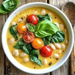 To make Creamy Tuscan White Bean Soup, you will need these simple ingredients: - 2 cans (15 oz each) white beans (cannellini or great northern), drained and rinsed - 1 cup vegetable broth - 1 cup coconut milk (or heavy cream if preferred) - 1 medium onion, chopped - 3 cloves garlic, minced - 2 cups fresh spinach, roughly chopped - 1 cup cherry tomatoes, halved - 1 tablespoon olive oil - 1 teaspoon dried Italian herbs (basil, oregano, thyme) - Salt and pepper to taste - Fresh basil leaves for garnish (optional) If you need to change some ingredients, there are great options. For coconut milk, you can use heavy cream or any plant-based milk. If you are allergic to beans, chickpeas work well too. You can swap the olive oil for avocado oil if you prefer. Always check for allergies with your guests. Using fresh ingredients can make your soup taste brighter. Fresh spinach and tomatoes give a lovely texture and flavor. Canned white beans save time and are still healthy. They are full of fiber and protein. If you use fresh beans, they may take longer to cook but can add a nice, homemade touch. Both fresh and canned options have their perks, so choose what works best for you. First, gather all your ingredients. You will need two cans of white beans, vegetable broth, coconut milk, one onion, garlic, spinach, cherry tomatoes, olive oil, dried herbs, salt, and pepper. This soup is quick to make and perfect for any day. 1. Heat olive oil in a large pot over medium heat. 2. Add the chopped onion and sauté for about five minutes until it turns translucent. 3. Mix in the minced garlic and sauté for another one to two minutes. This will bring out the garlic's flavor. 4. Stir in the drained white beans and vegetable broth. Mix well and bring it to a gentle simmer. 5. Lower the heat and add the coconut milk. Stir it in and let it simmer for about ten minutes. 6. Use an immersion blender to blend half the soup until it’s creamy. Leave some beans whole for a nice texture. 7. Add the chopped spinach and halved cherry tomatoes. Cook for three to five more minutes until the spinach wilts and the tomatoes soften. 8. Season with dried Italian herbs, salt, and pepper. Taste and adjust as needed. 9. Serve hot, garnished with fresh basil if you like. When using an immersion blender, keep the blender submerged in the soup. This prevents splashes. Start blending at the bottom and move up slowly. If you don’t have an immersion blender, you can use a regular blender. Just blend half the soup, then return it to the pot. This step creates a creamy texture while keeping some beans intact. To make this soup super creamy, use coconut milk or heavy cream. I prefer coconut milk for a light sweetness. Blend half of the soup with an immersion blender. This keeps some beans whole, adding nice texture. If you don’t have an immersion blender, pour half into a regular blender. Blend until smooth, then mix it back in. This creates a rich and velvety feel. Add depth with dried Italian herbs like basil, oregano, and thyme. I like to use a teaspoon of each for balanced flavor. Don’t skip salt and pepper; they elevate the taste. For a kick, add a pinch of red pepper flakes. You can also toss in some lemon juice after cooking for brightness. Fresh basil leaves as a garnish add a lovely aroma and a pop of color. Start by heating olive oil in your pot. Add the chopped onion and cook until it’s soft and clear. This takes about 5 minutes. Next, add minced garlic and cook for 1 to 2 more minutes. Keep an eye on the garlic; it can burn quickly. This step builds a great base for your soup, giving it a warm, rich flavor. Always stir to prevent sticking and burning. {{image_2}} This creamy Tuscan white bean soup is already gluten-free. The main ingredients, like beans, broth, and veggies, do not contain gluten. Always check your broth label to ensure it is gluten-free. You can enjoy this soup without any worry. This recipe is easy to adapt for vegetarians and vegans. Use coconut milk for creaminess instead of heavy cream. This dairy-free option is rich and tasty. Make sure to use vegetable broth as your base. This keeps the soup plant-based and full of flavor. You can add protein to make this soup heartier. Cooked chicken or turkey works well. For a vegetarian option, add tofu or tempeh. You can also mix in more vegetables. Carrots, zucchini, or bell peppers add color and nutrients. Just chop them small so they cook evenly. Stir them in when you add the beans. Enjoy your delicious, customized soup! After you enjoy your creamy Tuscan white bean soup, store any leftovers in a container. Make sure the container is airtight. This keeps the soup fresh and tasty. Let the soup cool to room temperature before sealing. It is best to store it in the fridge. Consume the soup within three to four days for the best flavor. When you are ready to eat the soup again, reheat it gently. Pour the soup into a pot over low heat. Stir it often to prevent sticking. You can also use a microwave. Place the soup in a microwave-safe bowl. Heat it for 2-3 minutes, stirring halfway through. This way, you keep the creamy texture and rich flavor. If you want to save soup for later, freezing works well. Use freezer-safe containers or bags. Leave some space at the top, as the soup will expand when frozen. Label the containers with the date for your records. When you're ready to eat it, move the soup to the fridge to thaw overnight. You can also run warm water over the bag to speed up thawing. Reheat as described above for the best taste. Yes, you can make this soup ahead of time. In fact, it tastes even better after sitting for a bit. Just cook the soup and let it cool. Store it in the fridge for up to three days. When you are ready to eat, reheat it on the stove over low heat. Stir it gently to keep it creamy. I love using cannellini beans or great northern beans for this soup. Both types have a creamy texture. They soak up flavors well and add a nice richness. You can also use other white beans like navy beans. Just make sure to drain and rinse them well before adding. If you want a kick, add red pepper flakes while cooking. Start with a pinch and taste as you go. You can also use fresh jalapeños or serrano peppers. For extra flavor, try adding a dash of hot sauce when serving. Just remember, spice can build up, so go slow! This blog post covered the key steps to make a great soup. You learned about vital ingredients and how fresh choices beat canned ones. I shared useful tips for using an immersion blender and ways to get a creamy texture. You also discovered variations for gluten-free, vegetarian, and protein-rich options. Lastly, I provided storage and reheating advice to keep your soup tasting fresh. Use this knowledge to create delicious soups that fit your taste and needs!