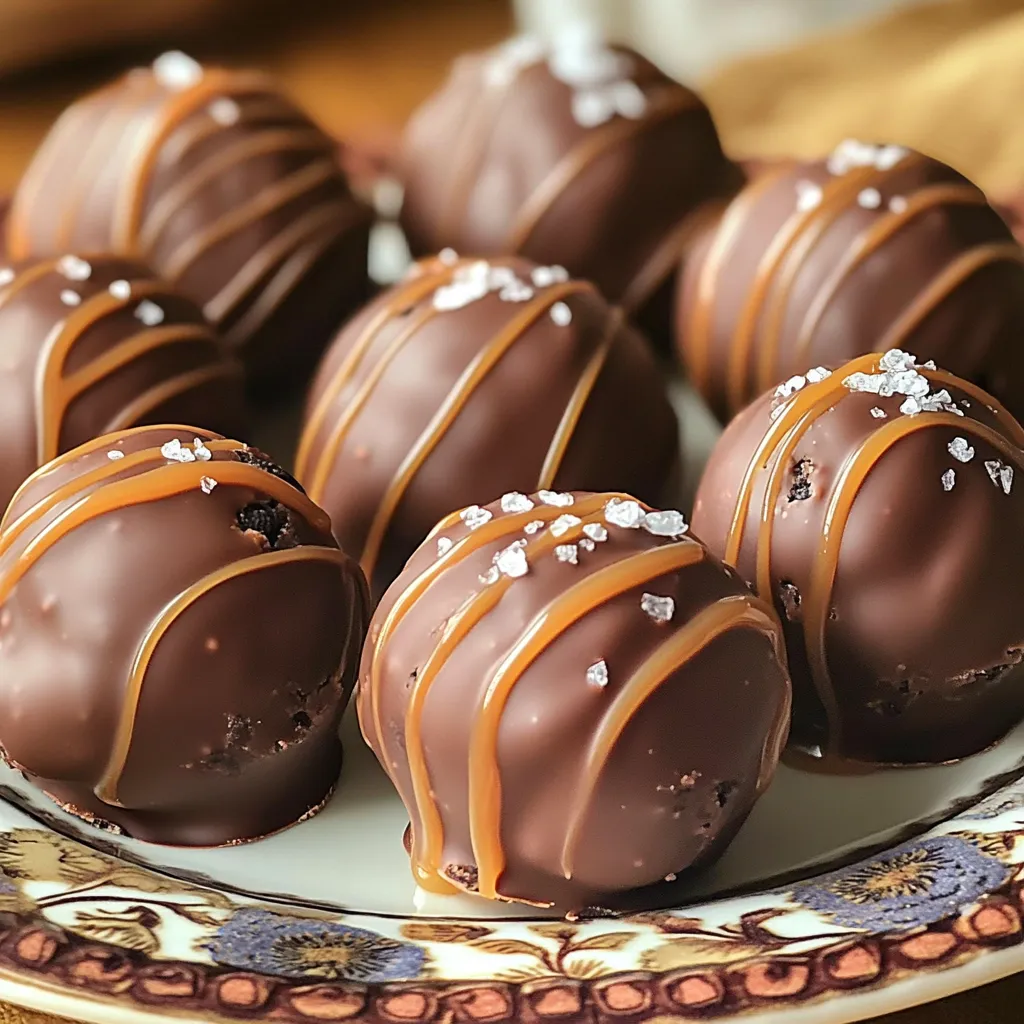 To make No-Bake Salted Caramel Oreo Truffles, you will need: - 1 package (15.25 oz) Oreo cookies - 8 oz cream cheese, softened - 1 cup caramel sauce (plus extra for drizzling) - 1 cup chocolate chips (semi-sweet) - Sea salt, for sprinkling Choosing the right ingredients makes a big difference. Here are some tips: - Use fresh cream cheese. It should be soft and easy to mix. - Pick a good brand of caramel sauce. It should be smooth and thick. - For chocolate chips, go for semi-sweet. They give a rich flavor. - Use real sea salt. It adds a nice crunch and extra flavor. If you need to make some changes, here are a few options: - For a dairy-free version, use vegan cream cheese. - You can swap Oreos for any chocolate cookie you like. - If you want a different flavor, try butterscotch or white chocolate. - For a nutty taste, add crushed nuts to the mixture. These choices help you customize the truffles to fit your taste. Enjoy experimenting! First, gather your ingredients. You need: - 1 package (15.25 oz) Oreo cookies - 8 oz cream cheese, softened - 1 cup caramel sauce - 1 cup chocolate chips (semi-sweet) - Sea salt, for sprinkling Now, let’s crush the Oreo cookies. Use a food processor to turn them into fine crumbs. This makes mixing easier. In a large mixing bowl, combine the crushed Oreo crumbs with softened cream cheese. Mix until smooth. You want a creamy, thick texture. Next, pour in 1 cup of caramel sauce. Stir well until everything is blended nicely. Now it’s time to form the truffles. Scoop out a tablespoon of the mixture with your hands. Roll it into a ball. Place each ball on a parchment-lined baking sheet. Repeat until you use all the mixture. Don’t worry if they’re not perfect; they’ll still taste amazing! Next, freeze the truffles for about 30 minutes. This helps them firm up. While they chill, melt your chocolate chips. Use a microwave-safe bowl. Heat them in 30-second intervals. Stir in between until smooth. Be careful not to burn the chocolate. Once the truffles are firm, dip each one into the melted chocolate. Make sure they are fully coated. Return them to the baking sheet. Drizzle extra caramel sauce over each truffle. It adds extra flavor and looks great! Finally, sprinkle a pinch of sea salt on top. This balance of sweet and salty is key. Refrigerate the truffles for another 15-20 minutes. This helps the chocolate set. Once they’re ready, you can serve them on a decorative plate. Enjoy these sweet bites! When making No-Bake Salted Caramel Oreo Truffles, avoid these common mistakes: - Not crushing the Oreos finely. Large chunks can make rolling difficult. - Using cold cream cheese. Softened cream cheese blends better for a smooth mix. - Skipping the chilling step. Chilling helps the truffles hold their shape. To make your truffles perfect, follow these expert tips: - Use a cookie scoop. This helps to get even-sized truffles. - Melt chocolate slowly. Heat in short bursts to prevent burning. - Drizzle extra caramel quickly. Do this while the chocolate is still warm for a nice look. Serve your truffles in style with these tips: - Use a decorative plate. A pretty plate makes your truffles pop. - Garnish with sea salt. A sprinkle adds flair and enhances flavor. - Add a caramel drizzle. This makes them look delicious and inviting. These steps will help you create beautiful and tasty No-Bake Salted Caramel Oreo Truffles. {{image_2}} You can make these truffles even more special. Try adding chopped nuts like pecans or almonds for a nice crunch. You can also mix in a splash of vanilla or almond extract. This will boost the flavor and make them more unique. Experiment with different flavors to find your favorite mix. Want to make these truffles vegan or gluten-free? Use gluten-free Oreo cookies and a vegan cream cheese substitute. For the caramel sauce, look for a plant-based version. This way, everyone can enjoy the sweet treat without worry. Making these truffles fit special diets is easy and fun. You can change these truffles for any holiday. For Halloween, add orange sprinkles or a hint of pumpkin spice. For Christmas, use peppermint extract and top with crushed candy canes. You can decorate them based on the season. This makes the truffles festive and fun for any gathering. To keep your No-Bake Salted Caramel Oreo Truffles fresh, store them in an airtight container. Place a piece of parchment paper between layers to prevent sticking. Keep the container in the fridge. This way, the truffles stay cool and tasty. They can last up to a week when stored properly. If you want to save some truffles for later, try freezing them. Place the truffles on a baking sheet and freeze for about an hour. Once they are firm, transfer them to a freezer-safe bag. This method keeps them fresh for up to three months. Just remember to label the bag with the date. When you're ready to enjoy your frozen truffles, take them out of the freezer. Let them sit at room temperature for about 10-15 minutes. This softens them slightly and brings back their creamy texture. If you find them a bit hard, just give them a few extra minutes. Enjoy your delicious treats! No-Bake Salted Caramel Oreo Truffles last about one week in the fridge. Store them in an airtight container. They stay tasty and fresh when kept cool. If you freeze them, they can last for up to three months. Just thaw them in the fridge before serving. Yes, you can make these truffles in advance. They are perfect for meal prep or parties. Prepare the truffles, coat them with chocolate, and store them in the fridge. They taste even better after resting for a day. Just remember to drizzle the extra caramel and sprinkle the sea salt before serving. Serve these truffles on a decorative plate. Arrange them nicely and drizzle extra caramel sauce over the top. A light sprinkle of sea salt adds a nice touch. You can also place them in cute paper cups for a fun look. They make a great treat for parties or gatherings. Absolutely! You can use other cookies for these truffles. Try chocolate chip cookies, peanut butter cookies, or even graham crackers. Each cookie type brings a new flavor. Just make sure to adjust the caramel and cream cheese as needed for the best texture. In this blog post, I covered key ingredients, step-by-step instructions, and helpful tips for making truffles. I emphasized quality choices and provided alternatives too. You learned common mistakes to avoid and expert tricks for perfect results. Don’t forget the fun variations to suit your style or season. With proper storage, your truffles stay fresh longer. Use these tips for tasty treats that impress everyone. Enjoy making these easy, delicious truffles, and remember, the best part is sharing them!