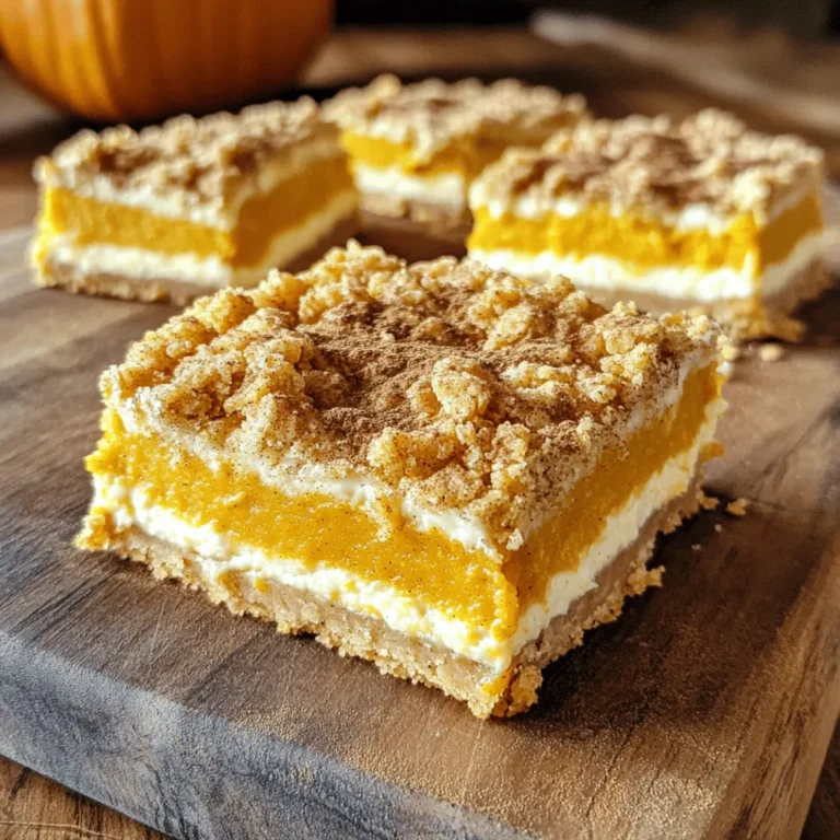 To make the best pumpkin cheesecake cookie bars, gather these items: - 1 cup unsalted butter, melted - 1 cup brown sugar, packed - 1/2 cup granulated sugar - 2 large eggs - 2 teaspoons vanilla extract - 2 1/2 cups all-purpose flour - 1 teaspoon baking soda - 1 teaspoon ground cinnamon - 1/2 teaspoon ground nutmeg - 1/4 teaspoon ground ginger - 1/2 teaspoon salt - 1 cup canned pumpkin puree - 8 oz cream cheese, softened - 1/2 cup powdered sugar - 1 teaspoon pumpkin spice (optional) You might want to switch some ingredients for personal tastes or needs. Here are a few ideas: - Use coconut oil instead of butter for a dairy-free option. - Swap brown sugar for coconut sugar for a lower glycemic index. - Use almond flour if you need a gluten-free option. - Replace cream cheese with a dairy-free cream cheese for a vegan choice. Choosing quality ingredients makes a big difference. Here’s what to look for: - For butter, choose unsalted for better control of the salt level. - Use fresh spices for the best flavor; they lose potency over time. - Select canned pumpkin puree, not pumpkin pie filling, for a pure taste. - Check the cream cheese for freshness; it should be smooth and creamy. These choices help bring out the best in your pumpkin cheesecake cookie bars. Happy baking! First, preheat your oven to 350°F (175°C). Greasing a 9x13 inch baking pan helps. I line it with parchment paper for easy removal later. In a large bowl, mix 1 cup of melted butter, 1 cup of brown sugar, and 1/2 cup of granulated sugar. Stir until the sugars blend well. Next, add in 2 large eggs and 2 teaspoons of vanilla extract. Beat this mixture until it looks smooth and creamy. In another bowl, whisk together 2 1/2 cups of all-purpose flour, 1 teaspoon of baking soda, 1 teaspoon of ground cinnamon, 1/2 teaspoon of ground nutmeg, 1/4 teaspoon of ground ginger, and 1/2 teaspoon of salt. Now, fold the dry mix into the wet mix gently. Be careful not to overmix! Keep about 1 cup of this cookie dough aside. Spread the rest evenly in your prepared pan to form the base layer. In a new bowl, beat 8 oz of softened cream cheese until it’s smooth. Then, add 1 cup of canned pumpkin puree and 1/2 cup of powdered sugar. If you want, you can mix in 1 teaspoon of pumpkin spice for extra flavor. Blend this until it’s creamy and well combined. Now, spread the pumpkin cheesecake filling over the cookie dough base in the pan. Crumble the reserved cookie dough on top to make a rustic layer. Bake the bars in your preheated oven for about 30-35 minutes. They are done when the edges turn golden and a toothpick comes out with a few moist crumbs. Let the bars cool in the pan for about 20 minutes. Use the parchment paper to lift them out, then cut into squares and serve. Enjoy your delicious pumpkin cheesecake cookie bars! To keep your cookie bars soft, avoid overmixing. When you add the dry mix to the wet mix, fold gently. You want to blend the ingredients just until combined. If you mix too much, your bars may turn out tough and dry. Remember, less is more! Set your oven to 350°F (175°C). Bake the bars for 30 to 35 minutes. Look for a golden edge and a toothpick that comes out with moist crumbs. If the toothpick is clean, they might be overbaked. Every oven is different, so keep an eye on them. Cut the bars into squares after they cool for 20 minutes. For a pretty touch, dust the tops with powdered sugar. You can also add a drizzle of caramel sauce or whipped cream for extra flair. Serve them on a nice plate, and watch your guests smile! {{image_2}} You can make these bars gluten-free easily. Just swap the all-purpose flour for a gluten-free blend. Make sure your blend includes xanthan gum for the best texture. You will still get that rich pumpkin flavor and creamy cheesecake filling. Follow the same steps in the recipe. Your friends will never know they are gluten-free! To make vegan pumpkin cheesecake cookie bars, use plant-based butter instead of regular butter. Replace the eggs with flaxseed meal or applesauce. For the cream cheese layer, use a vegan cream cheese. There are many great brands available today. The pumpkin puree will still shine through, giving you that fall flavor. Follow the original recipe steps for easy results. Want to add more flavor? Try mixing in chocolate chips. They add a nice sweetness and a fun texture. You can also fold in chopped nuts like pecans or walnuts. This will give your bars a delightful crunch. If you like spices, consider adding more cinnamon or a dash of clove. Each variation can change the taste in fun ways. Enjoy experimenting! To keep your pumpkin cheesecake cookie bars fresh, store them in an airtight container. Make sure they are completely cool before sealing. Place parchment paper between layers if stacking. This prevents sticking. Store them at room temperature for up to three days. For longer freshness, keep them in the fridge for about a week. You can freeze these cookie bars for up to three months. First, cut them into squares. Wrap each piece tightly in plastic wrap. Then, place them in a freezer-safe bag or container. Label the bag with the date. When you're ready to enjoy them, thaw in the fridge overnight. This helps maintain their texture and flavor. Reheating is simple and quick. Preheat your oven to 350°F (175°C). Place the bars on a baking sheet and cover them with foil. Heat for about 10-15 minutes, or until warm. You can also use a microwave. Heat each bar for about 15-20 seconds. Be careful, as they can get too hot quickly. Enjoy them warm for a cozy treat! Yes, you can make these bars ahead of time. I often bake them a day before serving. After they cool, store them in an airtight container. They will stay fresh for about three days. This also allows the flavors to blend nicely. Just remember to keep them in the fridge if you use cream cheese. To cut these cookie bars, first let them cool. Once they are cool, lift them out of the pan using the parchment paper. Place the bars on a cutting board. Use a sharp knife for clean cuts. If you want perfect squares, wipe the knife between cuts. This keeps the edges neat and tidy. You will know the bars are done when the edges turn golden brown. Insert a toothpick in the center. If it comes out with a few moist crumbs, they are ready. If there is wet batter, give them a few more minutes. Keep an eye on them, so they do not overbake. You now have a clear path to making delicious pumpkin cheesecake cookie bars. We covered the key ingredients, substitution options, and tips for choosing the best items. The step-by-step instructions make preparation easy. I shared tips on baking them just right and presenting them well. Plus, there's room for variations and smart storage ideas. These bars can fit any diet and occasion. With these tips, you can enjoy this tasty treat anytime. So, gather your ingredients and bake with confidence!