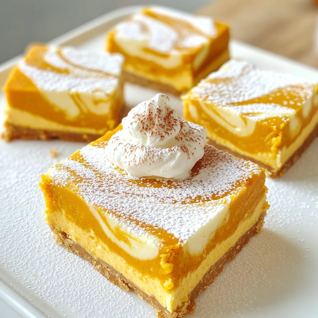 To make Pumpkin Cheesecake Swirl Bars, gather the following ingredients: - 1 cup all-purpose flour - ½ cup brown sugar - ½ cup unsalted butter, melted - 1 teaspoon cinnamon - 1 teaspoon baking powder - ¼ teaspoon salt - 1 cup canned pumpkin puree - 1 cup cream cheese, softened - 2 large eggs - 1 teaspoon vanilla extract - ½ cup granulated sugar - ½ teaspoon nutmeg Using fresh pumpkin puree gives a bright, bold flavor. It can often taste richer than canned. If you use canned, make sure it is 100% pumpkin. Check the label. You want to avoid any added sugars or spices. Always use high-quality cream cheese for a smooth texture. It helps to blend well with the other ingredients. Choose unsalted butter for better control of the salt in the bars. Each ingredient plays a role in making these bars creamy and delicious. Start by preheating your oven to 350°F (175°C). This step is key for even baking. Next, take an 8x8 inch baking pan and line it with parchment paper. Leave some parchment hanging over the edges. This makes it easy to lift the bars out later. In a mixing bowl, combine the melted butter, brown sugar, cinnamon, baking powder, salt, and flour. Stir these well until they form a smooth dough. This dough will be the base of your bars. Now, press the dough evenly into the bottom of your prepared baking pan. Make sure it’s flat for the best results. In another bowl, beat the softened cream cheese until it’s nice and smooth. Then, add granulated sugar, vanilla extract, and eggs. Mix them until fully combined. Next, stir in the pumpkin puree and nutmeg. Blend until the mixture is creamy and well mixed. This rich filling is the heart of your bars. Pour the pumpkin cheesecake mixture over the crust in the pan. Spread it evenly to cover the crust. Now, take a knife or skewer and gently swirl the mixture to create a nice marbled look. Be careful not to overmix. Bake in the oven for 25-30 minutes. Check for doneness by inserting a toothpick into the center. It should come out clean when the bars are ready. Once baked, let the bars cool in the pan at room temperature. After cooling, refrigerate them for at least 2 hours. This helps them set. When ready, use the parchment overhang to lift the bars out of the pan. Cut them into squares. For a nice touch, dust the tops with powdered sugar and add whipped cream and a sprinkle of cinnamon before serving. Enjoy this delightful fall treat! To get the best texture in your pumpkin cheesecake swirl bars, follow these steps. First, make sure to measure your ingredients correctly. Too much flour can make the bars dry. Use a kitchen scale if you have one. Also, mix the crust just until combined. Overmixing can lead to a tough texture. When you bake, check your oven's temperature with an oven thermometer. Ovens can vary. Bake until a toothpick comes out clean. This usually takes about 25 to 30 minutes. Let the bars cool completely before slicing. This helps them set well. Garnishing your bars can make them extra special. Dust the top with powdered sugar for a sweet touch. A dollop of whipped cream adds creaminess. You can also sprinkle cinnamon or nutmeg on top for added flavor. For a festive twist, try adding caramel sauce or chopped nuts. Serve with a warm drink, like spiced cider or coffee, to enhance the fall vibe. Cutting your bars neatly is key to a great presentation. Use a sharp knife for clean slices. For the best results, warm the knife under hot water first, then dry it. This makes cutting easier. After each slice, wipe the knife clean with a damp cloth. This keeps each piece looking nice. Aim for square pieces about 2 inches wide, perfect for sharing! {{image_2}} You can play with flavors in these bars. Try adding chocolate chips for a sweet twist. They mix well with the pumpkin. You could also use different spices. Ginger or allspice can add warmth. If you want a richer taste, mix in some cocoa powder. This will give your bars a chocolate pumpkin flavor. Each variation adds a new layer of fun! Need a gluten-free option? Swap the all-purpose flour for a gluten-free blend. This works well and keeps the bars tasty. For a dairy-free version, use dairy-free cream cheese. Coconut cream is a good choice too. It adds richness without the dairy. These adjustments let everyone enjoy these treats. Creating a pretty swirl is easy. You can use chocolate or caramel for a different look. Just melt your choice and drizzle it on top of the pumpkin cheesecake layer. Then, use a knife to swirl gently. This gives a fun, marbled effect. For a fun twist, try using a toothpick. Just dip it in the mixture and swirl around. Each method adds a unique touch to your bars! To keep your Pumpkin Cheesecake Swirl Bars fresh, store them in an airtight container. Make sure to let the bars cool completely before you place them in the container. This step helps keep the bars from getting soggy. You can also place parchment paper between layers, which prevents sticking. If you want to freeze these bars, first cut them into squares. Wrap each square in plastic wrap. Then, place the wrapped bars in a freezer-safe bag. This method protects them from freezer burn. To thaw, simply take out a square and let it sit at room temperature for about 30 minutes. When stored in the fridge, these bars can last about 5 to 7 days. Their taste stays fresh and rich during this time. Always check for any signs of spoilage before serving. If they look or smell off, it’s best to toss them out. Enjoy these bars while they are still at their best! Yes, you can use fresh pumpkin. Make sure to roast and puree it first. This adds a nice, fresh flavor. Just remember to remove excess moisture to avoid a soggy bar. Check your bars after 25 minutes. A toothpick inserted in the center should come out clean. The edges will look set, while the center might still jiggle slightly. Let them cool to finish setting. Use a sharp knife for clean cuts. If you want neat slices, wipe the knife with a damp cloth between cuts. This helps keep the edges smooth and pretty. Absolutely! These bars are great to make a day in advance. Just cool them, then cover and refrigerate. This helps the flavors meld together nicely. Serve them chilled for the best taste. Dust with powdered sugar for a touch of sweetness. A dollop of whipped cream and a sprinkle of cinnamon make them extra special. These Pumpkin Cheesecake Swirl Bars are a delightful treat. We covered all the essentials, from ingredient quality to detailed baking steps. You learned tips for perfect texture and creative variations. Keep these bars fresh with proper storage and freezing methods. Remember, you can adjust ingredients for dietary needs or add fun flavors. Enjoy making these bars, and share them with friends and family. You’ll impress everyone with your baking skills!