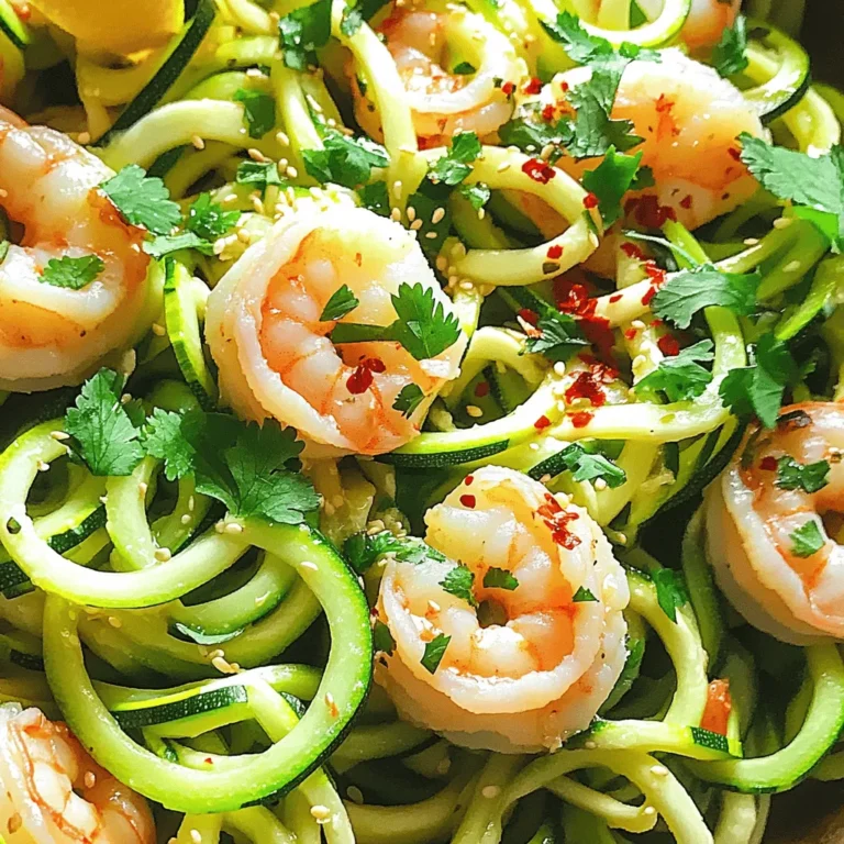 - 1 pound large shrimp, peeled and deveined - 4 medium zucchinis, spiralized into noodles - 4 cloves garlic, minced - 2 tablespoons olive oil - 1 teaspoon red chili flakes (adjust for heat preference) - 2 tablespoons soy sauce or tamari - 1 teaspoon sesame oil - 1 tablespoon freshly squeezed lemon juice - Salt and black pepper to taste - Fresh cilantro or parsley for garnish Chili garlic shrimp zoodles shine with their simple yet vibrant flavors. The large shrimp bring a sweet and juicy bite. Zucchini noodles, or zoodles, add a light texture that feels fresh. Fresh garlic gives this dish a warm, savory base. The olive oil acts as the cooking fat, helping to enhance all flavors. Red chili flakes add a kick. You can adjust the amount to suit your taste. Soy sauce or tamari gives a salty depth, tying the dish together. Sesame oil adds a nutty aroma, while fresh lemon juice brightens everything. Salt and black pepper balance the dish perfectly. Finally, fresh herbs like cilantro or parsley make a lovely garnish, adding color and freshness. These ingredients work in harmony to create a dish that feels gourmet yet is easy to make. Enjoy the vibrant taste of this dish as you explore the world of flavors! - First, grab a large skillet and heat 2 tablespoons of olive oil over medium heat. - Next, add 4 minced garlic cloves and 1 teaspoon of red chili flakes to the skillet. - Sauté these for about 1 minute until they smell great. Be careful! Burning garlic is easy. - Now, add 1 pound of large shrimp that you’ve peeled and deveined. - Season the shrimp with salt and black pepper. Cook them for about 2-3 minutes. The shrimp should turn pink and be cooked through. - Once the shrimp is ready, add 4 medium zucchinis that you spiralized into noodles. - Pour in 2 tablespoons of soy sauce and 1 teaspoon of sesame oil. Toss everything well. - Sauté for another 2-3 minutes. You want the zoodles to be tender but still a bit firm. - Finally, remove the skillet from heat. Drizzle 1 tablespoon of fresh lemon juice on top and toss again to mix. When picking shrimp, fresh is best. Fresh shrimp has a sweet smell and firm texture. Frozen shrimp works well too, and it’s often just as tasty. Just ensure it is properly thawed before cooking. Always peel and devein shrimp for the best flavor. This step helps remove the gritty texture and makes the dish cleaner and more enjoyable. To make zucchini noodles, use a spiralizer. This tool creates long, thin zoodles. You can also use a vegetable peeler for wider noodles. When cooking zoodles, be careful not to overcook them. Cook until they are al dente, which means they should still have a little bite. This helps them keep their shape and adds a nice crunch to the dish. If you love heat, add more red chili flakes. Start with a small amount and taste as you go. You can also try fresh chili peppers for a different kick. For a milder option, reduce the chili flakes or skip them altogether. Other spices like smoked paprika or black pepper can give your dish great flavor without too much heat. {{image_2}} You can easily swap shrimp for chicken or tofu. Chicken cooks nicely and adds a hearty bite. Just cut it into small pieces and cook it until no longer pink. Tofu is a great vegan choice. Use firm tofu, and press it to remove excess water. Cut it into cubes and sauté until golden. For a vegan version, chickpeas work well, too. They add protein and fiber while keeping the dish filling. Just add canned chickpeas after cooking the garlic and chili flakes. This will give them time to absorb the flavor. Adding more veggies boosts nutrition. Bell peppers add crunch and sweetness. Slice them thin and toss them in with the shrimp. Carrots bring a nice color and a bit of sweetness. You can julienne them or use a peeler to create thin strips. Snap peas are also great. They add a nice snap when you bite into them. Don’t forget leafy greens! Spinach or kale mix well with this dish. Add them in the last minute of cooking so they wilt slightly but still stay bright. Switching up the sauce can change the flavor profile. Teriyaki sauce gives a sweet and savory touch. Just replace the soy sauce with teriyaki. Sriracha adds heat and a hint of sweetness. Mix it in with the soy sauce for an extra kick. You can also make homemade chili garlic sauce. Blend garlic, chili, vinegar, and a pinch of sugar for a spicy kick. This fresh sauce will enhance the overall flavor and give your dish a personal touch. To keep your Chili Garlic Shrimp Zoodles fresh, store them in an airtight container. Place the leftovers in the fridge. They will stay good for about 2-3 days. Make sure to let them cool before sealing the container. This helps prevent condensation, which can make the zoodles soggy. You can freeze the shrimp and zoodles if you have extra. First, let them cool completely. Then, place them in freezer-safe bags or containers. Remove as much air as possible. The shrimp will freeze well for up to 3 months. However, zoodles can become mushy when thawed, so use them for quick meals. When reheating, aim to keep the texture nice. The best way is to use a skillet. Heat a little oil in the pan over medium heat. Add the zoodles and shrimp, stirring gently. Cook until warmed through, about 4-5 minutes. You can also use the microwave, but it may make the zoodles softer. Heat for 1-2 minutes, checking often. Enjoy your meal fresh! Yes, you can easily make this dish gluten-free. Just replace soy sauce with tamari. Tamari is a great soy sauce alternative that is gluten-free. You can also use coconut aminos. It has a similar taste and adds sweetness without gluten. If you want more heat, add extra red chili flakes. You can adjust the amount based on your taste. For a different kick, try adding fresh chopped jalapeños or a dash of hot sauce. These will boost the flavor and heat of your dish. This dish pairs well with several sides. You can serve it with a fresh salad for balance. Garlic bread is another great option, adding some crunch. For a lighter touch, serve with steamed broccoli or asparagus on the side. The prep time is about 10 minutes. Cooking takes around 5 minutes. In total, you can enjoy this meal in just 15 minutes. It's a quick and easy dish, perfect for busy days or a fast dinner! This dish combines fresh shrimp and zucchini noodles for a tasty meal. You learned how to cook shrimp, prepare zoodles, and add flavor with spices and sauces. Remember, you can mix in different proteins or veggies for variety. Proper storage keeps leftovers fresh for later. Enjoy experimenting with heat levels and side dishes to suit your taste. Cooking should always be fun, and this recipe makes it easy to create a delicious dish.