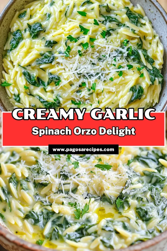 Indulge in the deliciousness of Creamy Garlic Spinach Orzo! This simple and comforting dish combines tender orzo pasta, fresh spinach, and a rich, creamy sauce, perfect for any meal. With easy steps and wholesome ingredients, you'll have a delightful dish ready in just 25 minutes. Click to explore this recipe and treat yourself to a comforting bowl of flavor today! #CreamyGarlicSpinachOrzo #PastaRecipes #EasyDinner #HealthyEating