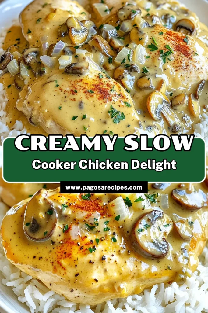 Savor the deliciousness of Slow Cooker Creamy Mushroom Chicken! This easy recipe combines tender chicken breasts with a rich and creamy mushroom sauce that's perfect over rice or mashed potatoes. With just a few simple ingredients and your slow cooker, you can whip up a comforting meal that the whole family will love. Click through for the full recipe and get cooking today! #SlowCookerRecipes #CreamyChicken #MushroomLovers #EasyDinnerIdeas