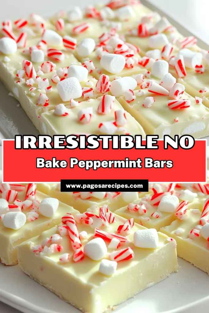 Indulge in the festive spirit with these No-Bake White Chocolate Peppermint Bark Bars! Ready in just 15 minutes, this delightful recipe combines creamy white chocolate with refreshing peppermint and crunchy candy canes for a sweet treat everyone will love. Perfect for holiday gatherings or as a cozy snack, these bars are easy to make and oh-so-decadent. Click through for the full recipe and spread some holiday cheer! #NoBakeDesserts #WhiteChocolateBark #PeppermintTreats #HolidayRecipes