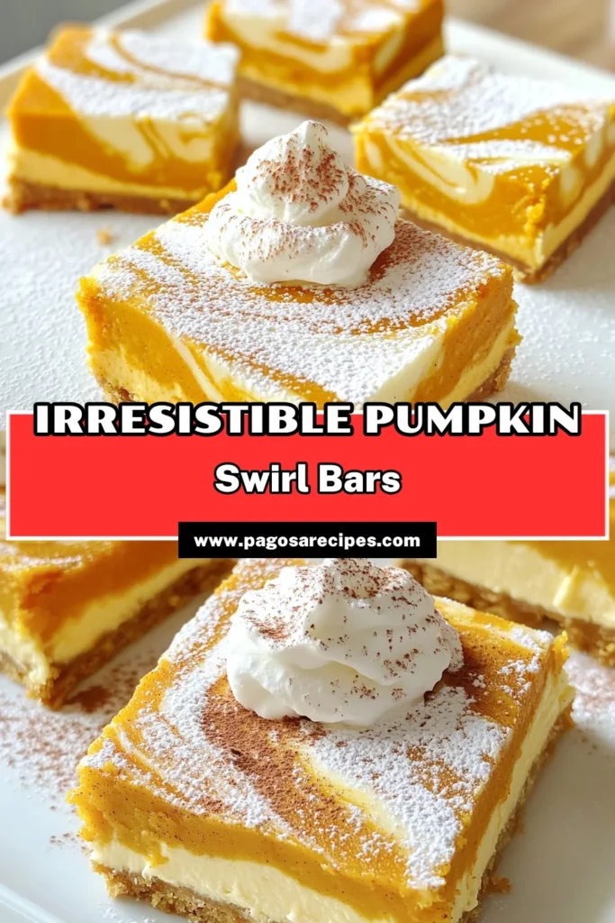 Satisfy your sweet tooth with these delightful Pumpkin Cheesecake Swirl Bars! Made with a creamy pumpkin filling and a buttery crust, these bars are perfect for fall gatherings or anytime you need a treat. With easy-to-follow steps, you'll have a mouthwatering dessert ready in no time. Click through for the full recipe and make your dessert table truly special! #PumpkinCheesecake #FallBaking #DessertRecipes #PumpkinSpice