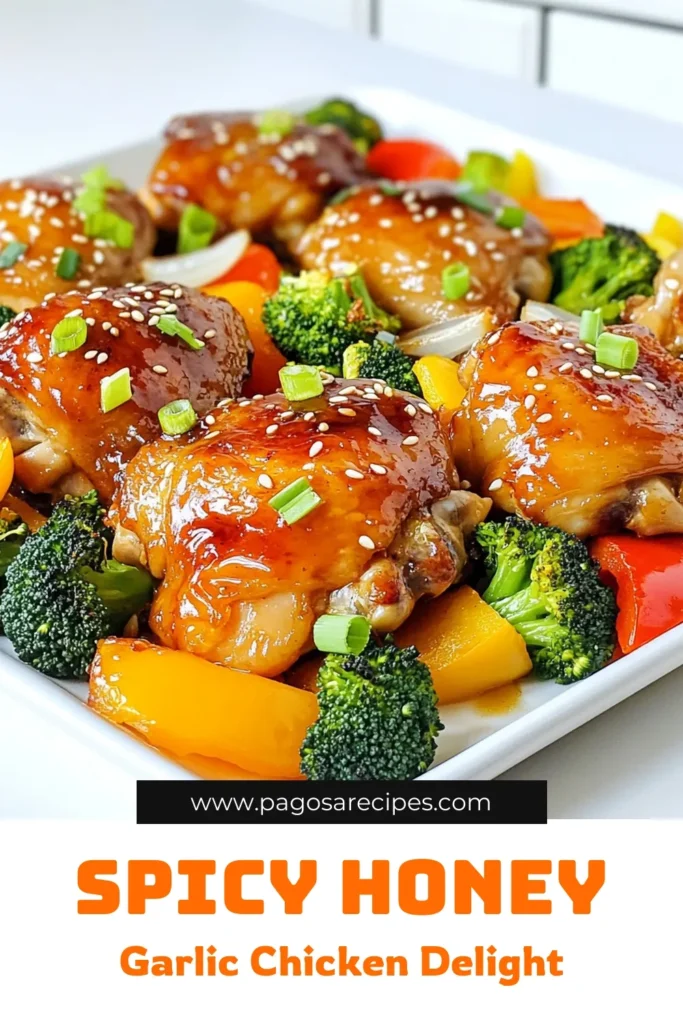Savor the deliciousness of Sheet Pan Spicy Honey Garlic Chicken with this easy recipe! Juicy chicken thighs marinated in a sweet and spicy blend of honey, soy sauce, and garlic are baked alongside vibrant veggies for a complete meal in one pan. Perfect for hassle-free dinners, this dish will become a family favorite. Click to explore the full recipe and delight your taste buds today! #SheetPanRecipes #EasyDinner #HoneyGarlicChicken #SpicyFood