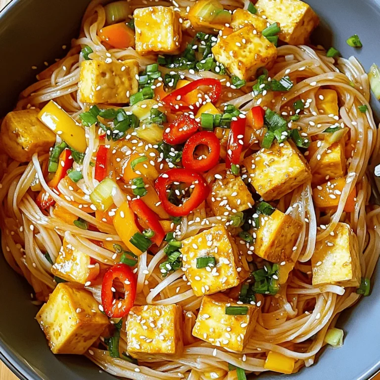 - 200g rice noodles - 200g firm tofu, diced - 3 tablespoons soy sauce - 2 tablespoons sesame oil - 4 cloves garlic, minced - 1 red chili, finely sliced (adjust to taste) - 1 bell pepper, julienned - 2 green onions, chopped - 1 tablespoon fresh ginger, grated - 1 tablespoon brown sugar - Sesame seeds for garnish When you gather these ingredients, you set the stage for a tasty dish. The rice noodles provide a soft base. Firm tofu adds protein and a nice texture. Soy sauce brings saltiness and depth. Sesame oil offers a nutty flavor that ties it all together. Now, let's talk about aromatics. Garlic is a superstar here. Its strong flavor gives the dish a punch. The red chili adds heat, so adjust it to your liking. Bell peppers add color and crunch. Green onions bring freshness, and ginger adds a zing. For the flavor enhancers, brown sugar balances the saltiness of soy sauce. It creates a sweet-savory blend that makes each bite memorable. Lastly, a sprinkle of sesame seeds gives a lovely finish. This mix of ingredients is what makes Garlic Chili Tofu Noodles a winner every time! - Prepare rice noodles according to package instructions. - Drain and set aside. Cooking rice noodles is easy. Just follow the package steps. They will be soft and ready to mix. Drain them well so they are not soggy. - Heat sesame oil and sauté diced tofu until golden brown. - Cook for approximately 5-7 minutes. Start with a hot skillet. Add sesame oil and wait for it to shimmer. Then, add diced tofu. Stir often to get all sides golden. This step makes the tofu taste better and adds texture. - Incorporate garlic, chili, and ginger, then sauté until fragrant. - Mix soy sauce and brown sugar, pour over tofu and vegetables. Once the tofu is golden, it’s time for flavor! Add minced garlic, sliced chili, and grated ginger. Sauté for 1-2 minutes. The smell will fill your kitchen. Next, mix soy sauce and brown sugar in a bowl. Pour this mix over the tofu and veggies. Stir well to coat everything. - Add cooked rice noodles, tossing to coat everything evenly. - Heat through for 1-2 minutes before serving. Now, add the cooked noodles to the skillet. Toss everything together, making sure the noodles get the sauce. Heat for 1-2 more minutes. This step warms everything up and blends the flavors. Your Garlic Chili Tofu Noodles are almost ready! - Choosing the right tofu: Use firm tofu for the best texture. It holds its shape well and gives a satisfying bite. Silken tofu is too soft for this dish. - Pressing tofu for better texture: Press the tofu before cooking. This removes excess water and helps it crisp up. Wrap the tofu in a clean towel and place something heavy on top for 15-30 minutes. - Adjusting the level of spice: You can control the heat by changing the amount of chili. For a milder taste, use less or remove the seeds. For more heat, add extra slices or use a spicier variety. - Experimenting with additional herbs or spices: Don’t be afraid to mix things up! Try adding basil, cilantro, or lime juice. These can brighten the dish and add new layers of flavor. - Presentation tips for an attractive dish: Serve the noodles in a large bowl. Garnish with green onions and a sprinkle of sesame seeds. This adds color and makes the dish pop. - Suggested pairings and additional garnishes: Pair with a side of steamed veggies or a light salad. You can also offer lime wedges or extra chili on the side for those who like added zest. {{image_2}} You can switch up the veggies in Garlic Chili Tofu Noodles. Try bok choy for a crunchy bite. Spinach adds a nice green touch. Carrots bring sweetness and color. These swaps keep the dish fresh and fun. You can mix and match based on what you have. If you want a different protein, chicken works great. Shrimp adds a nice touch of seafood. Tempeh is perfect for a vegan option. Each protein changes the taste and texture. Feel free to choose one that fits your diet. For a gluten-free meal, look for rice noodles. They are easy to find and tasty. You can also use gluten-free soy sauce. This keeps the dish safe for those with gluten issues. Always check labels to be sure. To store leftovers, let the noodles cool. Place them in an airtight container. This keeps them fresh. For reheating, use a skillet. Add a splash of water or oil. Heat on low until warm. Stir frequently to prevent sticking. Yes, you can freeze this dish! First, cool it completely. Then, pack it into freezer-safe bags. Remove all the air to avoid freezer burn. When ready to eat, thaw overnight in the fridge. Reheat in a pan over low heat. In the fridge, Garlic Chili Tofu Noodles stay fresh for about 3 days. In the freezer, they last for about a month. Always check for off smells or changes in texture before eating. This dish comes together quickly. You need just 5 minutes to prep. Cooking takes only 10 minutes. In total, you can enjoy your meal in 15 minutes. That’s fast and easy! Yes, this recipe is both vegetarian and vegan. The main ingredients, like tofu and rice noodles, fit perfectly. Just check your soy sauce. Some brands add fish sauce. Choose a vegan-friendly soy sauce to stay true to your diet. You can pair this dish with many sides. Here are some tasty ideas: - Steamed broccoli for a fresh crunch. - Stir-fried bok choy for added greens. - A light cucumber salad for a cool contrast. - Egg rolls for a nice, crispy treat. These sides will balance the flavors and add variety to your meal! This blog post shared a delicious recipe for Garlic Chili Tofu Noodles. We outlined key ingredients, step-by-step cooking instructions, and tips to enhance flavor. You can swap vegetables or proteins to fit your taste and dietary needs. Remember to store leftovers properly for later enjoyment. This dish is not just tasty; it’s easy to make. With practice, you’ll master this simple yet flavorful meal in no time. Enjoy cooking and experimenting with your favorite ingredients. Your kitchen is a great place for creativity!