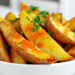 To make Air Fryer Buffalo Potato Wedges, you'll need: - 4 medium russet potatoes, cut into wedges - 3 tablespoons olive oil - 1 teaspoon garlic powder - 1 teaspoon onion powder - 1 teaspoon smoked paprika - ½ teaspoon cayenne pepper (adjust to taste) - Salt and pepper to taste - ¼ cup buffalo sauce - Fresh parsley, chopped (for garnish) If you don't have russet potatoes, you can use Yukon gold or sweet potatoes. Both will work well. For olive oil, canola or avocado oil are good swaps. If you want a milder flavor, skip the cayenne pepper. You can also use fresh garlic instead of garlic powder. Just use one clove, minced. Use a kitchen scale for accurate potato weight. If you don't have one, a medium potato typically weighs about 6-7 ounces. For liquids, use a clear measuring cup to get the right amount. Remember to level off dry ingredients like garlic powder for accurate measurements. This way, your wedges will turn out just right. Start with 4 medium russet potatoes. Wash them well under cold water. Cut each potato in half lengthwise. Then slice each half into wedges, about 8 wedges per potato. This gives you the perfect size for crispiness. In a large bowl, combine the potato wedges with 3 tablespoons of olive oil. Add 1 teaspoon each of garlic powder, onion powder, and smoked paprika. Then, mix in ½ teaspoon of cayenne pepper, along with salt and pepper to taste. Toss the wedges well until the spices coat them evenly. This step adds great flavor to your wedges. Preheat your air fryer to 400°F (200°C) for about 5 minutes. Place the seasoned potato wedges in a single layer in the basket. Do not overcrowd the basket; this helps them cook evenly. Cook the wedges for 15-20 minutes. Shake the basket halfway through to ensure even cooking. When done, the wedges should be crispy and golden brown. Transfer them to a bowl and drizzle ¼ cup of buffalo sauce over the top. Toss gently to coat the wedges. Enjoy the spicy goodness! To get that perfect crisp on your buffalo potato wedges, start with fresh russet potatoes. They have the right starch level for a crunchy bite. Make sure you cut the wedges evenly. This helps them cook at the same rate. Don't skip the olive oil; it gives the wedges that nice golden finish. When you cook, keep them in a single layer in the air fryer. Overcrowding can make them soggy, so air has to flow around each wedge. Shake the basket halfway through cooking to ensure even crisping. Buffalo sauce can be spicy, so adjust the heat to your taste. Start with half a teaspoon of cayenne pepper if you're unsure. You can always add more later. If you want a milder flavor, try adding less buffalo sauce or mix it with a bit of yogurt or sour cream. This will calm the heat without losing the buffalo flavor. Always taste as you go, and remember, you can always add spice, but you can't take it away. These buffalo potato wedges are perfect for sharing! Serve them hot as a snack or side dish. They pair well with blue cheese or ranch dressing for dipping. You can also add chopped green onions or crumbled feta on top for extra flavor. Consider serving them alongside grilled chicken or veggie burgers for a complete meal. Fresh parsley on top adds a nice touch and brightens up the dish. Enjoy your tasty creation! {{image_2}} You can change the flavor of your buffalo potato wedges by using different seasonings. Try using Italian herbs like oregano and basil. A dash of cumin adds warmth, while chili powder gives a nice kick. For a smoky touch, use chipotle powder instead of cayenne. You can even mix in some ranch seasoning for a creamy twist. Making buffalo potato wedges vegan is easy. Just use a vegan buffalo sauce. Most brands are naturally plant-based. For gluten-free options, check the sauce label to ensure it’s safe. All the other ingredients, like potatoes and spices, are gluten-free. This way, everyone can enjoy a tasty snack. If you love cheese, sprinkle some shredded cheddar or blue cheese on top. It melts nicely over the hot wedges. For a fresh touch, add diced green onions or jalapeños. You can also serve them with a side of ranch or blue cheese dressing for dipping. These toppings make the dish even more fun and tasty! After enjoying your air fryer buffalo potato wedges, let them cool. Place them in an airtight container. Store them in the fridge for up to three days. This keeps them fresh and ready for your next snack or meal. To reheat the wedges, use your air fryer. Preheat it to 350°F (175°C). Place the wedges in a single layer. Heat them for about 5-7 minutes. This helps them stay crispy. You can also use an oven. Preheat it to 350°F (175°C) and bake for 10-15 minutes. You can freeze the buffalo potato wedges for later. Let them cool completely. Arrange them in a single layer on a baking sheet. Freeze until solid, about 1-2 hours. Then, transfer the wedges to a freezer-safe bag. They will last for up to three months. When ready to eat, air fry them straight from the freezer. Adjust the cooking time as needed to ensure they are hot and crispy. Yes, you can use other potatoes. Yukon golds and sweet potatoes work well too. Each type has a unique taste. Yukon golds are creamy and sweet. Sweet potatoes add a nice flavor twist. Just remember to adjust cooking time if the wedges are thicker. To add more heat, increase the cayenne pepper. You can also use extra buffalo sauce. Try adding hot sauce to the mix before cooking. Another option is to use a spicy seasoning blend. Taste as you go to find your perfect heat level. Buffalo potato wedges taste great with ranch or blue cheese. These cool sauces balance the spice. You can also try a creamy garlic sauce for a fun twist. If you want something different, try a spicy mayo or honey mustard. Each dip enhances the flavor of the wedges. This blog post showed you how to make buffalo potato wedges. We covered ingredients, how to prepare them, and the cooking steps. You learned tips for crispiness and spice. We explored variations for different diets and how to store leftovers. Buffalo potato wedges are tasty and fun to make. Now, it’s time for you to try these flavors at home, with your own twists! Enjoy the cooking adventure!