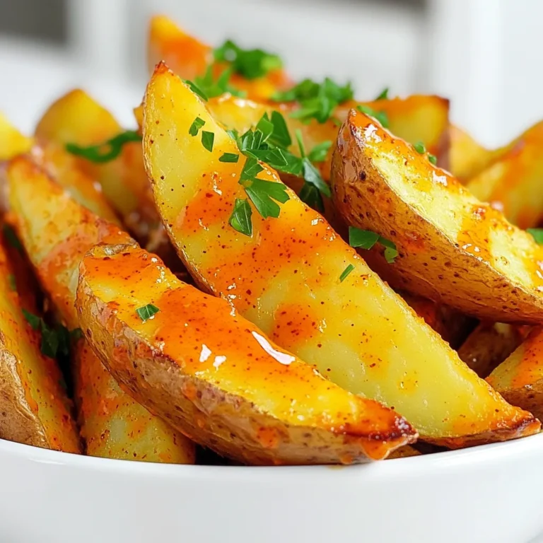 To make Air Fryer Buffalo Potato Wedges, you'll need: - 4 medium russet potatoes, cut into wedges - 3 tablespoons olive oil - 1 teaspoon garlic powder - 1 teaspoon onion powder - 1 teaspoon smoked paprika - ½ teaspoon cayenne pepper (adjust to taste) - Salt and pepper to taste - ¼ cup buffalo sauce - Fresh parsley, chopped (for garnish) If you don't have russet potatoes, you can use Yukon gold or sweet potatoes. Both will work well. For olive oil, canola or avocado oil are good swaps. If you want a milder flavor, skip the cayenne pepper. You can also use fresh garlic instead of garlic powder. Just use one clove, minced. Use a kitchen scale for accurate potato weight. If you don't have one, a medium potato typically weighs about 6-7 ounces. For liquids, use a clear measuring cup to get the right amount. Remember to level off dry ingredients like garlic powder for accurate measurements. This way, your wedges will turn out just right. Start with 4 medium russet potatoes. Wash them well under cold water. Cut each potato in half lengthwise. Then slice each half into wedges, about 8 wedges per potato. This gives you the perfect size for crispiness. In a large bowl, combine the potato wedges with 3 tablespoons of olive oil. Add 1 teaspoon each of garlic powder, onion powder, and smoked paprika. Then, mix in ½ teaspoon of cayenne pepper, along with salt and pepper to taste. Toss the wedges well until the spices coat them evenly. This step adds great flavor to your wedges. Preheat your air fryer to 400°F (200°C) for about 5 minutes. Place the seasoned potato wedges in a single layer in the basket. Do not overcrowd the basket; this helps them cook evenly. Cook the wedges for 15-20 minutes. Shake the basket halfway through to ensure even cooking. When done, the wedges should be crispy and golden brown. Transfer them to a bowl and drizzle ¼ cup of buffalo sauce over the top. Toss gently to coat the wedges. Enjoy the spicy goodness! To get that perfect crisp on your buffalo potato wedges, start with fresh russet potatoes. They have the right starch level for a crunchy bite. Make sure you cut the wedges evenly. This helps them cook at the same rate. Don't skip the olive oil; it gives the wedges that nice golden finish. When you cook, keep them in a single layer in the air fryer. Overcrowding can make them soggy, so air has to flow around each wedge. Shake the basket halfway through cooking to ensure even crisping. Buffalo sauce can be spicy, so adjust the heat to your taste. Start with half a teaspoon of cayenne pepper if you're unsure. You can always add more later. If you want a milder flavor, try adding less buffalo sauce or mix it with a bit of yogurt or sour cream. This will calm the heat without losing the buffalo flavor. Always taste as you go, and remember, you can always add spice, but you can't take it away. These buffalo potato wedges are perfect for sharing! Serve them hot as a snack or side dish. They pair well with blue cheese or ranch dressing for dipping. You can also add chopped green onions or crumbled feta on top for extra flavor. Consider serving them alongside grilled chicken or veggie burgers for a complete meal. Fresh parsley on top adds a nice touch and brightens up the dish. Enjoy your tasty creation! {{image_2}} You can change the flavor of your buffalo potato wedges by using different seasonings. Try using Italian herbs like oregano and basil. A dash of cumin adds warmth, while chili powder gives a nice kick. For a smoky touch, use chipotle powder instead of cayenne. You can even mix in some ranch seasoning for a creamy twist. Making buffalo potato wedges vegan is easy. Just use a vegan buffalo sauce. Most brands are naturally plant-based. For gluten-free options, check the sauce label to ensure it’s safe. All the other ingredients, like potatoes and spices, are gluten-free. This way, everyone can enjoy a tasty snack. If you love cheese, sprinkle some shredded cheddar or blue cheese on top. It melts nicely over the hot wedges. For a fresh touch, add diced green onions or jalapeños. You can also serve them with a side of ranch or blue cheese dressing for dipping. These toppings make the dish even more fun and tasty! After enjoying your air fryer buffalo potato wedges, let them cool. Place them in an airtight container. Store them in the fridge for up to three days. This keeps them fresh and ready for your next snack or meal. To reheat the wedges, use your air fryer. Preheat it to 350°F (175°C). Place the wedges in a single layer. Heat them for about 5-7 minutes. This helps them stay crispy. You can also use an oven. Preheat it to 350°F (175°C) and bake for 10-15 minutes. You can freeze the buffalo potato wedges for later. Let them cool completely. Arrange them in a single layer on a baking sheet. Freeze until solid, about 1-2 hours. Then, transfer the wedges to a freezer-safe bag. They will last for up to three months. When ready to eat, air fry them straight from the freezer. Adjust the cooking time as needed to ensure they are hot and crispy. Yes, you can use other potatoes. Yukon golds and sweet potatoes work well too. Each type has a unique taste. Yukon golds are creamy and sweet. Sweet potatoes add a nice flavor twist. Just remember to adjust cooking time if the wedges are thicker. To add more heat, increase the cayenne pepper. You can also use extra buffalo sauce. Try adding hot sauce to the mix before cooking. Another option is to use a spicy seasoning blend. Taste as you go to find your perfect heat level. Buffalo potato wedges taste great with ranch or blue cheese. These cool sauces balance the spice. You can also try a creamy garlic sauce for a fun twist. If you want something different, try a spicy mayo or honey mustard. Each dip enhances the flavor of the wedges. This blog post showed you how to make buffalo potato wedges. We covered ingredients, how to prepare them, and the cooking steps. You learned tips for crispiness and spice. We explored variations for different diets and how to store leftovers. Buffalo potato wedges are tasty and fun to make. Now, it’s time for you to try these flavors at home, with your own twists! Enjoy the cooking adventure!